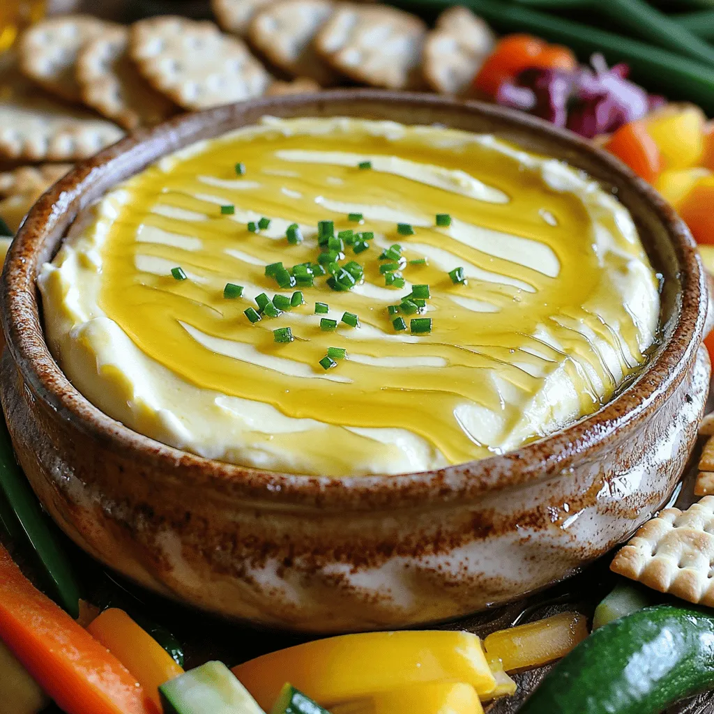 - 8 oz cream cheese, softened - ½ cup Greek yogurt - ¼ cup honey To make the dip, start with cream cheese. It gives the dip its rich and smooth base. Greek yogurt adds a nice tang and creaminess. Honey brings a sweet touch that balances the flavors. - 1 teaspoon red pepper flakes (adjust based on heat preference) - 1 tablespoon lemon juice - ½ teaspoon garlic powder Red pepper flakes give the dip a spicy kick. You can add more or less based on your taste. Lemon juice adds brightness and freshness. Garlic powder gives it a warm, savory depth. - ⅓ cup shredded sharp cheddar cheese - ¼ cup chopped fresh chives (or parsley for garnish) - Crackers, bread, or vegetables for dipping Shredded cheddar cheese melts beautifully on top. Fresh chives or parsley add color and flavor. For dipping, you can use crackers, crusty bread, or fresh veggies. These options make the dip fun and easy to enjoy. For the full recipe, check out the detailed steps to create this tasty dip! Preparing the Oven and Baking Dish First, you need to preheat your oven to 350°F (175°C). This step is important for even cooking. While the oven warms up, grab a small oven-safe dish. I like to use a round or square dish that holds about 2 cups. This will be perfect for our dip. Mixing the Primary Ingredients In a mixing bowl, take 8 oz of softened cream cheese and ½ cup of Greek yogurt. Blend these until they are smooth. You can use a hand mixer or a spatula. Next, add in ¼ cup of honey, 1 teaspoon of red pepper flakes, 1 tablespoon of lemon juice, and ½ teaspoon of garlic powder. Mix everything together until it’s well combined. Finally, fold in ⅓ cup of shredded sharp cheddar cheese. Make sure the cheese is evenly mixed in. Oven Settings and Timing Once your mixture is ready, transfer it to your oven-safe dish. Spread the dip evenly and smooth the top with a spatula. Place the dish in the preheated oven. Bake the dip for 20 to 25 minutes. You want it to be hot and bubbly around the edges. How to Check for Doneness To check if your dip is done, look for bubbling at the edges. You can also stick a knife in the center. If it comes out warm, the dip is ready. Best Practices for Serving Hot Serve the dip right from the oven for the best flavor. It tastes wonderful when hot. Top it with ¼ cup of chopped fresh chives for color and taste. Ideas for Plating For serving, arrange a platter with your favorite dippers. Crackers, crusty bread, or fresh veggies work great. This dip is perfect for parties or a cozy night in. You can find the full recipe to make this dip at home. Alternative Cheese Options If you want a twist, try using goat cheese or ricotta instead of cream cheese. Both add unique flavors. Goat cheese gives a tangy taste, while ricotta offers a light, airy texture. You can mix different cheeses for a fun flavor blend. Changing Up the Sweetness For a different sweetness, use maple syrup or agave instead of honey. These options can change the dip's flavor profile. They also work well if you want to avoid honey for dietary reasons. Importance of Ingredient Temperature Always start with room-temperature cream cheese and yogurt. Cold ingredients can make it hard to mix. Softened ingredients blend better, giving you a creamy dip. Mixing Techniques Use a handheld mixer or a spatula for blending. This allows you to control the texture. Mix until smooth and well-combined. Avoid over-mixing, as it can make the dip too airy. Spice Adjustment Tips Adjust the red pepper flakes based on your heat preference. If you love spice, add more. For a milder dip, use less. You can also try adding smoked paprika or cayenne for a different kick. Adding Fresh Herbs Chives or parsley can really brighten up your dip. Add them before serving for a fresh touch. You can also try basil or cilantro for a unique twist. Herbs can enhance both the taste and the look of your dip. {{image_2}} You can make this dip even hotter! Start by adding more red pepper flakes. You can also use hot sauce for a different flavor. Try adding jalapeños or even chipotle peppers. They bring extra heat and a smoky taste. Mix in fresh fruits like diced apples or pears. They give a sweet crunch. Nuts like walnuts or pecans add texture. You can also switch your honey. Try using wildflower or clover honey for unique tastes. Each type of honey has a different flavor profile. If you want a dairy-free dip, swap the cream cheese for cashew cheese or tofu. Use coconut yogurt instead of Greek yogurt. They give a creamy texture that works well. For flavor, add nutritional yeast or smoked paprika. These add depth without dairy. For storing leftovers, use an airtight container. Glass containers work great, but plastic ones are fine too. Make sure the lid seals tightly to keep air out. Always let the dip cool down to room temperature before you store it. This helps prevent moisture build-up inside the container. Refrigerate the dip as soon as possible. It will stay fresh for about 3 to 4 days. When you want to reheat the dip, use a microwave or an oven. If using a microwave, place the dip in a microwave-safe dish. Heat it in short bursts of 30 seconds. Stir in between to avoid hot spots. If using an oven, preheat it to 350°F (175°C). Cover the dish with foil to keep moisture in. Bake it for about 10-15 minutes until warm. This will help keep the dip creamy and delicious. Yes, you can freeze Hot Honey Cream Cheese Dip! To freeze, first let the dip cool completely. Then, spoon it into a freezer-safe container. Leave some space at the top for expansion. Seal the container tightly to avoid freezer burn. To thaw, move it to the fridge overnight. Once thawed, you can reheat it using the tips above. Enjoy your delicious dip even later! For the full recipe, check out the earlier section. You can dip many tasty things in this dip. Here are some popular options: - Crackers: Choose your favorite kind for a perfect crunch. - Bread: Use slices of baguette or crusty bread for a warm bite. - Vegetables: Fresh veggies like carrots, celery, or bell peppers add color and health. - Pretzels: These salty snacks pair well with the sweet and spicy flavors. - Chips: Tortilla chips or pita chips make a fun choice too. Yes, you can prepare this dip ahead of time. Here are some tips: - Mix the cream cheese and yogurt the day before. - Store it in the fridge in an airtight container. - When ready to serve, bake it just before your guests arrive. - This keeps the dip fresh and hot when you serve it. Leftovers can last for about 3 to 5 days in the fridge. Here are some storage tips: - Place the dip in an airtight container to keep it fresh. - Check for any signs of spoilage before eating. - Reheat in the oven to keep the creamy texture. - Enjoy your tasty dip again without waste! In this post, we explored how to make a delicious Hot Honey Cream Cheese Dip. We started with the main ingredients like cream cheese, Greek yogurt, and honey. Next, we covered preparation steps, baking instructions, and serving suggestions for the best taste. You also learned tips for creamy texture, flavor enhancement, and variations, including vegan options. Finally, we reviewed storage tips and common questions. Try this dip at your next gathering. It’s sure to be a hit!