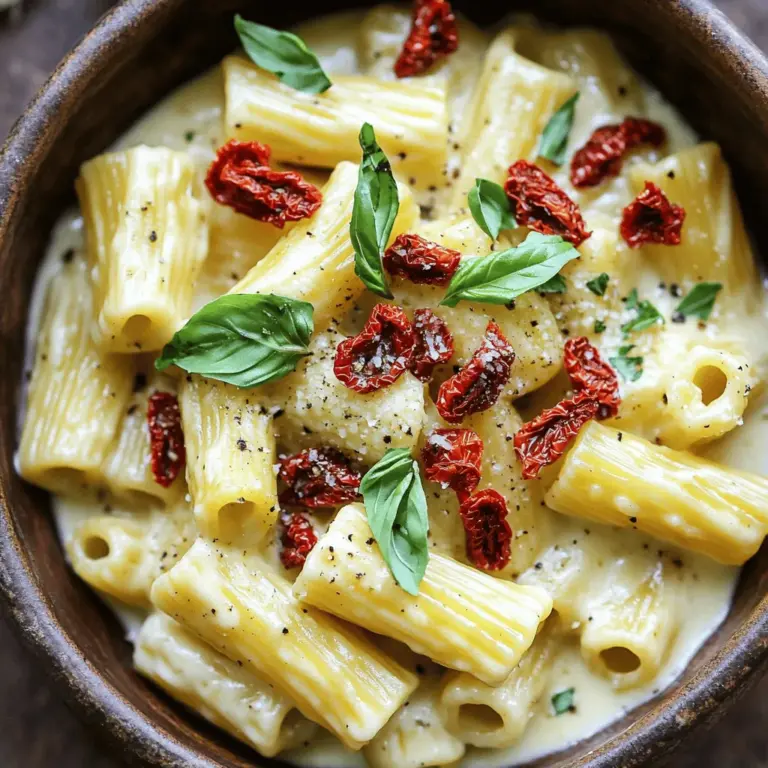 - 12 oz rigatoni pasta - 1 cup heavy cream - 2 tablespoons unsalted butter - 1 tablespoon olive oil - 3 cloves garlic, minced - 1 cup sun-dried tomatoes, chopped - 1 teaspoon dried basil - 1 teaspoon dried oregano - 1/2 cup grated Parmesan cheese - Salt and pepper to taste - Fresh basil leaves for garnish - Optional: 1 cup spinach or arugula for added greens The rigatoni pasta forms the base of this dish. Its tube shape holds the sauce well, making every bite creamy and flavorful. Heavy cream gives the sauce its rich texture. It blends smoothly with the cheese, creating a velvety finish. Unsalted butter adds depth to the sauce. It helps to sauté the garlic, which brings a lovely aroma. Garlic is a key player here, adding warmth and flavor to each bite. Sun-dried tomatoes bring a burst of sweetness and tang. They contrast nicely with the creaminess of the sauce. Dried basil and oregano add herbal notes, enhancing the overall flavor. Parmesan cheese is crucial. It adds saltiness and umami, making the sauce irresistible. Fresh basil leaves on top give a bright, fresh touch, making the dish visually appealing. If you want to change things up, try whole wheat rigatoni for a healthier option. For a dairy-free version, use coconut cream or cashew cream instead of heavy cream. Instead of sun-dried tomatoes, you can use fresh cherry tomatoes for a lighter taste. For herbs, fresh basil and oregano can replace dried ones, offering more vibrant flavors. If you prefer a different cheese, Pecorino Romano or nutritional yeast can work well. For greens, kale or Swiss chard can replace spinach or arugula, adding more nutrients. Check out the Full Recipe for more details on this creamy delight! Start by boiling a large pot of salted water. Once it bubbles, add 12 oz of rigatoni pasta. Cook it according to the package instructions. I like it al dente, firm but not hard. This usually takes about 9 to 11 minutes. When done, save 1/2 cup of the cooking water. Drain the pasta and set it aside for later. In the same pot, heat 1 tablespoon of olive oil and 2 tablespoons of unsalted butter over medium heat. Let it melt and mix together. Next, add 3 cloves of minced garlic. Sauté it for about 1 minute until the smell fills your kitchen. Then add 1 cup of chopped sun-dried tomatoes, 1 teaspoon of dried basil, and 1 teaspoon of dried oregano. Cook for another 2–3 minutes. This helps the flavors blend well. Now, pour in 1 cup of heavy cream. Bring it to a gentle simmer. Stir in 1/2 cup of grated Parmesan cheese, letting it melt into the sauce. If you want greens, toss in 1 cup of spinach or arugula and stir until it wilts. Add the cooked rigatoni to the sauce. Toss it well to coat every piece in creamy goodness. If the sauce feels too thick, pour in some of the reserved pasta water a little at a time. This helps reach your favorite consistency. Season with salt and pepper to taste. Let it heat through for another minute. Remove the pot from heat. Serve your creamy rigatoni right away. If you want to impress, sprinkle more Parmesan and fresh basil on top. For a wow factor, drizzle a bit of olive oil over the dish. Enjoy your creamy delight! You can find the full recipe for more details. One common mistake is overcooking the pasta. Rigatoni should be al dente, so check it a minute early. Another mistake is not saving the pasta water. This starchy water helps make the sauce creamy. Don’t skip the seasoning! Adding salt and pepper enhances all the flavors in your dish. Lastly, be careful not to rush the sauce. Let it simmer gently to bring out the best taste. To achieve the best creaminess, use heavy cream. It gives the sauce a rich texture. When adding Parmesan, do it slowly. This helps it melt evenly into the sauce. If the sauce gets too thick, add reserved pasta water. This will loosen it up without losing creaminess. Stir constantly while mixing. This keeps the sauce smooth and well combined. To serve, plate the creamy rigatoni in shallow bowls. Garnish with freshly grated Parmesan and a few basil leaves. This adds a nice touch and bright color. You can also drizzle olive oil for extra flavor. For a complete meal, pair it with a light salad or garlic bread. You can find the Full Recipe in the article for more details. Enjoy your meal! {{image_2}} You can easily make this creamy rigatoni vegetarian. Simply swap the sun-dried tomatoes for fresh. You can add more veggies like zucchini or bell peppers. Mushrooms also add a rich taste. They blend well with the creamy sauce. Use vegetable broth instead of water for cooking. This adds extra flavor to your dish. If you want to add protein, chicken works great. Cook diced chicken in the pot before adding garlic. Shrimp is also a fast option. Just toss them in during the last few minutes of cooking. For a heartier meal, use ground turkey or beef. Cook it with the garlic and tomatoes for a savory twist. Want to spice things up? Add crushed red pepper flakes for heat. A squeeze of lemon juice brightens the flavor. Fresh herbs like parsley or thyme can make your dish pop. Try using different cheese for a new taste. Goat cheese or feta gives a nice tang. You can also mix in some pesto for a unique twist. To keep your creamy rigatoni fresh, let it cool first. Place it in an airtight container. You can store it in the fridge for up to three days. Make sure to label the container with the date. This helps you know when to eat it. When you’re ready to enjoy leftovers, use a skillet or microwave. If using a skillet, add a splash of water or broth. This keeps the sauce nice and creamy. Heat it over low to medium heat. Stir often to warm it evenly. If using a microwave, heat in short bursts. Stir after each burst to avoid hot spots. You can freeze creamy rigatoni for later too. Use a freezer-safe container or bag. Leave some space at the top for the sauce to expand. It will last up to three months in the freezer. To thaw, place it in the fridge overnight. Reheat it gently as mentioned above for the best taste. For the full recipe, check out the details. Yes, you can use other pasta types. Penne, fusilli, or even spaghetti work well. Each shape offers a unique texture. Just ensure you cook it until al dente. This helps keep the dish from becoming mushy. If you want a lighter option, use half-and-half or whole milk. You can also blend silken tofu with a bit of water for a vegan choice. Coconut milk adds a nice flavor too. Just remember, each substitute may change the taste a bit. To make creamy rigatoni gluten-free, choose gluten-free pasta. Many brands offer great options that taste similar. Always check the label for gluten-free assurance. This way, you can enjoy this creamy meal without worry. This blog covered key ingredients, step-by-step instructions, and helpful tips for a creamy pasta dish. We explored ingredient alternatives, common mistakes, and ways to enhance flavors. Remember, cooking is about enjoying the process and experimenting with your food. Use what works for you and don’t stress about perfection. With these tips, you can create a delicious meal every time. Enjoy every bite and share with friends!