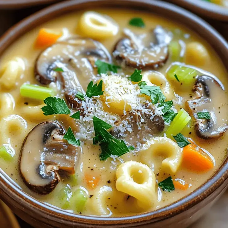 To make creamy mushroom pasta soup, you need fresh and simple ingredients. Here’s what you'll need: - 2 tablespoons olive oil - 1 medium onion, diced - 3 cloves garlic, minced - 8 oz (225 g) cremini mushrooms, sliced - 1 cup carrots, diced - 1 cup celery, diced - 6 cups vegetable broth - 1 cup elbow pasta - 1 cup heavy cream - 1 teaspoon dried thyme - Salt and pepper to taste - Fresh parsley, chopped (for garnish) - Grated Parmesan cheese (optional, for serving) These ingredients come together to create a rich and hearty soup. You can adjust the vegetables based on what you have at home. For a twist, add spinach or kale for extra nutrients. When it comes to garnishes, fresh parsley adds a bright flavor. Grated Parmesan cheese makes the soup even creamier and richer. If you prefer a lighter version, skip the cheese or use a dairy-free alternative. For the full recipe, check out the complete guide. Enjoy cooking this warm and inviting dish! To start, heat 2 tablespoons of olive oil in a large pot over medium heat. Next, add 1 medium onion, diced. Sauté for about 3-4 minutes until it softens. Then, stir in 3 cloves of minced garlic and cook for 1 more minute until it smells great. Now, add 8 oz of sliced cremini mushrooms to the pot. Sauté for about 5-6 minutes. You want the mushrooms to release their moisture and brown nicely. Then, mix in 1 cup of diced carrots and 1 cup of diced celery. Cook these for 4-5 minutes until they soften a bit. While those cook, prepare your pasta. You will need 1 cup of elbow pasta for this soup. Once the veggies are ready, pour in 6 cups of vegetable broth. Bring the mixture to a boil. When it boils, lower the heat and add the pasta. Cook for about 8-10 minutes, or until the pasta is al dente. Now, it’s time for the cream. Stir in 1 cup of heavy cream and 1 teaspoon of dried thyme. Mix everything well and let it simmer for 5 minutes. This helps thicken the soup. For the right consistency, if the soup is too thick, add a bit more broth. If it’s too thin, let it simmer a little longer. Season the soup with salt and pepper to taste. Adjust the flavors as you like. When ready to serve, ladle the soup into bowls. Garnish with fresh chopped parsley. You can also sprinkle some grated Parmesan cheese on top for extra flavor. Serve it warm, and don’t forget some crusty bread on the side! For the full recipe, check the link above. Enjoy your creamy mushroom pasta soup! To make creamy mushroom pasta soup quickly, prep your ingredients first. Chop your veggies and measure your broth. This saves time during cooking. Use a large pot for even heat. It helps cook everything evenly. For extra flavor, sauté the mushrooms until golden brown. This step brings out their rich taste. Adding fresh herbs like thyme right before serving gives a bright touch. One big mistake is overcooking the pasta. This can turn your soup mushy. Cook the pasta just until it's al dente. It will continue cooking in the hot soup. Another mistake is not seasoning enough. Taste your soup during cooking and add salt and pepper as needed. This small step can make a big difference. Serve your soup in deep bowls for a cozy look. Garnish with fresh parsley for a pop of color. You can also sprinkle some grated Parmesan cheese on top. It adds a creamy, savory finish. For sides, crusty bread pairs well. It’s perfect for dipping into the soup. Enjoy this dish warm for the best flavor. You can find the Full Recipe above for all the details. {{image_2}} You can change up the mushrooms in this soup. Cremini mushrooms are great, but try shiitake or portobello for new flavors. Each type adds a unique taste and texture. You can even mix several kinds for a fun twist. When it comes to pasta shapes, feel free to swap elbow pasta for any small shape. Shells or ditalini work well. These shapes hold the soup better and make it fun to eat. If you want to make this soup vegan, use coconut cream instead of heavy cream. It gives a nice richness while keeping it plant-based. For the broth, choose vegetable broth. Ensure all other ingredients are vegan-friendly. For gluten-free options, use gluten-free pasta. Many brands offer great shapes and textures. You can also use rice or quinoa for a different twist. Just adjust the cooking time to keep them tender. To boost the flavor, add herbs like basil or oregano. Fresh herbs add brightness. You can also try spices like paprika or chili flakes for heat. Just a pinch can change the whole dish. Using different types of broth can also enhance the taste. A rich mushroom broth can deepen the flavor. Chicken broth adds a savory touch, if you're not keeping it vegetarian. Experiment to find your favorite combination! To keep leftover creamy mushroom pasta soup fresh, let it cool first. Pour it into an airtight container. Store it in the fridge for up to three days. This will keep the flavors and textures nice. For best taste, eat the leftovers sooner rather than later. If you want to save it for later, freezing is a great option. Pour the cooled soup into freezer-safe bags or containers. Make sure to leave some space at the top, as the soup will expand when it freezes. You can keep it in the freezer for up to three months. To reheat, thaw it in the fridge overnight. Then, warm it on the stove over low heat. Stir often to help it heat evenly. Don’t let leftover soup go to waste! You can use it in many fun ways. Try turning the soup into a pasta bake. Just mix in some cooked pasta and top with cheese. Another idea is to use it as a sauce over grilled chicken or vegetables. You can also blend the soup to make a creamy sauce for a new dish. The options are endless! It takes about 45 minutes to make creamy mushroom pasta soup. You spend 15 minutes prepping and 30 minutes cooking. This time gives you a rich, tasty soup that warms your soul. Yes, you can use other types of pasta! Shells, penne, or even gluten-free pasta work well. Just adjust the cooking time to match the pasta you choose. This way, you keep the soup fun and fresh. Creamy mushroom pasta soup is quite healthy. It has plenty of veggies, like onions, carrots, and celery. Using vegetable broth keeps it light. You can adjust the cream to reduce fat if you want. Absolutely! You can make this soup up to three days ahead. Store it in the fridge in an airtight container. Just reheat it gently on the stove before serving. I love serving this soup with crusty bread or a fresh salad. Garlic bread adds a nice touch too. You can also pair it with a light, zesty side dish to balance the creaminess. You can find the full recipe [here](#). Just click for all the details to recreate this warm and tasty dish! This blog post covered everything you need for creamy mushroom pasta soup. We explored the right ingredients, cooking steps, and tips for perfect flavor. You learned how to avoid common mistakes and present your dish beautifully. We also discussed variations and storage options to keep it fresh. Enjoy experimenting with this recipe and making it your own. Delicious soup can brighten any day! Cook it, share it, and enjoy every spoonful.