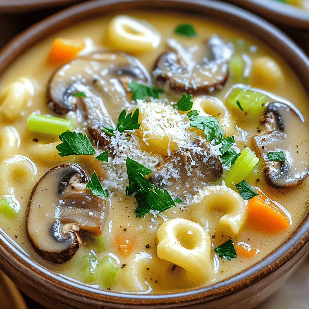 To make creamy mushroom pasta soup, you need fresh and simple ingredients. Here’s what you'll need: - 2 tablespoons olive oil - 1 medium onion, diced - 3 cloves garlic, minced - 8 oz (225 g) cremini mushrooms, sliced - 1 cup carrots, diced - 1 cup celery, diced - 6 cups vegetable broth - 1 cup elbow pasta - 1 cup heavy cream - 1 teaspoon dried thyme - Salt and pepper to taste - Fresh parsley, chopped (for garnish) - Grated Parmesan cheese (optional, for serving) These ingredients come together to create a rich and hearty soup. You can adjust the vegetables based on what you have at home. For a twist, add spinach or kale for extra nutrients. When it comes to garnishes, fresh parsley adds a bright flavor. Grated Parmesan cheese makes the soup even creamier and richer. If you prefer a lighter version, skip the cheese or use a dairy-free alternative. For the full recipe, check out the complete guide. Enjoy cooking this warm and inviting dish! To start, heat 2 tablespoons of olive oil in a large pot over medium heat. Next, add 1 medium onion, diced. Sauté for about 3-4 minutes until it softens. Then, stir in 3 cloves of minced garlic and cook for 1 more minute until it smells great. Now, add 8 oz of sliced cremini mushrooms to the pot. Sauté for about 5-6 minutes. You want the mushrooms to release their moisture and brown nicely. Then, mix in 1 cup of diced carrots and 1 cup of diced celery. Cook these for 4-5 minutes until they soften a bit. While those cook, prepare your pasta. You will need 1 cup of elbow pasta for this soup. Once the veggies are ready, pour in 6 cups of vegetable broth. Bring the mixture to a boil. When it boils, lower the heat and add the pasta. Cook for about 8-10 minutes, or until the pasta is al dente. Now, it’s time for the cream. Stir in 1 cup of heavy cream and 1 teaspoon of dried thyme. Mix everything well and let it simmer for 5 minutes. This helps thicken the soup. For the right consistency, if the soup is too thick, add a bit more broth. If it’s too thin, let it simmer a little longer. Season the soup with salt and pepper to taste. Adjust the flavors as you like. When ready to serve, ladle the soup into bowls. Garnish with fresh chopped parsley. You can also sprinkle some grated Parmesan cheese on top for extra flavor. Serve it warm, and don’t forget some crusty bread on the side! For the full recipe, check the link above. Enjoy your creamy mushroom pasta soup! To make creamy mushroom pasta soup quickly, prep your ingredients first. Chop your veggies and measure your broth. This saves time during cooking. Use a large pot for even heat. It helps cook everything evenly. For extra flavor, sauté the mushrooms until golden brown. This step brings out their rich taste. Adding fresh herbs like thyme right before serving gives a bright touch. One big mistake is overcooking the pasta. This can turn your soup mushy. Cook the pasta just until it's al dente. It will continue cooking in the hot soup. Another mistake is not seasoning enough. Taste your soup during cooking and add salt and pepper as needed. This small step can make a big difference. Serve your soup in deep bowls for a cozy look. Garnish with fresh parsley for a pop of color. You can also sprinkle some grated Parmesan cheese on top. It adds a creamy, savory finish. For sides, crusty bread pairs well. It’s perfect for dipping into the soup. Enjoy this dish warm for the best flavor. You can find the Full Recipe above for all the details. {{image_2}} You can change up the mushrooms in this soup. Cremini mushrooms are great, but try shiitake or portobello for new flavors. Each type adds a unique taste and texture. You can even mix several kinds for a fun twist. When it comes to pasta shapes, feel free to swap elbow pasta for any small shape. Shells or ditalini work well. These shapes hold the soup better and make it fun to eat. If you want to make this soup vegan, use coconut cream instead of heavy cream. It gives a nice richness while keeping it plant-based. For the broth, choose vegetable broth. Ensure all other ingredients are vegan-friendly. For gluten-free options, use gluten-free pasta. Many brands offer great shapes and textures. You can also use rice or quinoa for a different twist. Just adjust the cooking time to keep them tender. To boost the flavor, add herbs like basil or oregano. Fresh herbs add brightness. You can also try spices like paprika or chili flakes for heat. Just a pinch can change the whole dish. Using different types of broth can also enhance the taste. A rich mushroom broth can deepen the flavor. Chicken broth adds a savory touch, if you're not keeping it vegetarian. Experiment to find your favorite combination! To keep leftover creamy mushroom pasta soup fresh, let it cool first. Pour it into an airtight container. Store it in the fridge for up to three days. This will keep the flavors and textures nice. For best taste, eat the leftovers sooner rather than later. If you want to save it for later, freezing is a great option. Pour the cooled soup into freezer-safe bags or containers. Make sure to leave some space at the top, as the soup will expand when it freezes. You can keep it in the freezer for up to three months. To reheat, thaw it in the fridge overnight. Then, warm it on the stove over low heat. Stir often to help it heat evenly. Don’t let leftover soup go to waste! You can use it in many fun ways. Try turning the soup into a pasta bake. Just mix in some cooked pasta and top with cheese. Another idea is to use it as a sauce over grilled chicken or vegetables. You can also blend the soup to make a creamy sauce for a new dish. The options are endless! It takes about 45 minutes to make creamy mushroom pasta soup. You spend 15 minutes prepping and 30 minutes cooking. This time gives you a rich, tasty soup that warms your soul. Yes, you can use other types of pasta! Shells, penne, or even gluten-free pasta work well. Just adjust the cooking time to match the pasta you choose. This way, you keep the soup fun and fresh. Creamy mushroom pasta soup is quite healthy. It has plenty of veggies, like onions, carrots, and celery. Using vegetable broth keeps it light. You can adjust the cream to reduce fat if you want. Absolutely! You can make this soup up to three days ahead. Store it in the fridge in an airtight container. Just reheat it gently on the stove before serving. I love serving this soup with crusty bread or a fresh salad. Garlic bread adds a nice touch too. You can also pair it with a light, zesty side dish to balance the creaminess. You can find the full recipe [here](#). Just click for all the details to recreate this warm and tasty dish! This blog post covered everything you need for creamy mushroom pasta soup. We explored the right ingredients, cooking steps, and tips for perfect flavor. You learned how to avoid common mistakes and present your dish beautifully. We also discussed variations and storage options to keep it fresh. Enjoy experimenting with this recipe and making it your own. Delicious soup can brighten any day! Cook it, share it, and enjoy every spoonful.