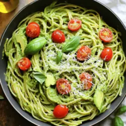 To make creamy avocado pasta, gather these key items: - 2 ripe avocados, pitted and peeled - 2 garlic cloves, minced - 1/4 cup fresh basil leaves (plus extra for garnish) - 2 tablespoons lemon juice - 1/4 cup extra-virgin olive oil - Salt and pepper to taste - 300g spaghetti or fettuccine - 1/2 cup cherry tomatoes, halved These ingredients blend well together. The avocados give a rich and creamy base. Garlic adds a nice touch of flavor. Lemon juice brings brightness, while basil offers freshness. You can enhance your dish with these tasty garnishes: - 1/4 cup grated parmesan cheese (optional for garnish) - Crushed red pepper flakes (optional for heat) Parmesan adds a savory note. Red pepper flakes give your pasta a spicy kick. Feel free to mix and match based on your taste. For this recipe, I recommend these pasta choices: - Spaghetti - Fettuccine - Linguine Spaghetti works great for a classic feel. Fettuccine gives a nice, creamy bite. Linguine offers a lovely twist. Choose your favorite to make this dish shine. For the complete recipe, check out the Full Recipe. Start by boiling salted water in a large pot. Once it bubbles, add your spaghetti or fettuccine. Cook until al dente, following the time on the package. This usually takes about 8 to 10 minutes. Remember to save 1 cup of pasta water before draining. This water is magic; it helps the sauce stick later. While the pasta cooks, grab a food processor. Add the ripe avocados, minced garlic, fresh basil leaves, lemon juice, and olive oil. Blend until it becomes creamy and smooth. If the sauce feels too thick, don’t worry! Just add a few tablespoons of that reserved pasta water. Blend again until it’s just right. Once your pasta is drained, toss it into a large mixing bowl. Pour the creamy avocado sauce over it. Mix well, making sure each strand is coated. If it seems dry, add a bit more pasta water. Now, gently fold in halved cherry tomatoes for a fresh taste. Serve it hot, and don’t forget to check out the Full Recipe for more tips! When choosing avocados, look for ripe ones. They should feel slightly soft when you gently squeeze them. A dark green color on the skin usually means they are ripe. Avoid any avocados with large dark spots or wrinkles. If you find hard avocados, place them in a brown paper bag. This helps them ripen faster. You can change the taste and thickness of your avocado sauce easily. If you want it creamier, add more olive oil. For a zestier flavor, squeeze in more lemon juice. If the sauce is too thick, stir in some reserved pasta water a little at a time. This keeps the sauce smooth and helps it coat the pasta well. Serve the creamy avocado pasta in a large bowl or individual plates. For a touch of color, add fresh basil leaves on top. You can also drizzle a bit of olive oil for shine. If you enjoy cheese, sprinkle parmesan on the pasta. For some heat, add crushed red pepper flakes. This dish pairs well with a light salad or garlic bread. Enjoy your delicious meal! {{image_2}} You can make creamy avocado pasta even better by adding protein. Grilled chicken is a great choice. It adds flavor and makes the dish heartier. Simply slice cooked chicken and toss it in with the pasta. Shrimp also works well. Cook shrimp until pink and add it to the mix. Both options give you energy and taste. If you need a gluten-free choice, use gluten-free pasta. Many brands make pasta from rice or corn. These types cook like regular pasta. You won't lose any flavor. Just follow the package instructions. The creamy avocado sauce pairs well with these alternatives. You can change the flavors with spices and herbs. Adding a pinch of crushed red pepper gives it heat. Fresh herbs like parsley or cilantro add brightness. Try a dash of smoked paprika for a unique twist. You can also use lemon zest for extra zing. Taste as you go to find your favorite mix. Store leftover creamy avocado pasta in an airtight container. This keeps it fresh and tasty. Place it in the fridge for up to two days. If the pasta seems dry, mix in a splash of olive oil before eating. Always remember, avocado can brown quickly, so eat it soon! When reheating, do it gently. Use a microwave or a pan on low heat. If it looks thick, add a little water or olive oil. Stir it well to bring back the creamy texture. Heat until warm, not hot, to keep the flavor. You can freeze creamy avocado pasta, but it may change texture. To freeze, place the pasta in a freezer-safe container. Leave some space at the top for expansion. Use within one month for the best taste. When ready to eat, thaw in the fridge overnight and reheat gently. Avoid refreezing after thawing. For the full recipe and more tips, check out the [Full Recipe]. To make Creamy Avocado Pasta vegan, skip the parmesan cheese. Use nutritional yeast for a cheesy flavor. You can also add more herbs for extra taste. This way, you keep the dish creamy and tasty without any animal products. Yes, you can prepare the avocado sauce ahead of time. Just blend the avocados, garlic, basil, lemon juice, and olive oil. Store the sauce in an airtight container in the fridge. To keep it fresh, press plastic wrap directly onto the sauce. This keeps it from turning brown. Creamy Avocado Pasta pairs well with many sides. You can serve it with a simple salad or garlic bread. For protein, grilled chicken or shrimp work great. You can also offer some roasted veggies on the side. Check out the Full Recipe for more ideas on serving! This blog post covered how to make a delicious creamy avocado pasta from scratch. We looked at key ingredients, cooking steps, and helpful tips. You can adjust flavors, try protein options, and even go gluten-free. Remember to store leftovers correctly and reheating them is simple. With this guide, you can create a tasty meal, impress friends, and enjoy cooking. For the full recipe, dive back into the steps to make this easy and fun dish whenever you wish.