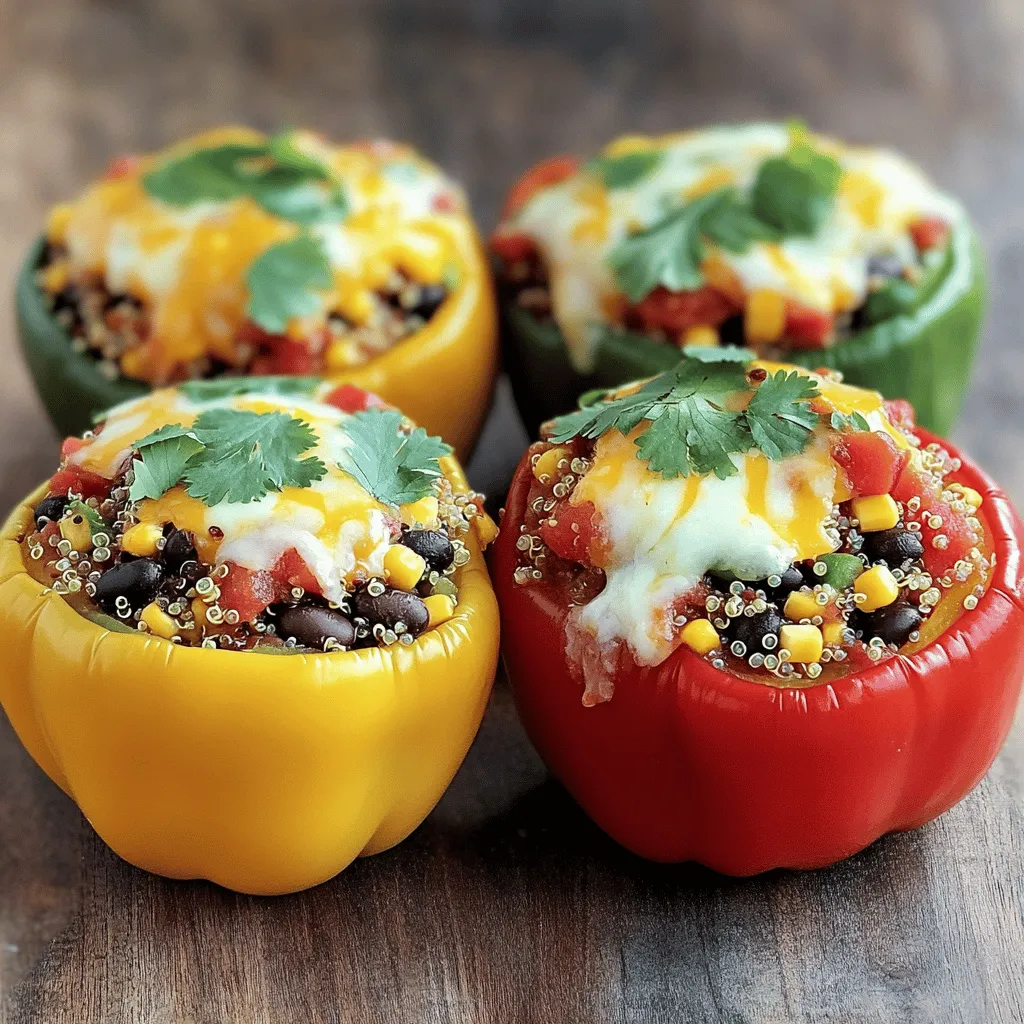 - 4 medium bell peppers (any color) - 1 cup quinoa, rinsed - 2 cups vegetable broth - 1 cup black beans, drained and rinsed - 1 cup corn, fresh or frozen - ½ cup diced tomatoes (fresh or canned) - ½ cup shredded cheese (cheddar or vegan alternative) - 1 small red onion, diced - 2 cloves garlic, minced - 1 teaspoon cumin - 1 teaspoon smoked paprika - Salt and pepper to taste For this recipe, I use a mix of essential and optional ingredients. The bell peppers are the stars. Their colors bring joy to your plate. Quinoa is the base and gives a nice texture. Black beans add protein and fiber, making the dish filling. You can add corn for sweetness and tomatoes for freshness. Cheese can make it rich and creamy but is totally up to you! Herbs and spices give the dish its flavor. The red onion and garlic bring a nice aroma. Cumin and smoked paprika add warmth and depth. Don’t forget salt and pepper to enhance all those flavors. For the full recipe, check out the details above. Happy cooking! - Preheat the oven to 375°F (190°C). - Cut the tops off the bell peppers and remove the seeds and membranes. - Bring vegetable broth to a boil, add quinoa, cover, and simmer for 15 minutes. - In a large skillet, heat olive oil over medium heat. - Sauté diced red onion until soft, about 3 minutes. - Add minced garlic, cumin, and smoked paprika. Cook for one more minute until fragrant. - Mix in black beans, corn, diced tomatoes, and cooked quinoa. Stir well. - Stuff each bell pepper with the quinoa mixture, pressing down gently to pack it. - If you like cheese, top each pepper with shredded cheese. - Place the stuffed peppers in a baking dish and cover with foil. - Bake for 25 minutes, then remove the foil. - Bake for another 10-15 minutes until the peppers are tender and cheese is melted. For the complete preparation details, check the Full Recipe. - Rinse the quinoa well. This removes any bitterness. - Use corn based on what you have. Fresh corn adds sweetness, while frozen is easy. - Try different cheeses to boost taste. Cheddar, feta, or even goat cheese work well. - Add spices like oregano or chili powder. This can change the dish's flavor profile. - Serve the peppers with fresh herbs. Cilantro or parsley adds a bright touch. - Use a colorful plate for serving. It makes the dish more inviting. {{image_2}} You can add ground turkey or plant-based protein to your stuffed peppers. This change adds more protein and a hearty texture. Ground turkey gives a nice flavor and keeps it lean. For a plant-based option, try lentils or crumbled tempeh. Both are healthy choices and work well with the other ingredients. If you follow a vegetarian or vegan diet, there are great swaps available. Use vegan cheese instead of regular cheese. Make sure all other ingredients, like the vegetable broth, are plant-based. You can also add extra veggies, like spinach or zucchini, for more flavor and nutrients. Substituting quinoa with brown rice or farro can change the dish's texture. Brown rice is a great option if you want a chewy bite. Farro adds a nutty taste that pairs well with the peppers. Each grain gives a unique twist to this classic recipe. For the full recipe, refer to the section above. Store your leftover stuffed bell peppers in an airtight container. This keeps them fresh. Place them in the refrigerator. They will stay good for about 3 to 5 days. To save your stuffed peppers for later, freeze them individually. Wrap each one in plastic wrap or foil. Use a freezer-safe bag for extra protection. This method helps them last for months. For the best texture, reheat your stuffed peppers in the oven. Set the oven to 350°F (175°C) and heat for about 20 minutes. If you're in a hurry, you can use the microwave. Heat them on medium power for 2 to 3 minutes. Enjoy your meal! Typically, they last 3-5 days when stored properly. Store them in an airtight container to keep them fresh. If you want to eat them later, make sure they cool down before sealing. Yes, you can prepare and stuff the peppers a day in advance. Just store them in the fridge until you are ready to bake. This makes dinner easy and quick. Use rice, couscous, or lentils as alternative fillings. Each option gives a unique taste and texture. Experiment to find your favorite. Yes, this recipe is naturally gluten-free provided you use gluten-free ingredients. Always check labels to ensure all items are gluten-free. This makes it safe for those with gluten allergies. For the full recipe, check the details provided earlier. Stuffed bell peppers are tasty and easy to make. We covered essential and optional ingredients, cooking steps, and tips for great flavor. You can customize this dish to fit your needs with different proteins, grains, or veggies. Storing leftovers and reheating them is simple, too. Whether you enjoy them fresh or heat them up later, they are sure to please! Explore these ideas and create your own delicious stuffed peppers today.
