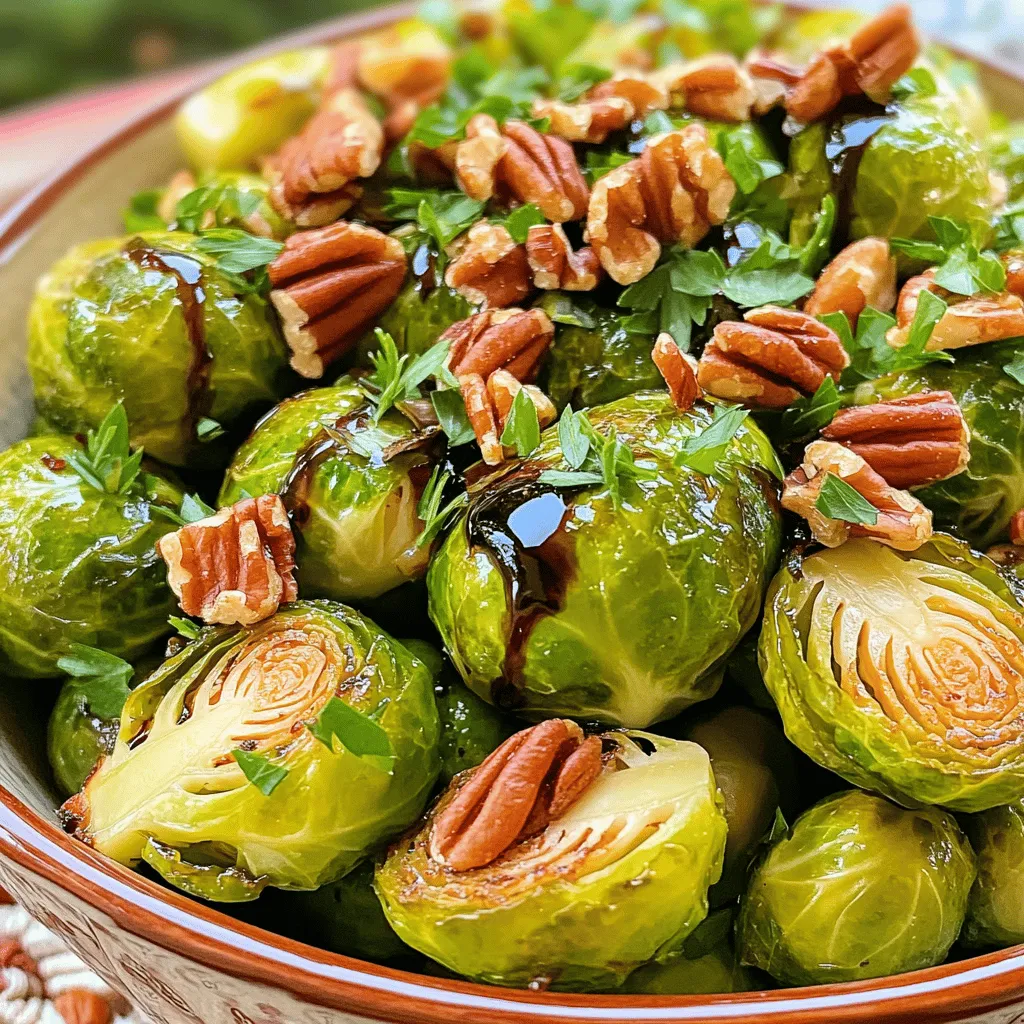 - 1 lb Brussels sprouts, halved - 2 tablespoons olive oil - 1/2 teaspoon garlic powder - 1/2 teaspoon salt - 1/4 teaspoon black pepper - 1/2 cup balsamic vinegar - 2 tablespoons maple syrup - 1/4 cup toasted pecans, chopped - Fresh parsley, chopped To make this dish, you need fresh Brussels sprouts. Halve them for even cooking. Olive oil brings flavor and helps the sprouts crisp up. Garlic powder adds a nice touch, while salt and black pepper enhance the taste. The balsamic vinegar gives sweetness and tang. Maple syrup adds depth and balances the vinegar. The toasted pecans add crunch, and parsley brightens the dish. - Bacon or pancetta for added flavor - Parmesan cheese for a cheesy twist - Honey for a sweeter glaze If you want to change things up, bacon or pancetta adds a savory kick. Parmesan cheese can make it creamy and rich. You can also drizzle honey if you prefer a sweeter glaze. These options let you customize the dish to your taste. To start, you need to clean the Brussels sprouts. Rinse them under cold water to remove dirt. Trim off any brown ends. Then, cut each sprout in half from top to bottom. This step is crucial. Even cuts help the sprouts cook at the same time. If you have some uneven pieces, they may burn or stay too hard. Now, it’s time to roast! Preheat your oven to 400°F (200°C). In a big bowl, toss the halved Brussels sprouts with olive oil, garlic powder, salt, and black pepper. Make sure every piece gets coated well. Spread them out on a baking sheet in one layer. Bake for 20 to 25 minutes. Flip them halfway through cooking. This flipping helps them turn golden brown and crisp. While the sprouts roast, let’s make the balsamic glaze. In a small saucepan, mix balsamic vinegar and maple syrup over medium heat. Bring it to a gentle simmer. Cook for 5 to 7 minutes until it thickens. You want it to reduce by half. This step is key for a rich flavor. Once thickened, take it off the heat and let it cool a bit. The glaze should balance sweet and tangy flavors, so taste it as you go. For the full recipe, check out the [Full Recipe]. Timing is key for the perfect glaze. Drizzle it on just before serving. This keeps the glaze fresh and bright. To apply the glaze, use a spoon or a small cup. A squeeze bottle works well too. For mixing, I like using a whisk. It helps blend the balsamic vinegar and maple syrup quickly. A small saucepan is perfect for heating. Make sure to stir often to avoid burning the sauce. To boost flavor, try adding fresh herbs. Thyme and rosemary work well with Brussels sprouts. You could also add a pinch of red pepper flakes for heat. When thinking about sides, roasted chicken or fish pairs nicely. You can also serve these sprouts with a grain salad. Quinoa or farro adds great texture and taste. For a twist, add nuts or cheese to your salad for added crunch. For the full recipe, check the complete guide. {{image_2}} You can add bacon or pancetta for a savory twist. This gives the dish a nice crunch and rich flavor. Just cook the bacon until crispy, then chop it up and mix it with the Brussels sprouts before baking. Another great option is to incorporate Parmesan cheese for a creamy texture. Sprinkle some grated cheese over the sprouts before serving. It melts beautifully and adds a delightful taste. Dried cranberries bring a sweet touch to your dish. Toss in a handful after roasting for a burst of flavor and color. You can also experiment with different nuts, like walnuts or almonds. These nuts add crunch and enhance the overall experience. Just chop them up and mix them in before serving. These variations make the dish even more exciting! For the full recipe, check out the Balsamic Bliss Brussels Sprouts. After you enjoy your balsamic glazed Brussels sprouts, save leftovers properly. Let them cool to room temperature. Then, place them in an airtight container. This helps keep them fresh. Store them in the fridge for up to three days. When you are ready to eat them, reheat in the oven. Preheat your oven to 350°F (175°C). Spread the sprouts on a baking sheet. Heat for about 10-15 minutes until warm. This keeps them crispy and tasty. Can you freeze balsamic glazed Brussels sprouts? Yes, you can! Freezing is a great way to save extras for later. First, let the sprouts cool completely. Then, place them in a freezer-safe bag or container. Make sure to remove as much air as possible. This prevents freezer burn. You can freeze them for up to three months. When you want to eat them, thaw in the fridge overnight. To reheat, follow the same oven method as before. Enjoy those delicious sprouts even after freezing! Balsamic glazed Brussels sprouts last about 3 to 5 days in the fridge. Store them in an airtight container to keep them fresh. Always check for any off smells or changes in texture before eating. Yes, you can easily make this recipe vegan. Use maple syrup instead of honey. Make sure to check the balsamic vinegar label for any non-vegan ingredients. These Brussels sprouts pair well with many dishes. Try serving them with roasted chicken, grilled steak, or a hearty grain salad. They also work nicely alongside mashed potatoes or quinoa. Brussels sprouts are done when they are tender and slightly caramelized. They should be golden brown on the outside. You can test their doneness by piercing them with a fork; they should be soft but not mushy. You learned how to make delicious balsamic glazed Brussels sprouts. We covered key ingredients, from olive oil to maple syrup. Prepping and roasting tips help you achieve that perfect glaze. You can also experiment with flavors, like adding bacon or cheese. Store any leftovers properly for future meals. Enjoy your new recipe and impress your friends with this dish!