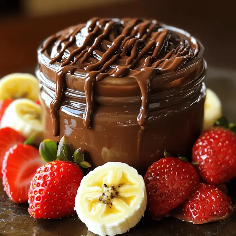 To make a rich chocolate hazelnut spread, you need these key ingredients: - 1 ½ cups raw hazelnuts - 1 cup dark chocolate chips (or chopped chocolate) - 2 tablespoons coconut oil - 2 tablespoons maple syrup (or honey) - 1 teaspoon vanilla extract - ¼ teaspoon sea salt These ingredients work together to create a smooth and creamy treat. The hazelnuts provide a nutty base, while dark chocolate adds sweetness and depth. Coconut oil helps with texture, making your spread silky. You can adjust your spread with these optional ingredients: - 2 tablespoons cocoa powder for a richer chocolate flavor - A pinch of instant coffee for added depth - A sprinkle of cinnamon for warmth Feel free to get creative! Each option can enhance the flavor and make your spread unique. Each serving of this spread offers a delightful mix of nutrients. Here’s what you can expect per tablespoon: - Calories: 100 - Fat: 6g - Carbohydrates: 10g - Protein: 2g - Sugars: 2g This spread provides healthy fats from hazelnuts and a sweet treat without guilt. Enjoy it on toast or with fruits! If you want the complete details, check the Full Recipe. Making chocolate hazelnut spread is easy and fun. You start by roasting the hazelnuts. Roasting brings out their nutty flavor and makes them taste amazing. Next, you blend the hazelnuts until they turn into a smooth nut butter. After that, you melt the chocolate with coconut oil. Mixing these creates a rich, creamy spread. Finally, you add maple syrup, vanilla, and sea salt. Blend until everything is smooth. To roast the hazelnuts, preheat your oven to 350°F (175°C). Spread the hazelnuts on a baking sheet. Roast them for about 10-12 minutes. Stir halfway through for even roasting. They should look golden and smell great. Once they cool, take a clean kitchen towel and rub the hazelnuts. This helps remove the skins. Don’t worry if some skins stick. Just use what you can. In a food processor, add the roasted hazelnuts. Blend them on high speed for about 5 minutes. Stop to scrape the sides as needed. The goal is to make a smooth nut butter. Once smooth, melt the chocolate and coconut oil together. You can do this in a microwave or a double boiler. If you want a richer flavor, add cocoa powder here. After melting, pour this mix into the food processor with the hazelnuts. Blend until creamy and well combined. Taste it to adjust the sweetness if needed. Finally, transfer the spread to a jar and let it cool before sealing. For the full recipe, check out the details above. Roasting hazelnuts brings out their rich flavor. Preheat your oven to 350°F (175°C). Spread the hazelnuts evenly on a baking sheet. Roast for about 10-12 minutes. Stir them halfway through to ensure even cooking. Watch for a golden color and a nutty smell. This sign shows they are ready. Once roasted, let them cool for a bit. For a creamy spread, blending is key. After roasting, use a clean towel to rub off the skins. Some may stick, and that's okay! Place the hazelnuts in a food processor. Blend on high speed for about 5 minutes. Stop to scrape down the sides as needed. This process turns hazelnuts into a smooth butter. Then, mix in the melted chocolate and other ingredients. Blend until creamy and smooth. One common mistake is over-roasting hazelnuts. This can make them bitter. Keep an eye on them while roasting. Another mistake is not blending long enough. You want a silky texture, so blend well! Also, taste your spread before storing it. Adjust sweetness or salt if needed. This step ensures a perfect flavor. {{image_2}} You can change your chocolate hazelnut spread by adding fun flavors. Try mixing in a bit of coffee for a rich taste. Just use 1 tablespoon of instant coffee granules. If you like spice, add 1 teaspoon of cinnamon. This brings warmth and depth to your spread. You can also try some sea salt for a sweet and salty mix. If you want a healthier option, swap out regular sweeteners with natural ones. Maple syrup works great, as it adds a nice flavor. You could also use agave syrup or honey. These sweeteners give a unique taste and keep it wholesome. Adjust the amount to your liking. A little goes a long way! The type of chocolate you choose makes a big difference. Dark chocolate gives a rich and bold flavor. It pairs well with hazelnuts and makes a deep spread. Milk chocolate, on the other hand, is creamier and sweeter. This choice might be better for kids. You could even mix the two for a nice balance. The choice is yours! For more details, check out the Full Recipe above. To keep your chocolate hazelnut spread fresh, store it in an airtight container. Glass jars work great as they seal tightly. Always use a clean spoon to scoop it out. This keeps out moisture and germs. Homemade chocolate hazelnut spread lasts about two weeks at room temperature. If you want it to last longer, you can freeze it. It stays good for up to three months in the freezer. Just make sure to leave some space in the container for expansion. Choose containers that are airtight, dark, and glass if possible. These help protect the spread from light and air. If you use plastic, ensure it is BPA-free. Label your jars with the date to track freshness easily. Homemade chocolate hazelnut spread lasts about two weeks in the fridge. Store it in an airtight jar. If you freeze it, it can last up to three months. Just remember to let it thaw before use. Yes, you can use other nuts. Almonds and cashews work well, too. Each nut gives a unique flavor and texture. Almonds create a milder taste, while cashews make it creamier. Just roast and blend them like hazelnuts. You can find the ingredients at most grocery stores. Look for raw hazelnuts in the nut aisle. Dark chocolate and coconut oil are usually in the baking section. Maple syrup can be found with other sweeteners. For the full recipe, check the baking aisle for cocoa powder if you want a richer taste. Making chocolate hazelnut spread is simple and fun. You learned about key ingredients, from essential to optional, and the nutritional facts. I shared step-by-step instructions to create a smooth spread and tips to avoid mistakes. Variations offer flavors like coffee or cinnamon. You can also use healthy swaps. Finally, proper storage tips help keep your spread fresh longer. Enjoy the creativity and flavors you can add to your jar!