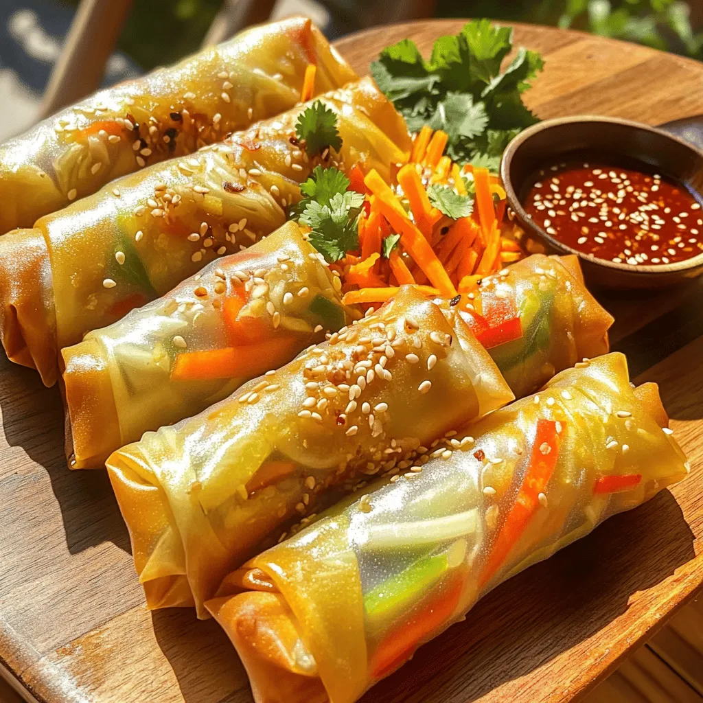 To make crispy vegetable spring rolls, you need the following key ingredients: - 1 cup cabbage, finely shredded - 1 cup carrots, julienned - 1 cup bell peppers (any color), thinly sliced - 1/2 cup bean sprouts - 2 green onions, chopped - 2 cloves garlic, minced - 1 tablespoon ginger, grated - 1 tablespoon soy sauce - 1 teaspoon sesame oil - Salt and pepper to taste - 1 package spring roll wrappers - Oil for frying These ingredients create a colorful and tasty filling. The fresh veggies add crunch and flavor. Garlic and ginger give it a warm, spicy kick. You can customize your rolls with these optional ingredients: - Mushrooms for umami flavor - Tofu for protein - Fresh herbs like cilantro or basil - Chili flakes for heat These extra ingredients can make your spring rolls even more exciting. Feel free to mix and match based on your taste! When it comes to wrappers, choose thin rice paper or wheat wrappers. Rice paper gives a softer bite, while wheat wrappers add a nice crunch. Both types work well for frying. Look for wrappers labeled specifically for spring rolls or egg rolls. They make a big difference in texture and taste. For the full recipe, check out the linked guide. Enjoy making these crispy vegetable spring rolls! To make the filling, start by heating oil in a large skillet. Add minced garlic and grated ginger. Sauté them until they smell good. This will take about one minute. Next, add shredded cabbage, julienned carrots, bell peppers, bean sprouts, and chopped green onions to the skillet. Stir-fry for about five minutes. You want the veggies to be tender but still a little crunchy. After that, drizzle in soy sauce and sesame oil. Season with salt and pepper. Mix well and take it off the heat. Let the filling cool for a bit. Now, take a spring roll wrapper. Place it on a clean surface with one corner facing you. Scoop about two tablespoons of the vegetable filling and put it near the corner. Fold the bottom corner over the filling first. Then, fold the side corners in. Roll the wrapper tightly until you reach the top corner. To seal it, use a little water on the edge. Repeat this for all the wrappers and filling. For frying, heat oil in a deep frying pan or pot over medium-high heat. Once the oil is hot, carefully add the spring rolls in small batches. Fry them until they turn golden brown and crispy. This will take about three to four minutes per side. After frying, place the spring rolls on paper towels. This helps to soak up any extra oil. Enjoy your crispy vegetable spring rolls with sweet chili sauce or soy sauce for dipping! To achieve the best crispy spring rolls, follow these tips: - Use fresh vegetables. Fresh veggies keep their crunch. - Don’t overfill the wrappers. Too much filling makes them soggy. - Seal the edges well. A tight seal helps keep the filling inside. - Fry in hot oil. Hot oil cooks the rolls fast, adding crispiness. - Drain on paper towels. This step removes extra oil and keeps them crispy. Avoid these common mistakes for perfect spring rolls: - Using wet wrappers. Wet wrappers can turn soggy. - Skipping the cooling step. Warm filling can make wrappers soft. - Frying too many at once. Overcrowding the pan lowers oil temperature. - Not monitoring the heat. Too low heat will lead to greasy rolls. - Forgetting to season. A little salt and pepper enhance the flavor. You can easily customize your filling to suit your taste: - Add proteins like tofu or shrimp for a heartier meal. - Use different veggies, like zucchini or mushrooms, for variety. - Spice it up! Try adding chili flakes or sriracha for heat. - Experiment with herbs. Fresh basil or cilantro adds a nice touch. - Try different sauces, like hoisin or teriyaki, for unique flavors. For the full recipe, check out the detailed instructions above. {{image_2}} You can easily make these spring rolls vegan. Just skip any animal products. Use plant-based oils for frying and soy sauce for flavor. For gluten-free options, choose rice paper wrappers. These wrappers work just as well and give a nice texture. Check labels to ensure all ingredients are gluten-free. Want to boost flavor? Add tofu or mushrooms to the mix. Tofu gives protein and a nice bite. Press and cube the tofu, then sauté it with the vegetables. Mushrooms add umami and richness. You can use shiitake, button, or any type you like. Just chop them fine and mix into the filling. Frying gives a crisp, golden crust. But you can bake spring rolls for a healthier option. Preheat your oven to 400°F (200°C). Brush the rolls with oil, then place them on a baking sheet. Bake for 20-25 minutes, turning halfway through. They won't be as crispy as fried rolls but will still taste great. Enjoy your crispy vegetable spring rolls with your favorite dipping sauce. Check the Full Recipe for more details! To keep your leftover spring rolls fresh, place them in an airtight container. Make sure they cool down first. Storing them this way helps maintain their crispy texture. You can keep them in the fridge for up to three days. If you have extra spring rolls, it’s best to freeze them right away. When you want to reheat your spring rolls, avoid the microwave. Instead, use the oven or a skillet. Preheat your oven to 375°F (190°C). Place the spring rolls on a baking sheet for about 10-15 minutes. This will help them regain their crunch. If using a skillet, heat some oil over medium heat and crisp each side for a few minutes. To freeze spring rolls, lay them flat on a baking sheet first. Make sure they don’t touch each other. Freeze them for about an hour until firm. After that, transfer them to a freezer bag. This way, you can enjoy crispy vegetable spring rolls anytime. They can last up to three months in the freezer. When ready to cook, just fry them straight from the freezer. To keep spring rolls crispy, use the right amount of filling. Do not overfill. Ensure the filling is cool before wrapping. Use a dry wrapper and seal it well. Fry them at the right temperature. Hot oil keeps the outside crispy. If you bake, use a little oil spray for crunch. Yes, you can prepare them ahead of time. Fill and roll the spring rolls, then store them in the fridge. Cover them with a damp cloth to keep them moist. You can fry them later. This way, they stay fresh and crispy when cooked. Many dips pair well with spring rolls. Sweet chili sauce is a favorite. Soy sauce adds a nice salty touch. Peanut sauce gives a creamy flavor. You can also try hoisin sauce for a sweet and savory mix. Each dip enhances the taste of the rolls. Check the Full Recipe for serving ideas! Crispy vegetable spring rolls are fun to make and eat. You need great ingredients, follow steps carefully, and use smart tips for the best results. Remember, you can customize them to suit your taste. Whether you choose to fry, bake, or even freeze them, these rolls can fit any meal. Enjoy experimenting with flavors and methods. With practice, you'll perfect your spring rolls and impress your friends.