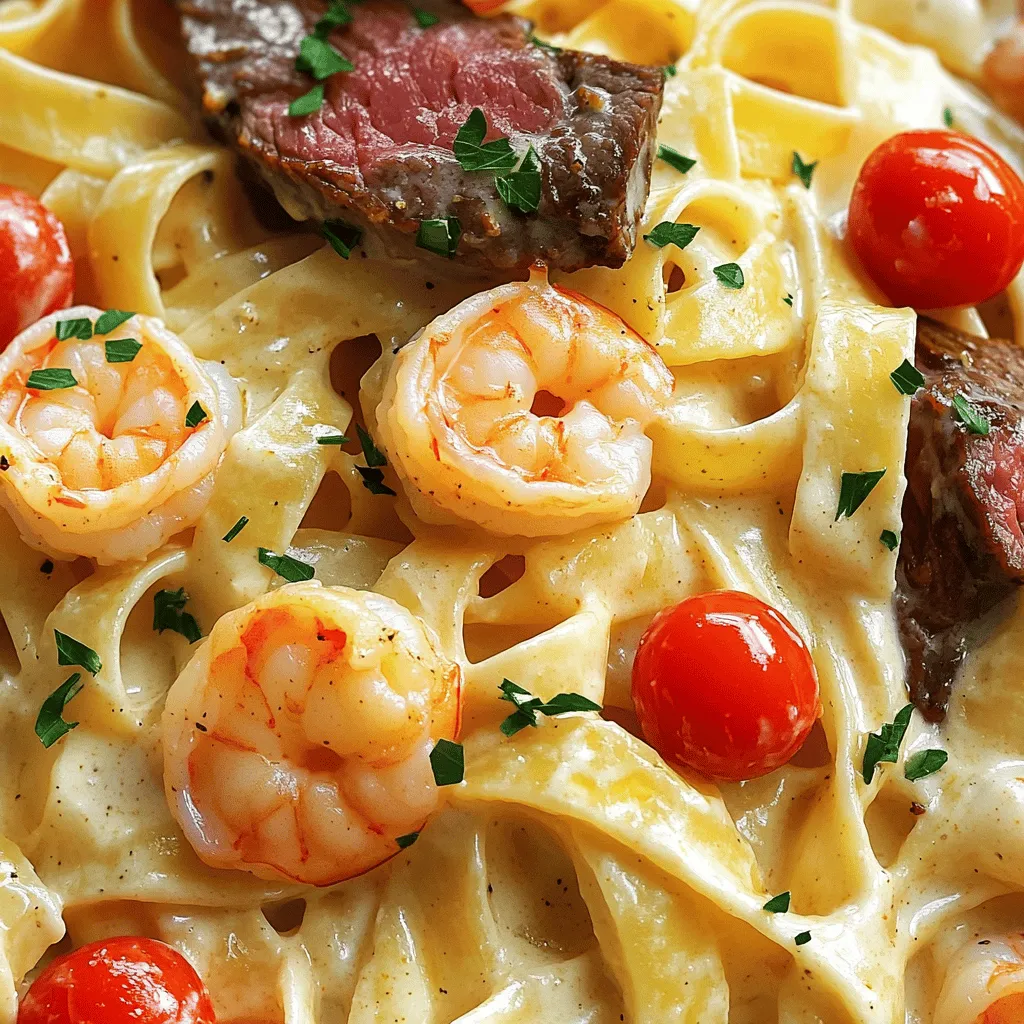 To make Cajun shrimp and steak Alfredo, gather these ingredients: - 8 oz fettuccine pasta - 1 lb shrimp, peeled and deveined - 1 lb sirloin steak, cut into strips - 2 cups heavy cream - 1 cup grated Parmesan cheese - 4 tablespoons Cajun seasoning, divided - 3 tablespoons olive oil - 3 cloves garlic, minced - Salt and pepper to taste These ingredients can enhance your dish: - 1/2 cup cherry tomatoes, halved - Fresh parsley, chopped for garnish Adding cherry tomatoes gives a nice burst of flavor. Fresh parsley adds color and freshness. You can also play with spices to make it your own. You will need a few tools to cook this meal: - Large pot for boiling pasta - Large skillet for cooking shrimp and steak - Mixing bowl for seasoning - Pasta strainer for draining These tools make cooking easier and help prepare your meal quickly. For the full recipe, check the detailed instructions. First, bring a large pot of water to a boil. Add salt to the water. This helps flavor the pasta. Cook the fettuccine according to the package directions until it is al dente. This usually takes about 8 to 10 minutes. Drain the pasta and set it aside. Remember to keep 1/2 cup of the pasta water for later. In a small bowl, combine 4 tablespoons of Cajun seasoning with a pinch of salt and pepper. This mix packs a punch! Toss the shrimp and steak strips in this seasoning. Make sure they are evenly coated. This step is key for flavor. Grab a large skillet and heat 2 tablespoons of olive oil over medium-high heat. Add the steak strips to the skillet. Sear them for about 3 to 4 minutes. You want them browned but still juicy. Once done, take the steak out and leave it on a plate. In the same skillet, add 1 tablespoon of olive oil and toss in the shrimp. Cook them for 2 to 3 minutes until they turn pink and opaque. Add minced garlic and cook for an extra minute. Remove the shrimp from the skillet. Return the skillet to medium heat. Pour in 2 cups of heavy cream. Stir in the remaining Cajun seasoning. Bring the cream to a gentle simmer. Then, add 1 cup of grated Parmesan cheese. Stir continuously until the cheese melts and the sauce thickens. This takes about 3 to 4 minutes. If the sauce is too thick, add the reserved pasta water a little at a time to get your desired sauce texture. Now, add the cooked fettuccine, steak, and shrimp into the skillet with the sauce. Toss everything together until the pasta is well-coated. If you want a fresh touch, add halved cherry tomatoes at this point. Taste and adjust the seasoning with salt and pepper if needed. Your Cajun shrimp and steak Alfredo is ready to serve! For the full recipe, check out the details above. Enjoy your cooking! To nail that Cajun taste, use a good Cajun seasoning. You want a blend that packs a punch. I recommend mixing your own if you have time. Combine smoked paprika, garlic powder, onion powder, cayenne pepper, and dried herbs. This mix gives depth and heat. Be sure to coat the shrimp and steak evenly. Don't rush this step; let the flavors soak in for at least 15 minutes. For a rich and creamy sauce, use heavy cream. It gives the best texture. When you heat the cream, do it slowly. This helps it blend well with the cheese. Stir constantly while adding the Parmesan. This step prevents lumps. If the sauce gets too thick, use the reserved pasta water. Just a little at a time will help reach the right consistency. Cooking steak can be tricky. To check doneness, use a meat thermometer. Aim for 130°F for medium-rare and 140°F for medium. If you don’t have a thermometer, feel the steak. A soft touch means it’s rare, while a firm touch means well-done. Remember to let the steak rest for a few minutes after cooking. This helps keep the juices inside, making each bite tender. {{image_2}} You can swap out the steak and shrimp for other proteins. Chicken works well in this dish. Just use boneless chicken breast or thighs. Tofu is a great choice for a plant-based option. Cook it until golden, and add your Cajun seasoning. You can also try scallops for a seafood twist. Each protein brings its own unique flavor. If you want a vegetarian meal, skip the meat. Load up on veggies instead. Bell peppers, zucchini, and mushrooms add great flavors. You can sauté them with garlic to enhance their taste. Another option is to use a plant-based cream for the Alfredo sauce. This keeps the dish creamy and rich while being meat-free. Fettuccine is classic, but you can use other pasta types. Penne or rotini holds sauce well, too. If you're feeling adventurous, try whole wheat or gluten-free pasta. These options add a different texture and flavor. Cooking times may vary, so keep an eye on the pasta while it cooks. Make sure it’s al dente for the best bite. To store your Cajun shrimp and steak Alfredo, let it cool first. Use an airtight container for best results. Place the leftovers in the fridge. They will last about three days. Make sure to label the container with the date. This helps you keep track of freshness. When you're ready to enjoy the leftovers, heat them gently. You can use a microwave or a skillet. If using a microwave, place the dish in for 1-2 minutes. Stir halfway through to ensure even heating. If using a skillet, add a splash of water or cream. This helps to loosen the sauce. Heat on low until warm. Stir often to avoid burning. If you want to save the dish longer, freezing is a good option. Transfer the cooled leftovers into a freezer-safe container. Leave some space at the top, as the sauce may expand. You can freeze it for up to three months. When ready to eat, thaw it in the fridge overnight. Reheat as described above. This keeps the flavor intact and delicious. For the full recipe, check out the Cajun shrimp and steak Alfredo. Cajun Shrimp and Steak Alfredo is a rich and flavorful dish. It features fettuccine pasta, shrimp, and steak in a creamy sauce. The dish gets its kick from Cajun seasoning, which adds spice and warmth. You’ll love the blend of flavors in every bite. Yes, you can prepare some parts ahead. Cook the pasta and store it in the fridge. You can also season the shrimp and steak in advance. However, it’s best to cook the sauce fresh to keep it creamy and delicious. Cajun Shrimp and Steak Alfredo pairs well with many sides. A simple green salad complements the dish nicely. Garlic bread is another great option to soak up the sauce. You can also try steamed vegetables for a colorful plate. To keep the sauce creamy, avoid cooking it on high heat. Stir in the cheese slowly to help it melt well. If it gets too thick, add a bit of the reserved pasta water. This keeps the sauce smooth and perfect for coating the pasta. Yes, there are several alternatives to heavy cream. You can use half-and-half for a lighter option. Coconut milk offers a dairy-free choice with a hint of sweetness. Another option is to blend silken tofu with a little milk for a creamy texture without heavy cream. To make Cajun Shrimp and Steak Alfredo, I covered key ingredients, tools, and steps. You learned how to cook the fettuccine and create a rich Alfredo sauce. We explored tips for flavor and making it creamy. Variations allow you to customize the dish to your taste. Lastly, I shared best practices for storing and reheating leftovers. Enjoying this dish is easy with the right approach. Dive in and savor your creation!