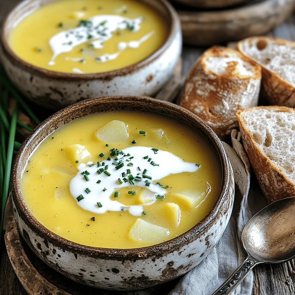 To make a creamy potato soup, you will need: - 4 medium-sized potatoes, peeled and cubed - 1 medium onion, diced - 3 cloves garlic, minced - 4 cups vegetable broth - 1 cup heavy cream or coconut cream for a vegan option - 1 cup milk or almond milk for a lighter version - 1 teaspoon dried thyme - 1 tablespoon olive oil - Salt and pepper to taste - Fresh chives or parsley for garnish These ingredients come together to create a rich and warm soup. The potatoes give it a creamy texture, while the broth adds a savory base. You can choose heavy cream for a decadent soup or coconut cream for a lighter vegan option. You can enhance your soup with various garnishes. Try fresh chives or parsley for a pop of color. If you want extra flavor, add crumbled bacon, shredded cheese, or a dollop of sour cream. If you're missing any ingredients, don't worry! You can swap the heavy cream for Greek yogurt. Instead of vegetable broth, chicken broth works well too. These swaps keep the soup tasty and comforting. For the full recipe, check out the [Full Recipe]. To make your creamy potato soup, start with simple prep. Here’s what to do: 1. Gather your tools. You need a large pot, a knife, and a cutting board. 2. Wash the potatoes. Rinse them under cold water to remove dirt. 3. Peel and cube. Use your knife to peel the potatoes. Cut them into even cubes. 4. Dice the onion. Chop the onion into small pieces. This helps it cook faster. 5. Mince the garlic. Chop the garlic finely for more flavor. 6. Be safe! Always cut away from your body. Keep your fingers clear of the blade. 7. Use a blender carefully. If you use a regular blender, let the soup cool a bit first. Fill it halfway to avoid spills. Now, let’s cook your creamy potato soup: 1. Heat the oil. In your large pot, add olive oil over medium heat. 2. Sauté the onions. Add the diced onion. Cook for about 5 minutes until it’s soft and clear. 3. Add garlic. Stir in the minced garlic. Cook for 1-2 minutes until it smells great. 4. Cook the potatoes. Pour in the cubed potatoes and the vegetable broth. Bring it to a boil. 5. Simmer. Reduce the heat and let it simmer for 15-20 minutes. The potatoes should be tender when pierced with a fork. 6. Blend the soup. Use an immersion blender to make it smooth. If you use a regular blender, blend in batches. 7. Add cream. Return the soup to low heat. Mix in heavy cream and milk. 8. Season. Stir in thyme, salt, and pepper. Heat gently until warm. This method gives you a smooth, comforting soup. The key is to blend well and watch the heat. Enjoy your cooking adventure with this easy creamy potato soup! For the complete recipe, check the [Full Recipe]. To make your creamy potato soup even better, think about adding extra ingredients. You can toss in crispy bacon bits for a savory crunch. A sprinkle of cheese can add a rich layer of flavor too. Want a zing? Add a spoonful of lemon juice or a hint of hot sauce. You can change the seasoning to fit your taste. More thyme can deepen the taste, while adding a dash of paprika gives a nice warmth. If you love herbs, fresh parsley or dill can brighten the soup. Always taste as you go. Adjust salt and pepper to match your palate. Many home cooks face a few issues when making potato soup. One common mistake is not cooking the potatoes long enough. If they are not tender, the soup won’t blend well. Make sure to cook them until soft, about 15-20 minutes. Another issue is blending too much or too little. If you blend too little, the soup remains chunky. If you blend too much, it can become too thin. Aim for a nice, creamy consistency. Finally, don’t forget to adjust seasoning at the end. Taste your soup before serving. It may need a bit more salt or pepper. Avoid these pitfalls, and your soup can be perfect every time. For the full recipe, check out the Creamy Dreamy Potato Soup section above. {{image_2}} You can easily adapt this potato soup recipe for those with dietary restrictions. To make it gluten-free, ensure your vegetable broth is labeled gluten-free. For a vegan version, swap out the heavy cream for coconut cream. You can also use almond milk instead of regular milk. Here’s a quick list of ingredients for a plant-based version: - 4 medium-sized potatoes, peeled and cubed - 1 medium onion, diced - 3 cloves garlic, minced - 4 cups vegetable broth - 1 cup coconut cream - 1 cup almond milk - 1 teaspoon dried thyme - 1 tablespoon olive oil - Salt and pepper to taste - Fresh chives or parsley for garnish You can add your twist to this creamy potato soup by using different herbs and spices. For example, try rosemary or dill for a new flavor. A sprinkle of smoked paprika can add a nice depth too. Using different types of potatoes can also change the soup's taste and texture. While russet potatoes are great for creaminess, using Yukon Gold can add a buttery flavor. Sweet potatoes can also bring a hint of sweetness and a vibrant color to your dish. Feel free to mix and match these ingredients and ideas to create a version that you love! For the full recipe, check out the Creamy Dreamy Potato Soup. To keep your creamy potato soup fresh, first let it cool. Once it’s at room temperature, transfer it to airtight containers. Glass or plastic containers with tight lids work best. Make sure to label the containers with the date. This way, you will know when you made it. Store the soup in the fridge for up to three days. If you want to keep it longer, consider freezing it. Just make sure to leave some space in the container since soup expands when frozen. When you are ready to enjoy your soup again, reheating it properly is key. The best way to heat it is on the stove over low heat. Stir it often to prevent sticking. If the soup is too thick after freezing, add a splash of broth or milk to get the right texture. You can also use a microwave. Just heat it in short bursts, stirring in between. This helps keep the soup creamy and full of flavor. Enjoy every warm bowl! To thicken your potato soup, try these easy tips: - Add more potatoes: Use extra potatoes and blend them in. - Use a thickener: Add cornstarch mixed with water to the soup. - Blend some soup: Take out a cup of soup, blend it, and return it to the pot. - Add cream: More heavy cream or coconut cream boosts thickness. These methods work well and keep your soup creamy and tasty! Yes, you can freeze creamy potato soup! Here’s how to do it: 1. Cool the soup: Let it cool completely before freezing. 2. Use airtight containers: Store the soup in freezer-safe containers. 3. Leave space: Don’t fill the containers to the top; leave a little space for expansion. 4. Label and date: Write the date on the container for easy tracking. When you are ready to eat, thaw it in the fridge overnight. Reheat it gently on the stove, adding a splash of milk or cream to restore its creamy texture. Potato soup pairs wonderfully with many sides. Here are some ideas: - Crusty bread: Perfect for dipping into the soup. - Salads: A fresh green salad adds crunch and balance. - Cheese: A sprinkle of cheese on top adds flavor. - Bacon bits: Crispy bacon bits give a nice salty kick. Feel free to mix and match these sides for a cozy meal! For the full recipe, check out the Creamy Dreamy Potato Soup section. This article covered everything you need for a creamy potato soup. You learned about the key ingredients, cooking steps, and safe practices. I shared tips to avoid common mistakes and made the recipe flexible for gluten-free and vegan diets. Storing and reheating tips will help you enjoy leftovers fully. Potato soup is easy to make and fun to customize. Don't be afraid to experiment with flavors and ingredients. Enjoy your cooking adventure!