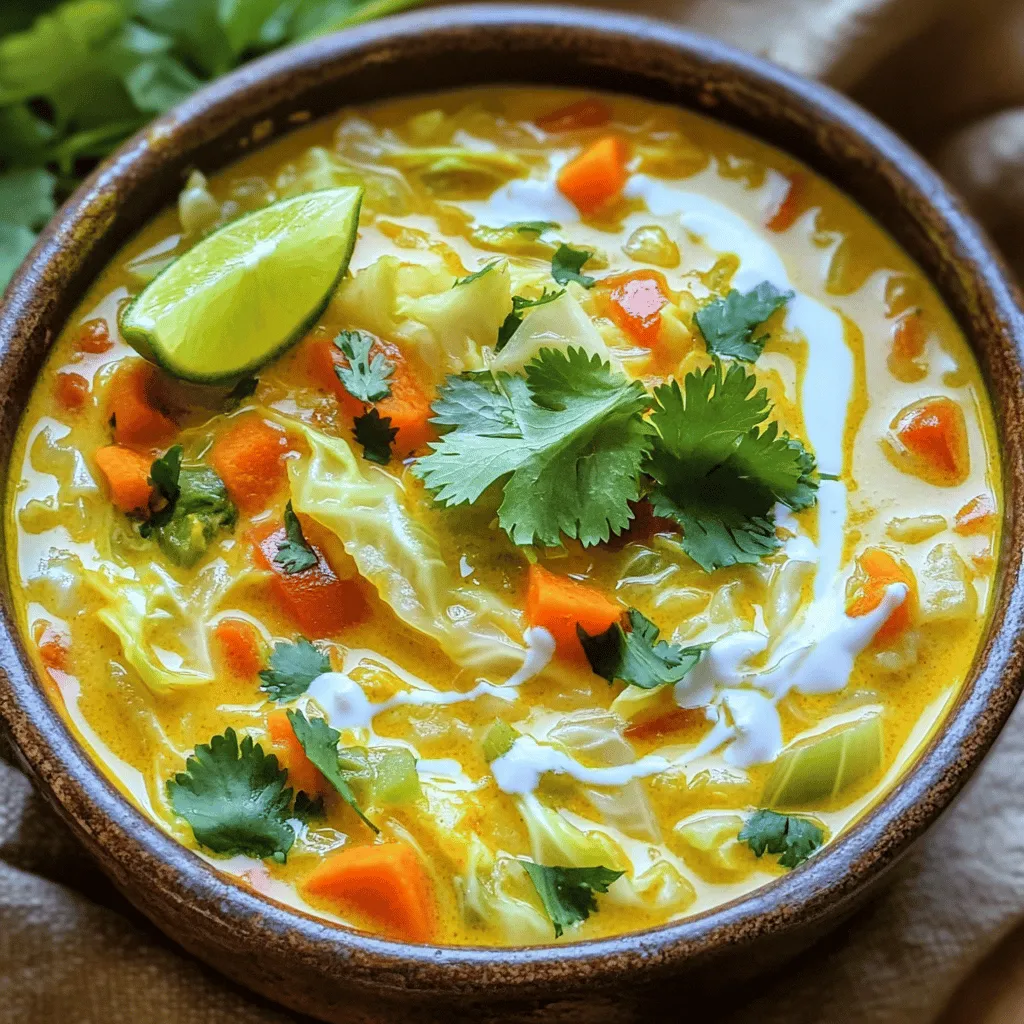 To make Anti-Inflammatory Turmeric Cabbage Soup, you need fresh and healthy ingredients. Here’s the list: - Chopped green cabbage - Diced onion - Minced garlic - Grated fresh ginger - Turmeric powder - Cumin seeds - Vegetable broth - Diced carrots - Diced red bell pepper - Coconut milk - Salt and pepper - Fresh cilantro - Lime juice These ingredients work together to create a warming and vibrant soup. Each one adds flavor and nutrition. For example, turmeric has anti-inflammatory properties, while ginger aids digestion. Cabbage is rich in vitamins and fiber. You can find the full recipe at the end. This soup is easy to make and great for your health. Plus, it’s perfect for sharing. 1. Heating the oil and sautéing onions Start by heating a drizzle of olive oil in a large stockpot over medium heat. Add the diced onion and sauté for about 5 minutes. You want it to be soft and clear. 2. Adding garlic, ginger, turmeric, and cumin Next, stir in the minced garlic and grated ginger. Cook them for about a minute until they smell good. Then, add the turmeric powder and cumin seeds. Stir that mix for about 30 seconds to wake up the flavors. 3. Pouring in vegetable broth and bringing to a simmer Now, pour in 6 cups of vegetable broth. Bring this mixture to a simmer. This step sets the base for a tasty soup. 1. Adding cabbage, carrots, and red bell pepper Add the chopped cabbage, diced carrots, and diced red bell pepper to your pot. Make sure to stir them well so they mix nicely with the broth. 2. Simmering until vegetables are tender Reduce the heat to low. Let everything simmer for about 25 minutes. You want the vegetables to be soft but not mushy. 1. Stirring in the coconut milk Once your vegetables are tender, stir in one can of coconut milk. This adds creaminess and flavor to your soup. 2. Seasoning with salt, pepper, and lime juice Finally, season the soup with salt and pepper to taste. Don’t forget to squeeze in the juice of one lime for a zesty kick. Enjoy your warm, vibrant bowl of Anti-Inflammatory Turmeric Cabbage Soup! For the full recipe, check out the [Full Recipe]. To get the best flavor from your soup, focus on sautéing the onions well. Start with a drizzle of olive oil in your pot. Heat it over medium heat. Add the diced onions and cook for about 5 minutes. You want them soft and clear. This step really builds a great base for your soup. Using fresh ingredients is key too. Fresh vegetables not only taste better but also pack more nutrients. When you chop your cabbage, onions, and other veggies, choose the freshest ones you can find. They should feel firm and look vibrant. Consider adding spices or herbs to boost flavors. You might try a pinch of chili powder for heat or fresh herbs like parsley for freshness. Adjusting spice levels is easy; just taste as you go. If you want it spicier, add more turmeric or chili. If you prefer mild, stick with the basics. For a nice presentation, serve soup in rustic bowls. A sprinkle of fresh cilantro on top adds color and freshness. You can also place a lime wedge on the side for a vibrant touch. Pair the soup with crusty bread for a filling meal. If you want more protein, grilled chicken or chickpeas work well too. Enjoy creating a beautiful and tasty dish! {{image_2}} If you want a twist on this recipe, try using different greens instead of cabbage. Kale or Swiss chard work well. They add a nice texture and flavor. For a lighter option, you can use spinach. It cooks quickly and blends well. If you need nut or dairy-free options, use vegetable broth instead of chicken broth. Coconut milk is already a great dairy-free choice. If you want to skip it, use cashew cream or almond milk. This keeps the soup creamy without dairy. To change the flavor, consider adding different spices. A pinch of chili powder can add heat. Coriander offers a fresh, citrusy note. Both spice options can enhance the soup's depth. Adding more vegetables can also change the taste. Try zucchini, sweet potatoes, or even mushrooms. Each vegetable adds its unique flavor and nutrition. Mix and match to find your favorite blend! You can make this soup a main dish by adding protein. Cooked chicken or chickpeas are great choices. They make the meal heartier and more filling. Alternatively, serve the soup as an appetizer or side dish. A small bowl pairs nicely with a sandwich or salad. This soup is versatile and can fit any meal. For the complete recipe, check out the [Full Recipe]. To keep your Anti-Inflammatory Turmeric Cabbage Soup fresh, store it in the fridge. Use an airtight container for this. It helps keep the flavors intact. If you want to save it for later, consider freezing it. Pour the cooled soup into freezer-safe containers. Leave some space at the top for expansion. This way, it will be ready when you need a quick meal. When you’re ready to enjoy the soup again, reheat it gently. You can use a pot on the stove. Heat it over low to medium heat. Stir often to prevent sticking. You can also use a microwave. Pour soup into a microwave-safe bowl. Heat it in short bursts, stirring in between. This keeps the flavor rich. To maintain the soup's texture, don’t boil it. If it thickens too much, add a splash of vegetable broth or water. This will bring it back to the right consistency. In the fridge, your soup lasts about 4 to 5 days. Always check for signs of spoilage. If you see mold or smell something off, it’s best to throw it out. If frozen, the soup can last up to 3 months. Always label your containers with the date. This helps you track how long it’s been stored. Enjoy your healthy soup knowing you’ve stored it right! Turmeric and cabbage both offer great health perks. Turmeric has a compound called curcumin. This helps fight inflammation in the body. It may also help with pain relief and boost your immune system. Cabbage is low in calories and high in vitamins. It is rich in vitamin C and fiber. This helps digestion and can keep your heart healthy. Together, they make a powerful team for your health. Yes, you can make this soup ahead of time. Prepare it, then let it cool completely. Store it in an airtight container. Put it in the fridge for up to four days. For longer storage, freeze the soup for up to three months. When you're ready to eat, thaw it in the fridge overnight. Reheat it on the stove until warm. This soup tastes even better the next day as the flavors blend. This recipe is already vegan-friendly! It uses vegetable broth and coconut milk. Both are plant-based and great for vegan diets. If you want to add more protein, try chickpeas or lentils. They mix well with the soup and keep it vegan. You can also swap out any veggies for your favorites. This way, you can customize the soup just for you. Absolutely, you can add proteins to this soup. If you like chicken, cook it separately and shred it. Stir it in just before serving. For a plant-based option, add beans like kidney or black beans. They pack in protein and blend well with the flavors. Just make sure to adjust the cooking time so everything heats well. Enjoy your tasty, upgraded soup! In this post, we explored a flavorful soup recipe packed with healthy ingredients. You learned the essential steps for preparing and cooking, along with helpful tips to enhance flavor. We discussed variations and how to store your soup properly. Remember, using fresh ingredients and experimenting with flavors can make a big difference. Now, you have all the tools to whip up this delicious soup, making it a cozy dish for any occasion. Enjoy making it your own!
