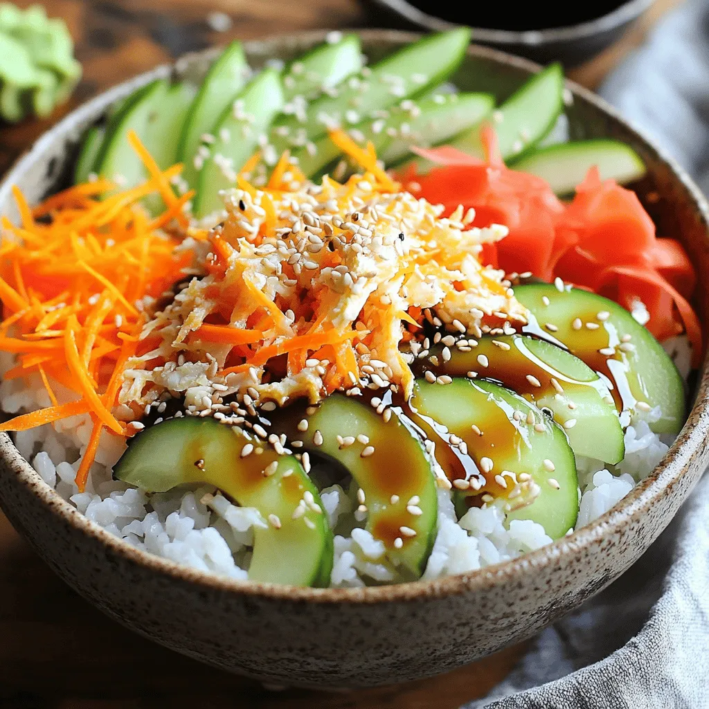 To make delicious sushi roll bowls, you need fresh and simple ingredients. Here’s what you’ll need: - 1 cup sushi rice - 2 cups water - 2 tablespoons rice vinegar - 1 tablespoon sugar - 1/2 teaspoon salt - 1 avocado, sliced - 1 cucumber, julienned - 1 carrot, shredded - 1 small red bell pepper, thinly sliced - 8 ounces imitation crab meat, shredded (or cooked shrimp) - 2 sheets nori, cut into strips - 2 tablespoons sesame seeds - Soy sauce, for drizzling - Wasabi and pickled ginger, for serving (optional) These ingredients create the base for a vibrant bowl. The sushi rice is key for texture. The fresh veggies add crunch and color. The crab meat gives a nice seafood twist. The nori strips and sesame seeds finish the bowl with flavor. You can play with the ingredients to match your taste. Here are some ideas: - Swap imitation crab meat with cooked shrimp or tofu for a different protein. - Add radishes or scallions for extra crunch. - Use brown rice instead of sushi rice for a healthier option. - Try different sauces like spicy mayo or ponzu for added zest. Feel free to mix and match based on what you have at home. This makes your sushi roll bowl unique. Each serving of this sushi roll bowl is packed with nutrients. Here’s a rough idea of what you get: - Calories: About 400 - Protein: 15 grams - Carbohydrates: 55 grams - Fats: 15 grams - Fiber: 5 grams The sushi rice provides energy. The veggies add vitamins and minerals. The protein from crab meat or shrimp supports muscle health. Each bowl is balanced and delicious. For the full recipe, refer to the earlier section. To start, gather all your ingredients. You need sushi rice, water, and some tasty toppings. This recipe is simple and fun! You will love how fresh and colorful it looks. Get ready to create a dish that is pleasing to the eye and the palate. First, rinse 1 cup of sushi rice under cold water. Keep rinsing until the water runs clear. This helps remove extra starch. Next, add the rinsed rice and 2 cups of water to a medium saucepan. Bring it to a boil. Once it boils, reduce the heat to low. Cover the pan and let it simmer for 20 minutes. When done, the rice will be tender and all the water will be absorbed. In a small bowl, mix 2 tablespoons of rice vinegar, 1 tablespoon of sugar, and 1/2 teaspoon of salt. Microwave this mix for about 30 seconds. This step helps the sugar dissolve. After the rice is cooked, fluff it with a fork. Then, gently fold in the vinegar mix. Let it cool a bit. Now, it's time to build your sushi roll bowl! Divide the sushi rice among four serving bowls. Make sure to create a nice layer at the bottom of each bowl. Next, arrange your toppings. Add the sliced avocado, julienned cucumber, shredded carrot, and thinly sliced red bell pepper. Make sure to spread these evenly over the rice. For protein, sprinkle 8 ounces of shredded imitation crab meat or cooked shrimp on top. Finally, add 2 sheets of cut nori strips and 2 tablespoons of sesame seeds. Drizzle some soy sauce on each bowl to taste. Serve with wasabi and pickled ginger on the side if you want a kick! This recipe is sure to impress your family and friends. You can find the full recipe above for more details. To make great sushi rice, rinse it well. Wash the rice under cold water until it is clear. This step removes excess starch and makes the rice less sticky. Use the right rice; sushi rice is short-grain, which helps it stick together. Cook it with the right water ratio. I use 2 cups of water for 1 cup of rice. After cooking, mix in rice vinegar, sugar, and salt. This adds the right flavor. Let the rice cool before using it in your bowl. When serving your sushi roll bowl, focus on color. Use a mix of green, orange, and red veggies. Stack the ingredients neatly for a clean look. Place the rice at the bottom, then layer the veggies and seafood on top. Use a small drizzle of soy sauce for flair. A sprinkle of sesame seeds adds a nice touch. Remember, we eat with our eyes first! One common mistake is overcooking the rice. It should be tender but not mushy. Another mistake is adding too much vinegar. You want balance, not a sour taste. Also, don’t forget to let the rice cool before serving. If the rice is hot, it can wilt the veggies. Lastly, make sure to slice your veggies thinly. Thick pieces can make the bowl hard to eat. By avoiding these mistakes, you’ll create a better sushi roll bowl. {{image_2}} You can easily create a vegetarian or vegan sushi roll bowl. Start with the basic ingredients like sushi rice, avocado, cucumber, and carrots. You can swap out the crab meat for more veggies. Try adding sliced bell peppers, radishes, or even mango for a sweet touch. For a protein boost, include marinated tofu. Just cube it and toss it in soy sauce or sesame oil. This option is full of colors and flavors. If you want a different protein, go for shrimp or tofu. Cooked shrimp adds a nice touch. Just peel and devein them before cooking. For tofu, buy firm tofu and press it to remove extra water. Then cut it into cubes and fry until golden. Both options are tasty and will make your bowl special. You can also experiment with grilled chicken or smoked salmon for a twist. Adding flavors to your sushi roll bowl makes it even better. Consider drizzling your bowl with spicy mayo or a sesame dressing. You can make a spicy mayo by mixing mayonnaise with sriracha. For a tangy kick, add some rice vinegar. You can also sprinkle extra sesame seeds or chopped green onions on top for crunch. These enhancements make every bite exciting and fresh. For more tips, check out the Full Recipe. To keep your sushi roll bowls fresh, store any leftovers in an airtight container. Place the rice and toppings separately if possible. This helps keep everything fresh and tasty. You can store them in the fridge for up to two days. When you're ready to eat the leftovers, you can reheat the rice. Place the rice in a microwave-safe bowl. Add a splash of water to keep the rice moist. Heat it for about 30 seconds. Mix it up and check the temperature. If it’s still cold, heat for another 15 to 30 seconds. To maintain the best flavor, eat your sushi roll bowls soon after making them. If you have ingredients like avocado, use them within a day. To keep the nori crisp, add it just before serving. This way, you enjoy a fresh crunch. For more tips, check out the Full Recipe. A sushi roll bowl is a deconstructed sushi roll served in a bowl. Instead of rolling sushi in seaweed, you layer the ingredients in a bowl. You get sushi rice, fresh veggies, and protein all in one dish. This bowl makes it easy to enjoy sushi flavors without the fuss of rolling. Yes, you can make sushi roll bowls in advance. Prepare the rice and veggies ahead of time. Store them separately in the fridge. When you're ready to eat, just assemble everything in a bowl. This saves time on busy days and helps you enjoy a fresh meal. You can find pre-made sushi roll bowls at many grocery stores and sushi restaurants. Look in the prepared food section. Some specialty stores also offer these bowls. They are a great option for a quick meal when you don't have time to cook. You can easily customize your sushi roll bowl. Start with the base of sushi rice. Then, add your favorite toppings. Some great options include avocado, cucumber, or shrimp. You can also drizzle different sauces, like spicy mayo or teriyaki, to add flavor. Make it your own! For a full recipe, check out the details above. In this article, I covered the key ingredients for sushi roll bowls, including essential and optional items. I detailed steps for cooking sushi rice and assembling the dish. You learned tips to perfect your rice and present your bowl well. We also explored variations, including vegetarian and vegan choices, plus storage tips. Sushi roll bowls are fun and easy to make. You can customize them to fit your taste. Enjoy experimenting with flavors and ingredients to create your perfect bowl!
