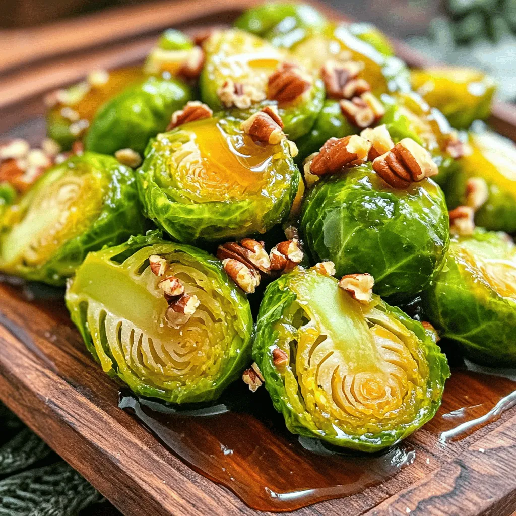 - 1 pound Brussels sprouts, trimmed and halved - 3 tablespoons pure maple syrup - 2 tablespoons olive oil - 1 tablespoon Dijon mustard - 1 clove garlic, minced - Salt and pepper to taste - 1/4 cup pecans, chopped - 1 tablespoon apple cider vinegar - Garnish with extra chopped pecans for a nice crunch. - Drizzle with more maple syrup for extra sweetness. Maple Glazed Brussels Sprouts make a perfect side dish. You can enjoy the sweet, savory taste. The maple syrup adds great flavor, while the mustard gives a nice kick. If you want, add pecans for crunch. They make the dish look even better. Drizzling more maple syrup right before serving adds a lovely shine. You can find the Full Recipe to get all the steps needed. Enjoy this dish at your next meal! - Preheat the oven to 400°F (200°C). - In a large bowl, mix the glaze. Combine maple syrup, olive oil, Dijon mustard, and minced garlic. Add salt and pepper to taste. If you want, include apple cider vinegar for more flavor. - Coat the halved Brussels sprouts with the glaze. Toss them well so every piece gets covered. - Spread the Brussels sprouts out on a baking sheet. Make sure they are in a single layer. Roast in the oven for 20-25 minutes. Stir halfway through cooking to ensure even roasting. - When the sprouts are nearly done, add chopped pecans to the baking sheet. This should be in the last 5 minutes of cooking. - After roasting, drizzle any leftover glaze over the Brussels sprouts. This adds extra flavor. Serve warm for a delightful side dish. For the full recipe, check out the detailed instructions above. Enjoy your tasty Maple Glazed Brussels Sprouts! To get the glaze just right, you can adjust the sweetness and tang. Use more maple syrup for sweetness. If you want a little zing, add apple cider vinegar. This blend makes the sprouts shine with flavor. To coat Brussels sprouts evenly, make sure they are wet with the glaze. Toss them well in the bowl before baking. The more glaze, the more taste! For perfect tenderness, roast the sprouts for 20 to 25 minutes. Keep an eye on them so they don’t burn. Stir halfway through to cook them evenly. To achieve that golden brown color, look for crispy edges. They should be tender inside but have a nice crunch outside. Maple Glazed Brussels Sprouts pair well with roasted chicken or grilled salmon. They are a great side for festive meals too. For a pretty presentation, serve them on a warm platter. Add extra chopped pecans and a drizzle of maple syrup on top. This makes the dish pop and looks lovely on the table. You can find the Full Recipe to make this tasty dish easily. Enjoy the flavors! {{image_2}} You can change a few ingredients to mix things up. Try using honey instead of maple syrup. Honey gives a nice sweetness but has its unique flavor. You can also add different nuts like walnuts or almonds for crunch. These nuts add a tasty twist and extra texture to the dish. Want to spice things up? Incorporate spices like cayenne or paprika. A little heat can make the dish more exciting. You can also try using different vinegars for a twist. Balsamic or red wine vinegar can add depth to the sweet glaze. If you need to make this dish vegan-friendly, it's simple. Just swap the honey for maple syrup and skip any non-vegan toppings. For those who need gluten-free options, this recipe is already gluten-free. Just ensure any additional ingredients, like nuts or spices, are gluten-free too. Enjoy this dish without worry! To store leftovers, let the Brussels sprouts cool first. Place them in an airtight container. You can keep them in the fridge for about 3 to 5 days. If you want the best flavor, try to eat them within 3 days. To reheat without losing texture, use the oven or stovetop. The oven keeps them crispy. Preheat it to 350°F (175°C) and heat for about 10-15 minutes. For quick reheating, you can use the microwave. Just heat them for 1-2 minutes. However, they may turn a bit soft. Yes, you can freeze Maple Glazed Brussels Sprouts. To freeze, let them cool completely. Place them in a freezer-safe bag. Remove as much air as possible. They can last for up to 3 months in the freezer. To thaw, transfer them to the fridge overnight. Reheat them in the oven for the best results. This keeps their flavor intact. Yes, you can prep Maple Glazed Brussels Sprouts ahead of time. Trim and halve the Brussels sprouts, then mix the glaze. Store them in the fridge for up to a day. When ready, just roast them in the oven. This saves time and keeps the flavors fresh. These Brussels sprouts pair well with many dishes. Try serving them with roasted chicken or grilled salmon. They also go great with quinoa or rice for a vegetarian meal. For a festive touch, serve them alongside holiday turkey or ham. Brussels sprouts are done when they are golden brown and tender. You can test their doneness by piercing them with a fork. If it goes in easily, they are ready. Roasting them for about 20-25 minutes usually does the trick. For the full recipe and step-by-step instructions, check out the detailed Maple Glazed Brussels Sprouts recipe [Full Recipe]. This blog post taught you how to make tasty Maple Glazed Brussels Sprouts. You learned the main ingredients, easy steps, and helpful tips. Remember, you can swap ingredients or change flavors to suit your taste. Storage tips will keep your leftovers fresh for later. Use this recipe to impress friends and family. Enjoy the sweet and savory flavors in your meals!