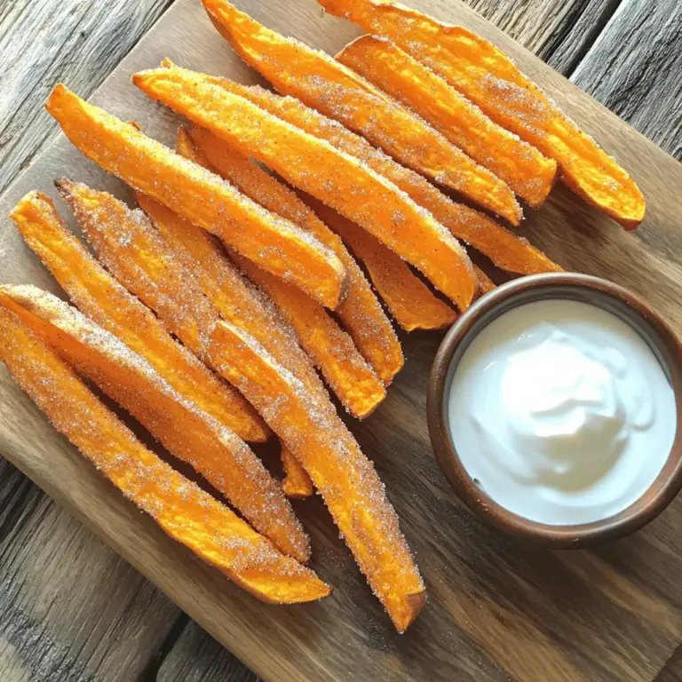 - 2 large sweet potatoes - 2 tablespoons olive oil - 1/4 cup granulated sugar - 1 tablespoon ground cinnamon - 1/2 teaspoon salt - 1/4 teaspoon nutmeg (optional) - Parchment paper - Large bowl - Baking sheet Gathering the right ingredients is key to making these cinnamon sugar sweet potato fries. Sweet potatoes are not just sweet; they are also packed with nutrients. Olive oil helps the fries crisp up nicely. For the seasoning, granulated sugar and ground cinnamon create that perfect sweet touch. A little salt enhances all the flavors, while nutmeg adds a warm note if you choose to include it. Don't forget your tools! Parchment paper keeps the fries from sticking. A large bowl is perfect for mixing, and a baking sheet allows for even cooking. These ingredients and tools set you up for success in making this tasty snack. For the full recipe, refer to the earlier section. 1. First, preheat your oven to 425°F (220°C). This step is key for crispy fries. 2. Next, peel the sweet potatoes. Use a sharp peeler for clean results. 3. Cut the sweet potatoes into fries. Aim for 1/4-inch thickness. This helps them cook evenly. 1. Take a large bowl and add the sweet potato fries. 2. Pour in 2 tablespoons of olive oil. Toss them well to coat all sides. 3. In another bowl, mix together 1/4 cup of granulated sugar, 1 tablespoon of ground cinnamon, and 1/2 teaspoon of salt. 4. If you like a hint of spice, add 1/4 teaspoon of nutmeg. 5. Sprinkle this cinnamon sugar mix over the fries. Toss gently so every fry gets a sweet coat. 1. Spread the fries out on the baking sheet. Make sure they lie flat. 2. Bake them in the preheated oven for 25-30 minutes. 3. Flip the fries halfway through. This helps them get crispy on both sides. 4. When they turn golden brown, take them out. Let them cool for a few minutes before serving. For the full experience, check out the [Full Recipe]. Enjoy your delicious cinnamon sugar sweet potato fries! To get the best crispy fries, slicing is key. Cut the sweet potatoes into thin, even strips, about 1/4 inch thick. This size helps them cook through and crisp up nicely. Make sure you space the fries on the baking sheet. If they overlap, they will steam instead of becoming crispy. You can make these fries pop with more flavors! Try adding a pinch of cayenne pepper for a spicy kick, or mix in some vanilla extract with the sugar. For dips, maple syrup is a classic choice. You can also whip up a yogurt dip with honey and a hint of cinnamon for a creamy touch. Presentation matters! Serve your fries on a wooden board or in a rustic bowl. Sprinkle a little extra cinnamon sugar on top for flair. Pair these fries with a side of sweet dips, like maple syrup, or even a zesty yogurt dip. This adds fun and flavor to your meal! For the full recipe, check out the details above. {{image_2}} You can change up the flavor of your fries. Adding cayenne pepper gives them a spicy kick. Just a pinch can make a big difference. If you want something sweeter, try using honey or maple syrup instead of granulated sugar. Each choice adds its own twist to the fries. There are many ways to cook sweet potato fries. For a quick method, use an air fryer. Just set it to 400°F (200°C) and cook for about 15 minutes. You’ll get crispy fries in no time! If you love smoky flavors, try grilling them. Toss the fries on a preheated grill for about 10-15 minutes. Turn them often for even cooking. You can easily adapt this recipe for different diets. To make it vegan, just use coconut sugar instead of granulated sugar. For a gluten-free version, ensure that your seasonings and sugar are certified gluten-free. If you want a low-sugar option, you can use a sugar substitute like stevia or erythritol. This way, everyone can enjoy these tasty fries! Store your leftover cinnamon sugar sweet potato fries in an airtight container. Glass or plastic containers with lids work best. Make sure the fries have cooled down before sealing the container. To reheat, preheat your oven to 375°F (190°C). Spread the fries on a baking sheet. Bake them for about 10 to 15 minutes. This keeps them crispy and warm. To freeze your fries, first let them cool completely. Spread them in a single layer on a baking sheet. Place the baking sheet in the freezer for a couple of hours. Once frozen, transfer the fries to a freezer-safe bag. Remove as much air as you can to prevent freezer burn. When ready to eat, preheat your oven to 425°F (220°C). Bake the frozen fries for 25 to 30 minutes, flipping halfway through, until they are hot and crispy. In the fridge, your sweet potato fries stay fresh for about 3 to 5 days. Look for any signs of spoilage, like a strange smell or sliminess. If you see these signs, it’s best to toss them out to avoid getting sick. Proper storage helps keep your fries tasty and safe! Cinnamon sugar sweet potato fries can last for about three days in the fridge. Store them in an airtight container to keep them fresh. Before you eat them again, reheat them in the oven to regain some crispiness. Yes, you can use other types of potatoes. Regular potatoes or yams work well. Just keep in mind that cooking times may change. Sweet potatoes give a unique flavor, but other potatoes will also taste good with cinnamon sugar. These fries pair well with many sauces. Try maple syrup for a sweet touch. You can also use a yogurt dip for something creamy. Experiment with your favorite dips to find the perfect match. In this post, we explored how to make delicious cinnamon sugar sweet potato fries. We covered the main ingredients, the step-by-step baking process, and useful tips for perfect fries. We also discussed fun variations and how to store leftovers. This dish is simple and offers great taste. Try it with different spices or dips for fun twists. Enjoy your tasty fries, whether fresh or frozen!