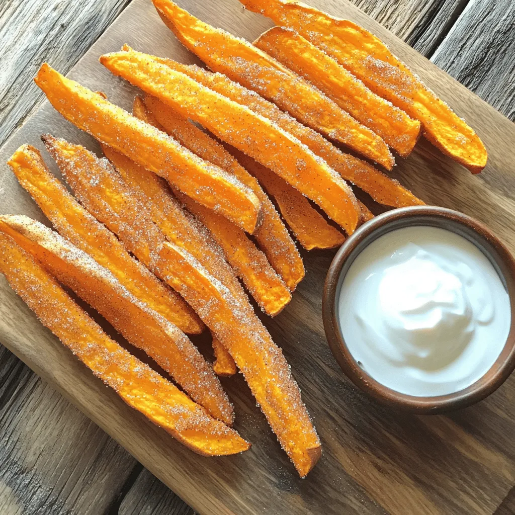 - 2 large sweet potatoes - 2 tablespoons olive oil - 1/4 cup granulated sugar - 1 tablespoon ground cinnamon - 1/2 teaspoon salt - 1/4 teaspoon nutmeg (optional) - Parchment paper - Large bowl - Baking sheet Gathering the right ingredients is key to making these cinnamon sugar sweet potato fries. Sweet potatoes are not just sweet; they are also packed with nutrients. Olive oil helps the fries crisp up nicely. For the seasoning, granulated sugar and ground cinnamon create that perfect sweet touch. A little salt enhances all the flavors, while nutmeg adds a warm note if you choose to include it. Don't forget your tools! Parchment paper keeps the fries from sticking. A large bowl is perfect for mixing, and a baking sheet allows for even cooking. These ingredients and tools set you up for success in making this tasty snack. For the full recipe, refer to the earlier section. 1. First, preheat your oven to 425°F (220°C). This step is key for crispy fries. 2. Next, peel the sweet potatoes. Use a sharp peeler for clean results. 3. Cut the sweet potatoes into fries. Aim for 1/4-inch thickness. This helps them cook evenly. 1. Take a large bowl and add the sweet potato fries. 2. Pour in 2 tablespoons of olive oil. Toss them well to coat all sides. 3. In another bowl, mix together 1/4 cup of granulated sugar, 1 tablespoon of ground cinnamon, and 1/2 teaspoon of salt. 4. If you like a hint of spice, add 1/4 teaspoon of nutmeg. 5. Sprinkle this cinnamon sugar mix over the fries. Toss gently so every fry gets a sweet coat. 1. Spread the fries out on the baking sheet. Make sure they lie flat. 2. Bake them in the preheated oven for 25-30 minutes. 3. Flip the fries halfway through. This helps them get crispy on both sides. 4. When they turn golden brown, take them out. Let them cool for a few minutes before serving. For the full experience, check out the [Full Recipe]. Enjoy your delicious cinnamon sugar sweet potato fries! To get the best crispy fries, slicing is key. Cut the sweet potatoes into thin, even strips, about 1/4 inch thick. This size helps them cook through and crisp up nicely. Make sure you space the fries on the baking sheet. If they overlap, they will steam instead of becoming crispy. You can make these fries pop with more flavors! Try adding a pinch of cayenne pepper for a spicy kick, or mix in some vanilla extract with the sugar. For dips, maple syrup is a classic choice. You can also whip up a yogurt dip with honey and a hint of cinnamon for a creamy touch. Presentation matters! Serve your fries on a wooden board or in a rustic bowl. Sprinkle a little extra cinnamon sugar on top for flair. Pair these fries with a side of sweet dips, like maple syrup, or even a zesty yogurt dip. This adds fun and flavor to your meal! For the full recipe, check out the details above. {{image_2}} You can change up the flavor of your fries. Adding cayenne pepper gives them a spicy kick. Just a pinch can make a big difference. If you want something sweeter, try using honey or maple syrup instead of granulated sugar. Each choice adds its own twist to the fries. There are many ways to cook sweet potato fries. For a quick method, use an air fryer. Just set it to 400°F (200°C) and cook for about 15 minutes. You’ll get crispy fries in no time! If you love smoky flavors, try grilling them. Toss the fries on a preheated grill for about 10-15 minutes. Turn them often for even cooking. You can easily adapt this recipe for different diets. To make it vegan, just use coconut sugar instead of granulated sugar. For a gluten-free version, ensure that your seasonings and sugar are certified gluten-free. If you want a low-sugar option, you can use a sugar substitute like stevia or erythritol. This way, everyone can enjoy these tasty fries! Store your leftover cinnamon sugar sweet potato fries in an airtight container. Glass or plastic containers with lids work best. Make sure the fries have cooled down before sealing the container. To reheat, preheat your oven to 375°F (190°C). Spread the fries on a baking sheet. Bake them for about 10 to 15 minutes. This keeps them crispy and warm. To freeze your fries, first let them cool completely. Spread them in a single layer on a baking sheet. Place the baking sheet in the freezer for a couple of hours. Once frozen, transfer the fries to a freezer-safe bag. Remove as much air as you can to prevent freezer burn. When ready to eat, preheat your oven to 425°F (220°C). Bake the frozen fries for 25 to 30 minutes, flipping halfway through, until they are hot and crispy. In the fridge, your sweet potato fries stay fresh for about 3 to 5 days. Look for any signs of spoilage, like a strange smell or sliminess. If you see these signs, it’s best to toss them out to avoid getting sick. Proper storage helps keep your fries tasty and safe! Cinnamon sugar sweet potato fries can last for about three days in the fridge. Store them in an airtight container to keep them fresh. Before you eat them again, reheat them in the oven to regain some crispiness. Yes, you can use other types of potatoes. Regular potatoes or yams work well. Just keep in mind that cooking times may change. Sweet potatoes give a unique flavor, but other potatoes will also taste good with cinnamon sugar. These fries pair well with many sauces. Try maple syrup for a sweet touch. You can also use a yogurt dip for something creamy. Experiment with your favorite dips to find the perfect match. In this post, we explored how to make delicious cinnamon sugar sweet potato fries. We covered the main ingredients, the step-by-step baking process, and useful tips for perfect fries. We also discussed fun variations and how to store leftovers. This dish is simple and offers great taste. Try it with different spices or dips for fun twists. Enjoy your tasty fries, whether fresh or frozen!