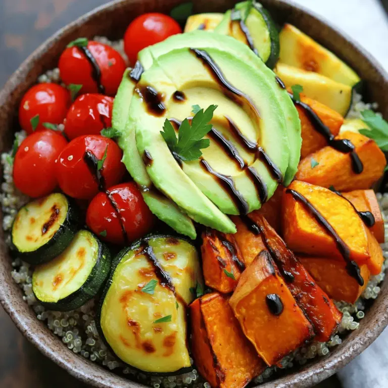 - 1 cup quinoa, rinsed - 2 cups vegetable broth - 1 red bell pepper, diced - 1 zucchini, sliced - 1 cup cherry tomatoes, halved - 1 medium sweet potato, peeled and cubed - 1 yellow onion, diced - 3 tablespoons olive oil - 1 teaspoon garlic powder - 1 teaspoon smoked paprika - Salt and pepper to taste - 1 avocado, sliced - Fresh parsley or basil, for garnish - 1 tablespoon balsamic glaze (optional) The key to a great roasted vegetable quinoa bowl is in the ingredients. Quinoa is not just a trendy grain; it is a complete protein. It has all the essential amino acids your body needs. The vegetables add color and taste, making every bite a delight. I love using a mix of red bell pepper, zucchini, cherry tomatoes, sweet potato, and yellow onion. Each vegetable brings its unique flavor and texture. Roasting them enhances their sweetness and makes them tender. For seasoning, olive oil, garlic powder, and smoked paprika work wonders. They give the dish a warm, rich flavor. Don’t forget the salt and pepper to bring everything together. Toppings add the final touch. Sliced avocado gives creaminess. Fresh herbs like parsley or basil add brightness. If you want a little zing, drizzle on some balsamic glaze. - Caloric content per serving: About 400 calories - Macronutrient breakdown: Approximately 15g protein, 12g fat, and 60g carbohydrates - Health benefits: Quinoa is high in fiber, which aids digestion. Vegetables are packed with vitamins and minerals. They support overall health and boost your immune system. Eating this bowl gives you energy and keeps you full. It’s a meal that is as good for your body as it is for your taste buds. For the full recipe, check out the detailed steps to create this vibrant dish. First, I preheat the oven to 425°F (220°C). This high heat helps to get the veggies nice and roasted. Next, I gather my vegetables: red bell pepper, zucchini, cherry tomatoes, sweet potato, and yellow onion. I cut them into bite-sized pieces. In a large bowl, I toss the veggies with three tablespoons of olive oil. Then, I add one teaspoon of garlic powder, one teaspoon of smoked paprika, salt, and pepper to taste. I mix everything until all the veggies are coated well. Now, I spread the seasoned vegetables on a baking sheet lined with parchment paper. I make sure they are in a single layer for even cooking. I roast them in the oven for about 25-30 minutes. Halfway through, I stir them to ensure they cook evenly and get that golden brown color. While the veggies are roasting, I prepare the quinoa. I boil two cups of vegetable broth in a saucepan. Once it reaches a boil, I add in one cup of rinsed quinoa. Then, I lower the heat to a simmer and cover the pot. I let it cook for about 15 minutes. When the quinoa is fluffy, I fluff it with a fork and check the seasoning. Once everything is cooked, I assemble my Roasted Vegetable Quinoa Bowl by adding quinoa first, then topping it with roasted veggies and slices of avocado. For extra flavor, I can drizzle balsamic glaze over the top and finish with fresh parsley or basil. You can find the full recipe [here](#). To boost the taste, consider using fresh herbs. Fresh parsley or basil really brightens the dish. Dried herbs work well too, but fresh gives a pop. You might also try adding lemon zest for a zingy twist. Garlic powder and smoked paprika are great, but think about cumin or chili powder for more depth. For fluffy quinoa, remember to rinse it well before cooking. This removes bitterness and helps it cook evenly. When boiling, use a 2:1 ratio of broth to quinoa. After cooking, let it sit for 5 minutes before fluffing with a fork. For roasting vegetables, cut them into similar sizes. This helps them cook evenly. Use a single layer on the baking sheet, so they get nice and crispy. When serving, place quinoa in the bowl first. Then layer the roasted veggies on top. This makes for a colorful and inviting dish. Add avocado slices on the side for creaminess. A drizzle of balsamic glaze adds shine and flavor. Finish with a sprinkle of fresh herbs for a lovely touch. For more ideas, check the full recipe. {{image_2}} To make your roasted vegetable quinoa bowl heartier, add some protein. You can include beans, chickpeas, or grilled chicken. Each option brings its own flavor and texture. For a vegetarian choice, chickpeas are great. They add protein and fiber. Toss them in with your veggies before roasting. If you prefer meat, grilled chicken works well. It adds a savory bite to the bowl. You can switch out vegetables based on the season. In summer, add fresh corn or bell peppers. In fall, try Brussels sprouts or butternut squash. Winter brings sweet potatoes and hearty greens like kale. Each season offers unique flavors. Experiment with what you find at the market. Your bowl will always feel fresh and new. Want to change the flavor? You can easily adjust the spices. Cumin adds warmth, while chili powder gives a kick. Try adding herbs like thyme or rosemary for a fragrant twist. A little lemon juice can brighten the dish. Each spice or herb will change how the bowl tastes. Play with these options to find your favorite mix. To store your roasted vegetable quinoa bowl, use airtight containers. Glass or plastic containers work well. Allow the bowl to cool before sealing. This helps keep the flavors fresh. Divide the quinoa and veggies if you prefer. This way, they stay fresh longer. For best results, reheat in the oven. Preheat your oven to 350°F (175°C). Spread the leftovers on a baking sheet. Heat for about 10-15 minutes. This keeps the veggies crispy and the quinoa fluffy. You can also use the microwave. Place the bowl in a microwave-safe dish. Heat in short bursts to avoid overcooking. Stir in between to heat evenly. In the fridge, the roasted vegetable quinoa bowl lasts about 3-5 days. Store it properly to maintain freshness. If you want to keep it longer, freezing is an option. In the freezer, it can last up to 3 months. Make sure to label the containers with dates for easy tracking. You can use chicken broth if you like. Water works too, but it may lack flavor. If you want a richer taste, use low-sodium chicken broth. You can even try mushroom broth for a deep, earthy flavor. Yes, this dish is naturally vegan! It uses plant-based ingredients like quinoa and vegetables. You can enjoy it without any animal products. Look for a golden brown color on the veggies. They should be tender when you poke them with a fork. If they are soft and slightly caramelized, they are ready. Absolutely! You can roast the vegetables and cook the quinoa in advance. Store them in separate containers in the fridge. When you are ready to eat, just combine and reheat. This saves time on busy days. For best taste, eat within three days. This blog post provided a clear path to making a tasty vegetable quinoa bowl. We covered key ingredients, step-by-step cooking, and tips for improving flavor and texture. Remember to adjust the recipe to your taste. Using fresh vegetables and seasonings will enhance your dish. Feel free to store leftovers for quick meals later. With this guide, you'll enjoy a healthy meal with endless variations. Enjoy the cooking journey and the delicious results ahead!