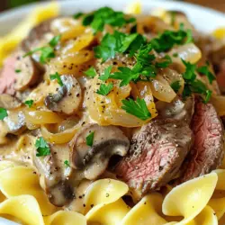 For a hearty beef stroganoff, gather these key ingredients: - 1 lb (450g) beef sirloin, thinly sliced - 1 medium onion, finely chopped - 2 cloves garlic, minced - 8 oz (225g) mushrooms, sliced (cremini or button) - 2 tablespoons all-purpose flour - 1 cup beef broth - 1 cup sour cream - 2 tablespoons Dijon mustard - 2 tablespoons Worcestershire sauce - 2 tablespoons olive oil - Salt and pepper to taste - Fresh parsley, chopped (for garnish) - 8 oz (225g) egg noodles or pasta of choice Choosing high-quality ingredients makes a big difference in flavor. Here are my tips: - Use fresh beef sirloin for the best taste. - Select ripe mushrooms for a rich umami flavor. - Opt for low-sodium beef broth to control salt levels. - Choose full-fat sour cream for a creamy texture. These choices elevate your stroganoff, making it truly special. Need to adjust for dietary needs? Here are some great swaps: - For a gluten-free option, use gluten-free flour and noodles. - Swap sour cream with Greek yogurt for a lighter version. - Use plant-based beef if you prefer a vegetarian dish. - Try coconut cream instead of sour cream for a dairy-free option. These substitutions help you enjoy beef stroganoff while meeting your dietary goals. For the full recipe, check out the detailed instructions. First, grab a large pot. Fill it with water and add a pinch of salt. Bring the water to a boil. Once boiling, add the egg noodles. Cook them according to the package instructions. This usually takes about 7-10 minutes. Stir occasionally. When done, drain the noodles and set them aside. Keep them warm by covering your pot. Next, heat a large skillet over medium-high heat. Add two tablespoons of olive oil. Let it heat for a minute. Then, add the thinly sliced beef sirloin. Season with salt and pepper. Sear the beef for 2-3 minutes until it is browned. Make sure to stir it so it cooks evenly. Once browned, take the beef out of the skillet and place it on a plate. Set it aside for now. In the same skillet, toss in the chopped onion and sliced mushrooms. Cook these for about 5-7 minutes. You want the onions to become soft and the mushrooms to turn golden. Stir often to prevent sticking. After this, add the minced garlic. Cook for another minute to let the garlic's flavor come out. Now, sprinkle 2 tablespoons of flour over the vegetable mix. Stir it well so the flour coats everything. Slowly pour in 1 cup of beef broth while stirring. This helps avoid lumps. Bring the mixture to a simmer. As it heats, the sauce will begin to thicken. After a few minutes, add 2 tablespoons of Dijon mustard and 2 tablespoons of Worcestershire sauce. Taste and add more salt and pepper if needed. Remove the skillet from heat. Stir in 1 cup of sour cream until the sauce is smooth. Then, add the seared beef back into the skillet. Mix everything well to coat the beef in the sauce. To serve, place the cooked noodles on a plate and spoon the beef stroganoff over them. For a nice touch, garnish with fresh chopped parsley. Enjoy your delicious meal! For more details, check the Full Recipe. To make the best beef stroganoff, choose a tender cut of beef. I recommend beef sirloin or tenderloin. Slice the beef thinly against the grain. This helps keep the meat juicy and soft. Sear the beef in a hot skillet. This browns the meat and adds flavor. Avoid overcrowding the pan; cook in batches if needed. The sauce should be creamy and smooth. Start by cooking the flour with the mushroom mix. This helps prevent lumps. Gradually add beef broth while stirring. This ensures even mixing. Simmer the sauce until it thickens slightly. Then, mix in the sour cream off heat. This keeps the sauce creamy without curdling. One common mistake is overcooking the beef. This can make it tough. Sear it quickly and remove it from the pan. Another mistake is not seasoning enough. Taste the sauce before serving. Adjust with salt and pepper as needed. Finally, avoid skipping the Dijon mustard. It adds a nice tang that balances the flavors. For a full recipe with detailed steps, check the [Full Recipe]. {{image_2}} If you want to skip the mushrooms, no problem! You can still enjoy a tasty beef stroganoff. Just focus on the beef, onion, and sauce. You can replace the mushrooms with extra onions or add bell peppers. They add sweetness and flavor. Simply sauté them with the onions for the same time. This keeps your dish hearty and delicious. For a vegetarian or vegan version, use plant-based protein instead of beef. Options like tempeh or tofu work well. You can also use lentils for a hearty texture. Replace sour cream with cashew cream or coconut yogurt. This keeps the creaminess without dairy. Use vegetable broth instead of beef broth to keep it plant-based. This way, you still get all the rich flavors. To make beef stroganoff gluten-free, switch the flour to a gluten-free blend. Cornstarch can also work if you mix it with cold water first. Use gluten-free noodles or serve it over rice. This ensures everyone can enjoy this dish without worry. Just be sure to check all labels for hidden gluten. To keep your beef stroganoff fresh, let it cool first. Then, place leftovers in an airtight container. Store it in the fridge. Use the leftovers within three days for the best taste. Reheat your beef stroganoff gently for the best results. Use a skillet over low heat. Stir often to avoid burning. You can also use the microwave. Heat it in short bursts, stirring in between. This helps keep the dish creamy and delicious. Freezing beef stroganoff is easy. First, cool it completely. Then, transfer it to a freezer-safe container. It can last up to three months in the freezer. When ready to eat, thaw it in the fridge overnight before reheating. This method keeps the flavors intact. Enjoy your comforting meal anytime! For Beef Stroganoff, tender cuts work best. I recommend using beef sirloin or tenderloin. These cuts are easy to slice thinly and cook quickly. They give you a nice, tender bite. Flank steak is another option, but it may need more care to avoid toughness. Always slice against the grain for the best texture. Yes, you can make Beef Stroganoff ahead of time. Cook the beef and sauce, then cool it down. Store it in the fridge in an airtight container. When ready to serve, reheat it on the stove. Just add the sour cream before serving for that creamy texture. Beef Stroganoff goes well with a few sides. Egg noodles are classic, but mashed potatoes work too. A fresh green salad adds a nice crunch. Steamed veggies like broccoli or green beans also complement the dish well. They balance the rich flavors of the stroganoff. To serve more people, just multiply each ingredient. For example, if you want to serve eight, double the amounts. Keep the cooking times similar, but check to ensure everything cooks evenly. You may need a larger skillet or pot for the extra beef and sauce. For the full recipe, you can find it above. It lists all the ingredients and steps clearly. Following it will help you create a tasty Beef Stroganoff that everyone will enjoy. We covered key steps for a great beef stroganoff. You learned about essential ingredients and their quality. I shared tips for cooking and perfecting your sauce. We explored variations to suit different diets. Plus, I provided storage tips for leftovers. Beef stroganoff is a versatile and tasty dish. With the right ingredients and careful cooking, you can enjoy it any time. Try new variations to keep it exciting. Enjoy every bite!