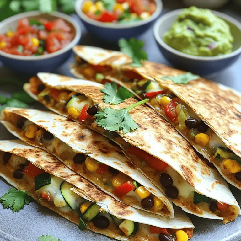 - Whole wheat tortillas - Black beans - Corn kernels - Red bell pepper - Zucchini - Mozzarella cheese - Spices and seasonings For a great vegetable quesadilla, you need a few key items. Whole wheat tortillas serve as the base. They add a nice, healthy touch. Black beans add protein and texture. Corn kernels give sweetness and crunch. Diced red bell pepper adds color and flavor. Zucchini brings a mild taste and soft texture. Mozzarella cheese helps bind it all together and melts beautifully. Don’t forget spices! Cumin and smoked paprika add depth to your dish. - Other vegetables (spinach, mushrooms) - Cheese alternatives (cheddar, pepper jack) - Protein enhancements (chicken, tofu) If you want to mix it up, consider these additions. Spinach and mushrooms are great for added nutrition. They also add unique flavors. If you're not a fan of mozzarella, try cheddar or pepper jack. They bring different taste profiles. For some extra protein, think about adding chicken or tofu. This makes your quesadilla heartier and more filling. You can find the full recipe below to guide your cooking adventure! To begin, I heat 1 tablespoon of olive oil in a large skillet over medium heat. I add diced red bell pepper and zucchini. I sauté them for about 3-4 minutes. The goal is to soften the veggies just enough. Next, I stir in the black beans and corn. I also add cumin, smoked paprika, salt, and pepper. I cook this mixture for another 2-3 minutes until everything is hot. Once done, I remove it from the heat and set it aside. Now, it's time to build our quesadillas. I lay one tortilla flat in the skillet. I sprinkle half of the shredded mozzarella cheese over half of the tortilla. Next, I spoon a generous amount of the veggie mixture over the cheese. To finish, I add another layer of mozzarella. I then fold the tortilla in half. For even distribution, I ensure every layer is balanced. This way, each bite has a mix of flavors. I have a few ways to cook my quesadillas. First, I fry them in the skillet. I add 1 tablespoon of olive oil and let it heat. I place the folded tortilla in the skillet and cook it. After about 3-4 minutes, it turns golden brown and crispy. I flip it over and cook the other side for another 3-4 minutes. If you want options, I can also grill or bake them. Grilling gives a nice char, while baking is a healthier choice. Each method offers a tasty result, so choose what you like best! When making vegetable quesadillas, pick veggies that bring flavor and texture. Bell peppers add sweetness. Zucchini gives a nice crunch. Corn offers a touch of sweetness, while black beans add heartiness. You can mix and match based on your taste. - Flavor profiles: Go for sweet peppers, earthy mushrooms, or crunchy spinach. - Texture considerations: Choose firm vegetables for a nice bite. Avoid soggy ones. Seasonal vegetables work best. In spring, use asparagus or fresh peas. In summer, try tomatoes or squash. Fall brings great options like butternut squash. Winter is perfect for root veggies like carrots and sweet potatoes. To get the perfect crispiness, use medium heat. This helps the tortilla brown slowly without burning. Use enough oil to coat the pan lightly. This step is key for that golden crunch. For cheese melting, shred it fresh. Pre-shredded cheese often contains anti-caking agents. These can prevent smooth melting. You can also mix cheeses for a unique flavor. Mozzarella blends well with cheddar or pepper jack. Pair your quesadillas with tasty sides. I love serving them with salsa or guacamole. They add a fresh, zesty touch. A simple salad can balance the meal too. Garnish with fresh herbs like cilantro or parsley. This adds color and a burst of flavor. You can also squeeze lime juice on top for a zesty kick. Check out the Full Recipe for more details on creating these delicious veggie quesadillas! {{image_2}} You can mix up your vegetable quesadillas with fun ingredients. Try adding spinach or mushrooms for extra flavor. You can also swap in different spices. A pinch of chili powder or garlic powder can make a big difference. These small changes boost the taste and keep things interesting. If you want to make it vegan, choose plant-based cheese. Brands like Daiya or Follow Your Heart offer great options. You can also use nutritional yeast for a cheesy flavor without dairy. Instead of regular tortillas, choose corn or whole grain. This way, you enjoy all the flavors without animal products. For a gluten-free meal, look for tortillas made from corn or rice. These options work well and still taste great. Make sure to check labels to avoid hidden gluten. This ensures your meal is safe and delicious. To keep your quesadillas fresh, wrap them tightly in plastic wrap or aluminum foil. You can also place them in an airtight container. Store them in the fridge. They stay good for up to 3 days. Make sure to let them cool before storing. This helps prevent sogginess and keeps the texture nice. If you want to save quesadillas for later, freezing is a great option. Let the cooked quesadillas cool completely. Place them in a single layer on a baking sheet. Freeze them for about 1 hour. Then, transfer them to a freezer-safe bag or container. They can last for up to 3 months. To reheat, just thaw them overnight in the fridge. You can reheat quesadillas in different ways. The stovetop method is best for keeping them crispy. Heat a non-stick skillet over medium heat. Place the quesadilla in the skillet and cook for about 3-4 minutes on each side. If you use the microwave, wrap the quesadilla in a damp paper towel. Heat it for about 30 seconds. This keeps them soft, but they might not be as crispy. For the best taste, I recommend the stovetop method! To make crispy quesadillas, follow these tips: - Use enough oil. A tablespoon per quesadilla works well. - Heat your skillet until it’s hot before adding the quesadilla. - Cook each side for about 3-4 minutes until golden brown. - Make sure to flip carefully to keep the filling inside. A hot skillet seals the tortilla, creating a nice crust. If you want extra crunch, consider using a press to flatten the quesadilla slightly while it cooks. This helps the edges crisp up nicely. Yes, you can use various cheeses for your quesadillas. Here are some great options: - Cheddar cheese for a sharp flavor. - Pepper jack for a spicy kick. - Oaxaca cheese for a melt-in-your-mouth texture. Mozzarella is great for its stretch, but mixing different cheeses can enhance the taste. Just remember to grate or shred cheese for better melting. Pairing your quesadillas with tasty sides makes the meal even better. Here are some ideas: - Salsa adds a fresh, zesty flavor. - Guacamole gives a creamy, rich touch. - A side of sour cream brings coolness. You can also serve a simple salad or some rice to round out your meal. Try a fresh cilantro garnish for a pop of color and extra flavor! For the full recipe, check out the vibrant veggie quesadillas. In this blog post, we explored how to make tasty vegetable quesadillas. We discussed the key ingredients you need, like whole wheat tortillas and a mix of veggies. I shared steps for prepping and cooking them perfectly. We also covered tips for choosing the right vegetables and enhancing flavors. Finally, we looked at ways to store leftovers and answered common questions. With these ideas, you can make delicious, healthy quesadillas that suit your taste. Enjoy experimenting with your own versions!