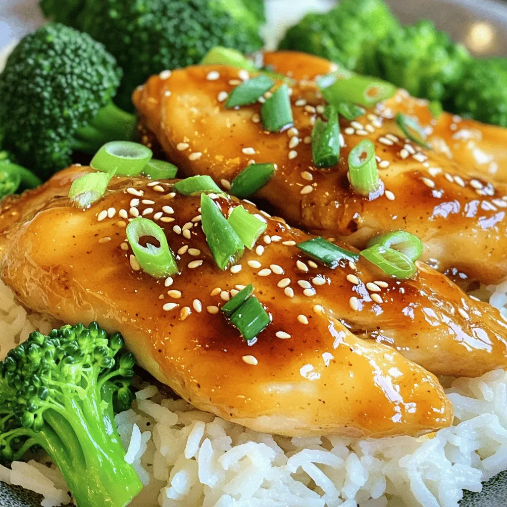To make honey garlic chicken, you need a few simple ingredients. These will bring great taste to your meal. Here’s what you will need: - 4 boneless, skinless chicken breasts - 1/4 cup honey - 1/4 cup soy sauce (low sodium recommended) - 4 cloves garlic, minced - 1 tablespoon fresh ginger, grated - 1 tablespoon cornstarch - 2 tablespoons water - 2 tablespoons olive oil - Salt and pepper to taste - 2 green onions, chopped (for garnish) - Sesame seeds (for garnish) Each ingredient plays a key role. The chicken breasts are your main protein. Honey adds sweetness, while soy sauce gives it a savory kick. Garlic and ginger bring a nice depth of flavor. Cornstarch and water help thicken the sauce, making it sticky and delicious. Olive oil is great for cooking, and salt and pepper enhance everything. Finally, green onions and sesame seeds add a fresh crunch on top. For the full recipe, check out the cooking steps that follow. Start by mixing honey, soy sauce, minced garlic, and ginger in a small bowl. This mix creates a sweet and savory flavor. Pour this marinade over the chicken breasts in a resealable bag or shallow dish. Seal the bag or cover the dish tightly. Place it in the fridge for at least 30 minutes. For the best taste, let it marinate for 2-3 hours. Take the chicken out of the fridge and let it rest at room temperature for about 10 minutes. This helps it cook evenly. In a large skillet, heat olive oil over medium-high heat. Remove the chicken from the marinade, saving the marinade for later. Season both sides with salt and pepper. Cook the chicken for 6-7 minutes on one side until it's brown. After browning the chicken, flip it over. Pour the reserved marinade into the skillet. Cook for another 6-7 minutes. Make sure the chicken reaches an internal temperature of 165°F (75°C). In a small bowl, mix cornstarch with water until smooth. Once the chicken is done, take it out of the skillet and set it aside. Stir the cornstarch mix into the sauce in the skillet. Let it simmer for a few minutes, stirring constantly until the sauce thickens. Put the cooked chicken back into the skillet. Coat it thoroughly with the thickened sauce. Cook for an extra minute to heat it up again. This step adds an extra layer of flavor. Once done, take the chicken off the heat and place it on a serving platter. Drizzle the remaining sauce over the chicken. Garnish with chopped green onions and sesame seeds for a nice touch. For a complete meal, serve it on jasmine rice with steamed broccoli. Check out the Full Recipe for more tips! I love using a skillet for this dish. A cast iron skillet gives great heat. It cooks the chicken evenly and adds a nice crust. You can also grill the chicken for a smoky flavor. If you want, bake it in the oven at 375°F for about 25-30 minutes. Just make sure it reaches 165°F inside to be safe. Marinating is key to great taste. Aim for at least 30 minutes, but 2-3 hours is best. Use fresh garlic and ginger for the best flavor. Don't skip the cornstarch; it helps thicken the sauce. A little extra honey can add a nice touch of sweetness. Serve this honey garlic chicken on a bed of jasmine rice. The rice soaks up the sauce well. Add some steamed broccoli for color and crunch. You can also sprinkle sesame seeds and green onions on top for a nice finish. If you like, serve extra sauce on the side for dipping. For the full recipe, check out the detailed instructions above. {{image_2}} You can add vegetables to the honey garlic chicken for a complete meal. Broccoli, bell peppers, and snap peas work well. Just chop the veggies into bite-sized pieces. Add them to the skillet after you flip the chicken. Cook them until they are tender but still crisp. This boost of nutrients adds color and flavor. Plus, it makes your meal more filling. If you like a kick, try the spicy honey garlic chicken. Add red pepper flakes or Sriracha to the marinade. Start with a small amount and taste as you go. This way, you control the heat. The spice pairs nicely with the sweet honey and garlic. It gives your dish a fun twist and keeps things exciting. Grilling gives your chicken a lovely smoky flavor. After marinating, preheat your grill to medium heat. Cook the chicken for about 6-7 minutes on each side. Brush the marinade on while you grill for extra flavor. The grill marks not only look great but add depth to the taste. Serve it with a side of fresh salad for a light dinner. For detailed cooking steps, check the Full Recipe. After making honey garlic chicken, you might have some leftovers. It's important to store them right. First, let the chicken cool down to room temperature. Then, place it in an airtight container. You can store the chicken in the fridge for up to four days. If you want to keep it longer, consider freezing it. When you are ready to eat leftovers, reheating is key. You can use the microwave for quick heating. Place the chicken on a microwave-safe plate and cover it. Heat in 30-second intervals until warm. If you prefer, you can reheat in a skillet. Just add a splash of water or sauce to keep it moist. Heat over low until warmed through. Freezing honey garlic chicken is simple. If you plan to freeze it, do it right after cooking. Allow the chicken to cool, then wrap it tightly in plastic wrap. Place it in a freezer-safe bag to prevent freezer burn. It can stay in the freezer for up to three months. When you are ready to eat it, thaw in the fridge overnight. Then, reheat as mentioned above. For the best taste, eat it within a month after thawing. Check [Full Recipe] for more tips! If you want to skip soy sauce, try coconut aminos. This sauce tastes sweet and salty, just like soy sauce. You can also use tamari for a gluten-free option. Both work great in the honey garlic chicken. To make honey garlic chicken healthier, use less honey. You can also swap chicken breasts for skinless thighs. Another tip is to add more veggies, like bell peppers or broccoli. This will add color and nutrients to your dish. Yes, chicken thighs are a great choice! They stay juicy and tender. Just make sure to cook until they reach 165°F (75°C). The flavor will be rich and delicious in the honey garlic sauce. Honey garlic chicken goes well with many sides. Here are some ideas: - Steamed rice, especially jasmine or brown rice - Roasted vegetables, like broccoli or carrots - A fresh garden salad with a light dressing - Noodles, such as soba or rice noodles These sides will balance the sweet and savory flavors of the chicken. For the full recipe, check out the [Full Recipe]. This blog post covered key steps for a delicious honey garlic chicken. We talked about ingredients, marinating, cooking methods, and ways to enhance flavor. You can easily adjust the recipe with fun variations or tips for storage. Whether you're cooking on a weeknight or for a special occasion, this dish will impress. Enjoy trying out new methods or side dishes. Cooking can be simple, fun, and rewarding. With these tips, your honey garlic chicken will shine at every meal.