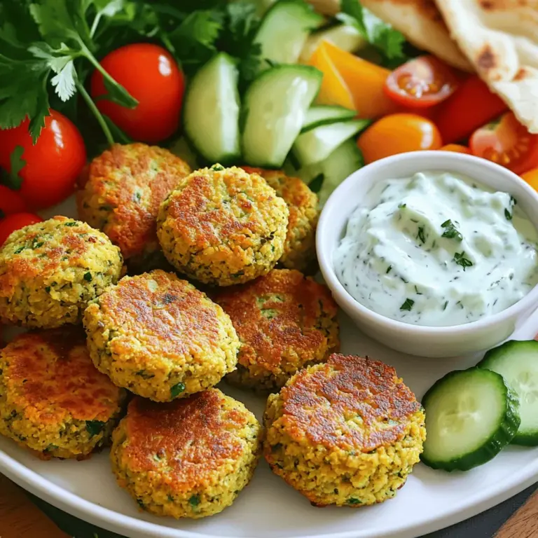 - 1 can (15 oz) chickpeas, rinsed and drained - 1 cup fresh parsley, tightly packed - 1 cup fresh cilantro, tightly packed - 4 cloves garlic, minced - 1 small onion, roughly chopped - 1 teaspoon ground cumin - 1 teaspoon ground coriander - 1/2 teaspoon baking powder - 1/2 teaspoon salt - 1/4 teaspoon black pepper - 1 tablespoon olive oil - 2 tablespoons tahini - 1 tablespoon lemon juice - Optional: pita bread and fresh veggies for serving Baked falafel starts with chickpeas. They give falafel its base and texture. I like to use canned chickpeas for ease. Just rinse and drain them well. Fresh herbs like parsley and cilantro bring brightness. Their flavors are essential for a tasty falafel. Aromatics, such as garlic and onion, add depth. Mince the garlic finely so it mixes well. Chop the onion roughly; it will blend smoothly in the food processor. - 1 cup plain Greek yogurt - 1/2 cucumber, grated and excess moisture squeezed out - 1 clove garlic, minced - 1 tablespoon lemon juice - Salt and pepper to taste For the tzatziki sauce, Greek yogurt gives a creamy base. It’s thick and rich, making it perfect for dipping. Grated cucumber adds freshness. Be sure to squeeze out excess moisture. This prevents the sauce from becoming watery. The minced garlic and lemon juice provide zing. Adjust salt and pepper to your taste. Together, these ingredients create a cool and refreshing sauce that pairs perfectly with baked falafel. For the full recipe, check out the recipe section above! - First, preheat your oven to 400°F (200°C). Line a baking sheet with parchment paper. This helps the falafel cook evenly. - Next, take a food processor. Add the chickpeas, parsley, cilantro, garlic, and onion. Then, sprinkle in the cumin, coriander, baking powder, salt, and black pepper. Pulse the mixture until it is well mixed, but still a bit chunky. This texture is key for great falafel. - Now, add the olive oil, tahini, and lemon juice. Pulse again until smooth. This will help bind everything together. - Take the falafel mixture out of the food processor. Using your hands, shape it into small balls or patties. Aim for about 1-2 inches wide. Place them on your lined baking sheet, leaving space between each one. - Bake in the preheated oven for 20-25 minutes. Flip the falafel halfway through. They should turn golden brown and get crisp on the outside. - For the tzatziki sauce, mix the Greek yogurt, grated cucumber, minced garlic, and lemon juice in a medium bowl. Add salt and pepper to taste. - This sauce is perfect for dipping or drizzling over the falafel. You can serve the falafel warm with tzatziki on the side. Pita bread and fresh veggies make great companions too. For the full recipe, check the provided details and enjoy making this fresh and flavorful dish! To make great falafel, it helps to pulse in the food processor. Start with all the ingredients except the oil, tahini, and lemon juice. Pulse until you see a mix that is still chunky. This texture gives a nice bite. Before shaping the falafel, check the consistency. It should hold together when squeezed. If it’s too dry, add a bit of water. If it’s too wet, add some breadcrumbs. This step is key for a good shape and bake. For the best tzatziki sauce, strain the cucumber first. Grate the cucumber and squeeze out the extra moisture. This makes the sauce less watery and more flavorful. Next, balance the flavors with seasoning. Mix the Greek yogurt, garlic, lemon juice, salt, and pepper well. Taste the mixture as you go. Adjust the salt and lemon juice to fit your taste. This will make the sauce really pop. Baked falafel shines when paired with pita bread and fresh veggies. Serve the falafel warm, with pita on the side for dipping. Fresh veggies like cucumber and bell peppers add crunch. For presentation, arrange the falafel on a plate with the tzatziki in a small bowl. You can sprinkle some herbs on top for a colorful touch. This makes your dish look as good as it tastes. For the full recipe, check out the earlier section. Enjoy your meal! {{image_2}} To make your baked falafel pop with flavor, consider adding spices. A pinch of smoked paprika or chili powder can give a nice kick. You can also try adding fresh herbs like mint or dill for a twist. Another fun way to enhance your falafel is by mixing in veggies. Finely chopped bell peppers or grated carrots can add texture and taste. Just make sure to keep the mix balanced so your falafel holds together well. If you want to switch up your tzatziki, there are easy yogurt substitutes. You can use dairy-free yogurt made from almond or coconut. This way, you can enjoy the sauce without dairy. For a vegan tzatziki, try using cashew cream. Just blend soaked cashews with lemon juice and salt. It’s creamy and full of flavor, perfect for your falafel. Baked falafel is very versatile. You can serve it in a warm pita wrap for a quick meal. Just add fresh veggies and tzatziki for a tasty bite. If you prefer a lighter option, serve it over a salad. Toss greens with sliced cucumbers, tomatoes, and olives. Drizzle with tzatziki for a refreshing dish. You can also get creative with dips. Try serving the falafel with hummus or baba ganoush. These dips complement the flavors and make for a fun meal. For the full recipe, check out the detailed instructions above. To keep your falafel fresh, refrigerate them within two hours. Place the falafel in an airtight container. They will stay good for about three to four days in the fridge. When you want to reheat them, use the oven. Preheat it to 350°F (175°C). Lay the falafel on a baking sheet. Heat for about 10 minutes. This will help them stay crispy. You can also use a toaster oven for a quick fix. For tzatziki sauce, store it in a sealed container. It can last for about three to five days in the fridge. Make sure to use a glass or plastic container. This keeps it fresh longer. If you want to keep tzatziki for a longer time, consider freezing it. Place the sauce in a freezer-safe container. It can last up to three months in the freezer. When ready to use, thaw it overnight in the fridge. Stir well before serving. For the full recipe, check out the Baked Falafel with Tzatziki Sauce. To make baked falafel crispy, use a few key techniques. First, pulse your ingredients in the food processor. Don’t over-blend; leave some texture. This helps with crispness. Next, add a little olive oil. It adds flavor and aids in browning. Bake your falafel at the right temperature. Preheat your oven to 400°F (200°C). This heat helps them get golden and crunchy. Bake for 20-25 minutes. Flip them halfway through for even cooking. Keep an eye on them. They should be firm and brown. Yes, you can freeze baked falafel for later use. To freeze, let them cool completely first. Then, place them in a single layer on a baking sheet. Freeze until firm, then transfer to a freezer bag. This method keeps them from sticking together. When you’re ready to eat, thaw them in the fridge overnight. Reheat in the oven at 375°F (190°C) for about 10-15 minutes. This method keeps them crispy and tasty. Baked falafel pairs well with many side dishes. You can serve it with a fresh salad. Try a simple cucumber and tomato salad. Hummus also makes a great dip. For a complete meal, add some pita bread and tzatziki sauce. The cool sauce complements the warm falafel perfectly. You can also add some roasted veggies for extra flavor. Explore these options for a fun and tasty meal. For the full recipe, check the section above. Baked falafel and tzatziki sauce are both simple to make and delicious. You learned about key ingredients, preparation steps, and helpful tips. The variations you can try will keep meals exciting. Proper storage helps keep leftovers fresh for later. Remember, crispy falafel and refreshing tzatziki add great flavor to dishes. With practice, you will master this tasty meal. Enjoy exploring these recipes and impressing your friends and family with your new skills!