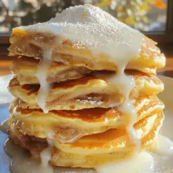 - 1 cup all-purpose flour - 2 tablespoons granulated sugar - 1 teaspoon baking powder - ½ teaspoon baking soda - ¼ teaspoon salt These ingredients form the base of your pancakes. All-purpose flour gives the right texture. Sugar adds sweetness, while baking powder and baking soda help the pancakes rise. Salt enhances the flavors. - 1 cup buttermilk (or milk with vinegar) - 1 large egg - 2 tablespoons melted butter - 1 teaspoon vanilla extract Buttermilk makes pancakes tender. If you don't have buttermilk, mix milk with vinegar. The egg binds everything together, while melted butter adds richness. Vanilla brings a warm flavor to each bite. - 2 tablespoons unsalted butter, softened - ¼ cup brown sugar - 1 tablespoon ground cinnamon This filling is what makes these pancakes special. The butter keeps it smooth. Brown sugar adds a deep sweetness, and cinnamon gives that classic roll taste. - 4 oz cream cheese, softened - 1 cup powdered sugar - 2 tablespoons milk - 1 teaspoon vanilla extract The cream cheese glaze is the finishing touch. It’s rich and creamy. Mix it well to achieve a smooth texture. This glaze ties all the flavors together and makes your pancakes irresistible. For the full recipe, check out the details above. To start, let’s mix the filling. In a small bowl, combine: - 2 tablespoons unsalted butter, softened - ¼ cup brown sugar - 1 tablespoon ground cinnamon Stir these ingredients until they blend well. This mixture should be smooth and creamy. Once done, transfer it to a zip-top bag. Seal the bag and set it aside for now. Next, we’ll prepare the pancake batter. In a large bowl, measure and whisk together: - 1 cup all-purpose flour - 2 tablespoons granulated sugar - 1 teaspoon baking powder - ½ teaspoon baking soda - ¼ teaspoon salt In another bowl, mix the wet ingredients. Combine: - 1 cup buttermilk (or milk with 1 tablespoon vinegar) - 1 large egg - 2 tablespoons melted butter - 1 teaspoon vanilla extract Pour the wet mix into the dry ingredients. Stir gently until just combined. It’s okay if some lumps remain; don’t overmix. Now, we need to heat our griddle. Preheat it over medium heat. This will help cook the pancakes evenly. For the best results, grease the griddle lightly with butter or cooking spray. This prevents sticking and adds flavor. Let’s cook the pancakes! Pour about ¼ cup of batter onto the hot griddle for each pancake. Take the zip-top bag with the cinnamon filling. Carefully snip a small corner off. Squeeze the filling onto each pancake in a swirl pattern. Watch for bubbles to form on the surface. This takes about 2-3 minutes. When they look ready, flip the pancakes. Cook for another 1-2 minutes or until golden brown. Repeat this with the remaining batter and filling. While the pancakes cook, let’s make the glaze. In a medium bowl, beat together: - 4 oz cream cheese, softened - 1 cup powdered sugar - 2 tablespoons milk - 1 teaspoon vanilla extract Mix until smooth and creamy. The glaze should be pourable, but not too runny. Finally, it’s time to serve! Stack the pancakes on a plate and drizzle with the cream cheese glaze. For a beautiful presentation, consider adding some optional toppings. You might sprinkle extra cinnamon or a dusting of powdered sugar. Enjoy this delightful breakfast treat! For the full recipe, refer to the section above. - Overmixing the pancake batter: This is a common mistake. When making your batter, stir gently. Mix until you see no dry flour. A few lumps are fine. Overmixing makes pancakes tough. - Incorrect griddle temperature: A hot griddle is key. If it’s too cool, pancakes cook unevenly. If it’s too hot, they burn. Heat your griddle to medium. Test with a drop of water. It should sizzle and evaporate quickly. - Using the right piping techniques: For a great swirl, use a zip-top bag. Fill it with the cinnamon mixture. Cut a small corner off. Squeeze gently to create a nice swirl on the batter. - Consistency of the filling: The filling should be thick but spreadable. If it’s too runny, it won’t hold shape. Mix until smooth. If it’s too hard, let it sit at room temperature for a few minutes. - Adding vanilla or extra spices: For more flavor, add a splash of vanilla to the batter. You can also mix in nutmeg or extra cinnamon. These small changes make a big difference. - Alternatives to cream cheese glaze: If you want a twist, try a maple syrup glaze. You can mix maple syrup with powdered sugar. This gives a sweet, rich flavor without cream cheese. {{image_2}} You can make cinnamon roll pancakes even better by adding fruits or nuts. Berries like blueberries or strawberries bring a fresh taste. Bananas add a sweet, soft texture. Chopped nuts like walnuts or pecans give a nice crunch. Mix these into the batter for a tasty twist. You can also add fruits into the cinnamon swirl. Instead of just cinnamon, try mixing in mashed bananas or chopped apples. This gives a fruity flavor and makes your pancakes extra special. If you want a gluten-free option, you can use different flours. Almond flour or oat flour work well in this recipe. Just replace the all-purpose flour with your choice. You might need to add a bit more liquid since these flours absorb moisture differently. Make sure to check all your ingredients. Some baking powders contain gluten. Look for gluten-free labels to ensure your meal stays safe for gluten-free diets. To make these pancakes vegan, swap out the dairy and eggs. Use plant-based milk instead of buttermilk. Almond milk or soy milk are great choices. For the egg, try using flaxseed meal or applesauce. Instead of regular butter, use plant-based butter. This keeps the rich taste while making it vegan. With these easy swaps, everyone can enjoy cinnamon roll pancakes! Check out the Full Recipe for all the details. To keep leftover pancakes fresh, place them in an airtight container. Refrigerate them right away to prevent spoilage. For best results, separate layers with parchment paper. This helps stop them from sticking together. When you want to reheat pancakes, use a skillet or microwave. For the skillet, warm it over low heat. Heat each pancake for about 1-2 minutes per side. This keeps them soft. In the microwave, place a pancake on a plate and cover it with a damp paper towel. Heat for about 20-30 seconds. This method helps maintain moisture. To freeze pancakes, stack them with parchment paper between layers. Then wrap the stack tightly in plastic wrap. Place the wrapped pancakes in a freezer-safe bag. Make sure to remove as much air as possible. This keeps them fresh and prevents freezer burn. When you're ready to enjoy them, take the pancakes out. Thaw them in the fridge overnight. To reheat, use a skillet or microwave as described above. Cinnamon roll pancakes stay fresh in the fridge for about 3-4 days. If properly frozen, they can last for up to 2 months. Always check for signs of spoilage before eating. Look for changes in smell, color, or texture. If they seem off, it’s best to throw them away. For the ultimate experience, enjoy your pancakes as fresh as possible, following the full recipe for the best results. To make cinnamon roll pancakes, start by mixing your dry and wet ingredients separately. Combine 1 cup of all-purpose flour, 2 tablespoons of sugar, 1 teaspoon of baking powder, ½ teaspoon of baking soda, and ¼ teaspoon of salt in a bowl. In another bowl, whisk together 1 cup of buttermilk, 1 large egg, 2 tablespoons of melted butter, and 1 teaspoon of vanilla extract. Now, pour the wet mix into the dry mix and stir gently. Next, prepare the cinnamon swirl. Mix 2 tablespoons of softened butter, ¼ cup of brown sugar, and 1 tablespoon of ground cinnamon in a bowl. Transfer this mix into a zip-top bag for easy swirling. Heat a griddle to medium. Pour about ¼ cup of batter onto the hot griddle, then snip a corner of the bag and swirl the cinnamon mix over the batter. Cook until bubbles form, then flip and cook until golden. Serve with a cream cheese glaze for a special touch. For the full recipe, check out the detailed instructions above. Yes, you can use regular milk instead of buttermilk. If you don't have buttermilk, make your own. Just add 1 tablespoon of vinegar to 1 cup of regular milk. Let it sit for about 5 minutes. This will give your pancakes a nice tang and help them rise better. To achieve fluffy pancakes, do not overmix the batter. Mix just until combined. Some lumps are okay! Using buttermilk also helps. It reacts with baking soda, creating bubbles that make your pancakes light. Another tip is to let the batter rest for a few minutes before cooking. This allows the flour to hydrate and the gluten to relax, leading to fluffier pancakes. To store pancakes, let them cool completely first. Place them in an airtight container. If you stack them, place parchment paper between layers to avoid sticking. Store in the fridge for up to 3 days. For longer storage, freeze them in a single layer, then transfer to a freezer bag. They can last for up to 2 months. Yes, you can make the pancake batter ahead of time. Prepare the batter and cover it with plastic wrap. Store it in the fridge for up to 24 hours. When you're ready to cook, give it a gentle stir. If it thickened, add a splash of milk to reach the desired consistency. You now have all the key ingredients and steps to make delicious cinnamon roll pancakes. From mixing the perfect batter to creating that tasty cream cheese glaze, you’re set for success. Remember the tips to avoid common mistakes and explore fun variations to keep things fresh. Whether you go gluten-free or vegan, you can adapt this recipe for everyone. Enjoy your pancakes, and have fun experimenting! Cooking should be joyful, and these pancakes are sure to bring smiles.