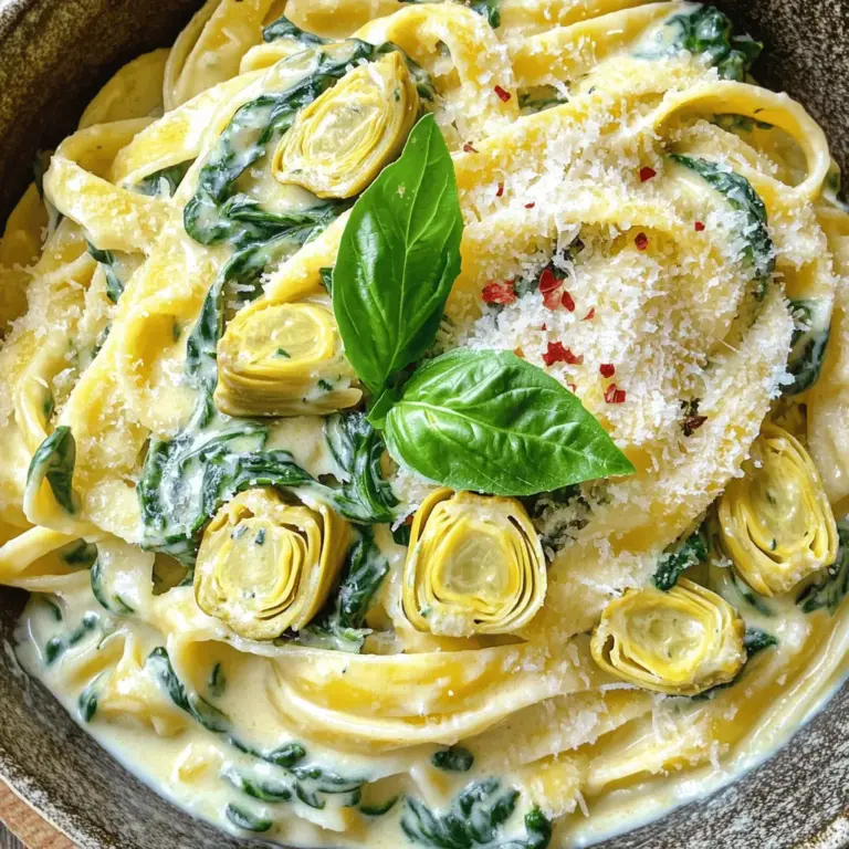 To make creamy spinach and artichoke pasta, gather the following ingredients: - 8 oz fettuccine pasta - 1 tablespoon olive oil - 2 cloves garlic, minced - 1 can (14 oz) artichoke hearts, drained and quartered - 4 cups fresh spinach - 1 cup heavy cream - 1/2 cup cream cheese, softened - 1/2 cup grated Parmesan cheese - 1/4 teaspoon red pepper flakes (optional) - Salt and pepper to taste - Fresh basil for garnish When choosing spinach, look for bright green leaves. Avoid wilted or yellowed spinach. For artichokes, choose canned or jarred varieties packed in water or oil. Check for firm hearts with no discoloration. If you have dietary restrictions, you can swap ingredients easily. For gluten-free pasta, use rice or quinoa pasta. For a vegan option, replace heavy cream and cream cheese with cashew cream. Use nutritional yeast instead of Parmesan for a cheesy flavor. You can also experiment with different cheeses. Try using mozzarella for a milder taste or goat cheese for a tangy twist. Cheddar adds a bold flavor if that's what you prefer. To cook the fettuccine, start with a large pot. Fill it with water and add salt. This salt helps the pasta taste better. Bring the water to a boil. Add the fettuccine and cook it according to the package instructions. You want it to be al dente, which means firm but not hard. This usually takes about 8-10 minutes. Drain the pasta and set it aside. Now it’s time to make the sauce. Take a large skillet and heat olive oil over medium heat. Once hot, add the minced garlic. Sauté it for about one minute until it smells good. Next, add the quartered artichoke hearts. Cook these for 2 to 3 minutes. After that, add the fresh spinach. Cook until it wilts, which should take about 2 minutes. Lower the heat and pour in the heavy cream and cream cheese. Stir until the cream cheese melts and the sauce becomes smooth. This step is key for a creamy texture in your dish. With your sauce ready, it’s time to mix in the pasta. Add the cooked fettuccine to the skillet. Toss everything together so the pasta is coated in the creamy sauce. Cook for an additional 2 to 3 minutes. This will heat everything through and blend the flavors. Feel free to taste and adjust seasoning with salt and pepper. This step ensures a balanced flavor in your creamy spinach and artichoke pasta. If you want a kick, you can sprinkle in some red pepper flakes too! Enjoy your delightful meal with fresh basil on top for a lovely finish. You can find the full recipe to guide you through these steps easily. To make a smooth cream sauce, avoid high heat. High heat can cause the cream to curdle. Always use low heat when adding dairy. This helps keep your sauce creamy and rich. Stir gently as you mix in heavy cream and cream cheese. Pair your creamy spinach and artichoke pasta with a fresh salad. A light side salad adds crunch and color. You might also serve it with warm, crusty bread. For plating, use a large bowl to show off your pasta. Garnish with fresh basil for a pop of green. Avoid overcooking your pasta or vegetables. This can make them mushy and unappealing. Aim for al dente pasta and crisp vegetables. Also, do not forget to season your dish well. Underseasoning can make your meal bland. Always taste and adjust seasoning before serving. For the full recipe, check out the details above. {{image_2}} You can change up the veggies in this dish. Try adding mushrooms or sun-dried tomatoes for a twist. These choices bring new flavors and textures. If you want to switch pasta types, penne or rigatoni work great too. They hold the sauce well and make each bite tasty. Want to add some protein? Grilled chicken or shrimp are great options. They boost the dish's heartiness and make it more filling. You can also play with spices and herbs. Oregano or thyme can add depth to the flavor. Just a pinch goes a long way! If you're looking for vegan options, swap the cream and cheese for plant-based alternatives. Coconut cream or cashew cream are excellent choices. You can also use gluten-free pasta to make this dish fit your needs. For a low-calorie version, choose whole wheat pasta and cut back on the cream. Each swap makes the dish unique while keeping it delicious. Check out the Full Recipe for more ideas! To keep your creamy spinach and artichoke pasta fresh, store leftovers in a sealed container. Use glass or plastic containers that can hold moisture well. For best results, cool the pasta before sealing. This helps avoid sogginess from steam. Always label your containers with the date, so you know when to toss them. When reheating this pasta, use a pan on low heat. Stir gently to warm it up evenly. If you prefer using a microwave, do it in short bursts. Add a splash of cream or milk to maintain the creamy texture. This keeps the sauce from becoming too thick or clumpy. To freeze your pasta, portion it into airtight containers. Ensure the pasta cools completely before freezing. This helps preserve the taste and texture. For thawing, move it to the fridge overnight. When ready to reheat, use the same low-heat method. Add a bit of cream to restore the creamy feel. You can enjoy this dish with a variety of sides. Here are some tasty ideas: - Garlic Bread: This pairs well with the creamy sauce and adds a nice crunch. - Caesar Salad: The crisp greens balance the rich flavors of the pasta. - Roasted Vegetables: Carrots, bell peppers, or zucchini make a colorful side. - White Wine: A chilled glass of Pinot Grigio complements the meal perfectly. Yes, you can prepare this dish in advance. Here are some tips: - Cook the Pasta: You can cook the pasta a day ahead. Just undercook it slightly. - Store the Sauce: Keep the sauce in the fridge for up to three days. - Reheat Carefully: Warm it on low heat. Add a splash of cream if it thickens too much. Adjusting the sauce is easy. Here’s how: - To Thicken: Add more cream cheese or Parmesan cheese. Simmer it longer to reduce. - To Thin: Stir in a little pasta water or more heavy cream. This helps reach your desired consistency. This recipe is great for meal prep. Here are the best practices: - Batch Cooking: Make a large batch and store in individual containers. - Storage: Use airtight containers for freshness. Keep in the fridge for up to four days. - Easy Reheating: Reheat in the microwave or on the stove. Just add a bit of liquid to keep it creamy. For the full recipe, check the detailed instructions above. Enjoy your cooking! This blog post offered a clear guide on making creamy spinach and artichoke pasta. We covered fresh ingredients, cooking techniques, and useful tips. You learned how to avoid common mistakes and explore fun variations. Remember to experiment with flavors and storage options to enjoy your dish longer. Keep these insights in mind as you cook. You'll love the taste and comfort of this meal. Now, it's time to create a delicious dish that impresses!