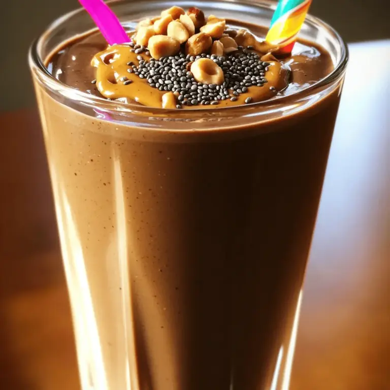 To make a creamy and delightful chocolate peanut butter smoothie, you need a few simple ingredients. Each one plays a key role in creating that rich flavor and smooth texture. Here’s what you will need: - 1 ripe banana, frozen - 2 tablespoons natural peanut butter - 1 tablespoon cocoa powder - 1 cup almond milk (or any milk of choice) - 1 tablespoon honey or maple syrup (adjust for sweetness) - 1 tablespoon chia seeds - A pinch of sea salt - Ice cubes (optional) The frozen banana gives the smoothie its creamy texture. It also adds natural sweetness. Natural peanut butter contributes healthy fats and protein, making this smoothie filling. Cocoa powder brings the rich chocolate flavor we all love. Almond milk keeps it light and dairy-free, but feel free to use any milk you prefer. Honey or maple syrup sweetens the smoothie just right. Chia seeds add fiber and a nice texture. The pinch of sea salt balances the sweetness and enhances all the flavors. If you want a thicker smoothie, toss in some ice cubes. This combination makes a satisfying treat, perfect for breakfast or a snack. Check out the [Full Recipe] to whip up this tasty drink. First, gather all your ingredients. You will need: - 1 ripe banana, frozen - 2 tablespoons natural peanut butter - 1 tablespoon cocoa powder - 1 cup almond milk (or any milk of choice) - 1 tablespoon honey or maple syrup (adjust for sweetness) - 1 tablespoon chia seeds - A pinch of sea salt - Ice cubes (optional, for a thicker consistency) Make sure the banana is frozen. This gives your smoothie a creamy texture. Measure out the peanut butter and cocoa powder. Keep your almond milk ready. You can use any milk you like. Now, it's time to blend! In your blender, add the frozen banana, peanut butter, cocoa powder, almond milk, honey or maple syrup, chia seeds, and sea salt. Blend on high speed until everything is smooth and creamy. If you want a thicker smoothie, toss in some ice cubes and blend again. Taste your smoothie. If it's not sweet enough, add more honey or syrup. Blend again to mix in the sweetener. Pour your smooth and creamy treat into a tall glass or a bowl. For a beautiful touch, sprinkle chia seeds or crushed peanuts on top. You can even drizzle a bit more peanut butter for extra flavor. This makes your smoothie look as good as it tastes. Enjoy your Chocolate Peanut Butter Smoothie! Check out the Full Recipe for more tips and tricks. To achieve that perfect creamy texture, start with a frozen banana. The banana adds natural sweetness and thickness. Next, use natural peanut butter. It blends well and adds a rich flavor. Don’t forget the cocoa powder; it enhances the chocolate taste. For a smoother blend, use almond milk. Feel free to use any milk you like. If you want an even creamier smoothie, add a few ice cubes. Blend until smooth, and enjoy the thick texture. Sweetness can make or break your smoothie. I use honey or maple syrup for sweetness. Start with just one tablespoon. After blending, taste your smoothie. If it needs more sweetness, add a little more honey or syrup. Blend again to mix it well. If you like it sweeter, repeat this step until you reach your desired taste. Remember, you can always add, but you can’t take away. The right tools can make your smoothie experience better. A good blender is key. I recommend a high-speed blender. It blends everything smoothly and quickly. If you don’t have one, a regular blender works too, but you may need to blend longer. Use a measuring cup for the almond milk and a tablespoon for the peanut butter and sweetener. This ensures you get the right amounts. Enjoy your delicious chocolate peanut butter smoothie with these simple tips. For the full recipe, check the section above. {{image_2}} If you want a dairy-free smoothie, use almond milk or coconut milk. These options taste great and keep the smoothie creamy. You can also try oat milk for a thicker texture. Each milk gives a unique flavor, so pick what you like best. If you have nut allergies, fear not! You can switch peanut butter for sunflower seed butter. It has a similar creamy texture and flavor. You can also use soy nut butter for a different twist. Both options make this smoothie safe and tasty for everyone. To lower the sugar, skip the honey or maple syrup. The frozen banana adds natural sweetness. You can also use unsweetened cocoa powder to cut down on sugar. If you need more sweetness, try a few drops of stevia or monk fruit. This way, you can enjoy your smoothie without the extra sugar! If you have leftover smoothie, pour it into an airtight container. Seal it well and store it in the fridge. It stays good for up to 24 hours. When you're ready to drink it, stir well. If it separates a bit, that's okay; just mix it up again. Freezing ingredients can save you time. For bananas, peel and slice them first. Place the slices on a baking tray and freeze them. Once frozen, transfer them to a bag or container. This way, you can quickly grab a banana for your smoothie. You can also freeze portions of peanut butter in ice cube trays for easy use. Smoothies are best enjoyed cold. If you need to warm it, do so gently. Pour it into a pot and heat on low. Stir constantly to avoid cooking the ingredients. This method keeps the flavors intact. However, I suggest enjoying your chocolate peanut butter smoothie fresh. For more details, check the Full Recipe. If you want to skip the banana, try using avocado. It adds creaminess without strong flavor. You can also use silken tofu or frozen mango for a different taste. Both will keep your smoothie smooth and thick. Yes, this smoothie can be healthy. It has protein from peanut butter and healthy fats. The banana gives you potassium and fiber. Cocoa powder adds antioxidants. Just watch the added sweeteners to keep it balanced. To make this smoothie vegan, use plant-based milk like almond or oat milk. Replace honey with maple syrup or agave nectar. All other ingredients are already plant-based. This way, you enjoy the same creamy taste without animal products. Absolutely! Adding protein powder boosts the smoothie’s nutrition. You can use whey, casein, or plant-based protein. Just mix in one scoop before blending. It blends easily and doesn’t change the flavor much. This smoothie has about 400 calories. The exact number depends on your ingredients. If you change the milk or add protein powder, the calories will vary. Check the labels for precise calorie counts. For the full recipe, refer to the Choco-Peanut Bliss Smoothie section. This blog post shared an easy recipe for a chocolate peanut butter smoothie. You learned about the right ingredients, step-by-step instructions, and helpful tips for a perfect blend. Variations allow you to switch things up, and storage tips help keep your smoothie fresh. Finally, the FAQs answered common questions to make your smoothie journey smoother. Try out this recipe and make it your own. Enjoy the healthy, tasty options waiting for you.