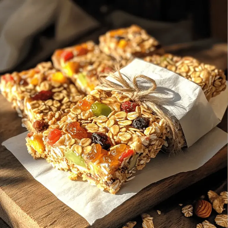 Making homemade granola bars is fun and easy. You need to gather the right ingredients first. Here are the main ones: - 2 cups rolled oats - 1 cup mixed nuts (almonds, walnuts, pecans) - 1/2 cup sunflower seeds - 1/2 cup honey or maple syrup - 1/4 cup almond butter or peanut butter - 1/2 cup dried fruits (cranberries, apricots, raisins) - 1 teaspoon vanilla extract - 1/2 teaspoon cinnamon - A pinch of salt These ingredients work together to create a tasty and filling snack. Rolled oats add fiber, while nuts and seeds bring protein. Dried fruits add sweetness and chewiness. You can customize your bars with fun add-ins. Here are some ideas: - Chocolate chips - Nut butters - Flavorings and spices Chocolate chips can give your bars a sweet twist. Nut butters add creaminess and richness. Try adding spices like nutmeg or ginger for extra flavor. Many people want different options for their granola bars. Here are some ideas for dietary needs: - Gluten-free variations: Use gluten-free oats. - Nut-free alternatives: Replace nuts with seeds like pumpkin or hemp. - Sugar substitutes: Use agave syrup or stevia instead of honey. These adjustments help everyone enjoy homemade granola bars. You can also check the Full Recipe for more tips and details. To start, line your baking dish with parchment paper. Use an 8x8 inch dish for best results. Leave some paper hanging over the edges. This makes it easy to lift out the bars later. Parchment paper is key here. It prevents sticking and keeps your bars intact. In a large bowl, mix the rolled oats, nuts, sunflower seeds, and dried fruits. Be sure to mix well. This helps spread the flavors and textures evenly. The combination of nuts and fruits adds a nice crunch and sweetness. Now, melt the almond butter and honey together in a small saucepan. Heat them on low. Stir until they blend together into a smooth mixture. Once melted, take it off the heat. Add in the vanilla extract, cinnamon, and a pinch of salt. Mixing in these flavors enhances the taste of your bars. Pour the warm nut butter mix over the dry ingredients. Stir everything together until well-coated. You want to achieve a sticky consistency. Next, transfer the mixture to your baking dish. Press it down firmly with a spatula or your hands. This helps the bars hold their shape. Bake in the preheated oven for 20 to 25 minutes. Look for golden brown edges; this means they are done. Once baked, let the granola bars cool completely in the pan. You can use the overhanging parchment paper to lift them out. After cooling, cut them into bars or squares. Enjoy your Nutty Bliss Homemade Granola Bars! For the full recipe, check out the details above. You can create your favorite flavors by adding different ingredients. Try adding chocolate chips for a sweet touch. Dried coconut can bring a tropical vibe. You can also mix in spices like nutmeg or ginger for warmth. Experimenting with textures can make your bars even better. Use crunchy nuts or seeds for a bit of crunch. Soft dried fruits add chewiness. You can even swap some oats for puffed rice for a lighter texture. Balancing flavors is key. Honey or maple syrup can sweeten your bars. If you want less sugar, use mashed bananas. This adds sweetness and moisture. Managing moisture content is also important. If your mixture feels too dry, add a splash of water or more nut butter. If it’s too wet, add extra oats. This will help your bars hold together better. For presentation, wrap your granola bars in parchment paper. Tie them with twine for a rustic look. This makes them perfect for snacks on the go. Pair them with your favorite drinks. A tall glass of milk or a warm cup of tea works great. You can also serve them with yogurt for a tasty breakfast. {{image_2}} Granola bars are fun to make and easy to tweak. You can change the flavors and ingredients to match your taste. Here are some great ideas for different types of granola bars. You can create tropical granola bars by adding coconut. Just mix in shredded coconut with your base ingredients. This gives your bars a chewy and sweet bite that feels like a vacation. Chocolate lovers will enjoy chocolate and nut varieties. You can add dark chocolate chips or cocoa powder to your mix. Pair them with nuts for a tasty treat that satisfies your sweet tooth. If you want a protein-packed bar, consider adding protein powder or seeds. Chia seeds or hemp seeds can boost the protein level without changing the taste much. This makes your snack filling and nutritious. For those watching calories, low-calorie granola bars are a good choice. You can use less honey or choose a sugar substitute. Keep the nuts and seeds light to make it healthy but still tasty. You can use seasonal fruits and nuts to change things up. In summer, try fresh berries or peaches. In fall, go for apples and walnuts. Each season brings new flavors, making your granola bars exciting. Holiday-themed flavors add fun to your snacks. Use spices like cinnamon or nutmeg for a cozy flavor. Add dried cranberries for a festive touch around the holidays. These variations keep your granola bars fresh and fun. Feel free to mix and match flavors! For a complete recipe, check the Full Recipe section. To keep your granola bars fresh, use airtight containers. They protect against air and moisture. Choose a cool, dry place like a pantry or cupboard. Avoid sunlight, which can make them go stale. You can freeze granola bars for longer storage. Wrap each bar in plastic wrap. Place the wrapped bars in a freezer-safe bag. This keeps them fresh for up to three months. To thaw, take them out and leave them at room temperature. You can also heat them in the microwave for about 15 seconds. Homemade granola bars last about a week at room temperature. After that, they may lose their taste and texture. Signs of spoilage include a dry or hard texture and an off smell. If you see any mold, throw them away right away. For freshness, check them often. Enjoy your Nutty Bliss homemade granola bars by following the Full Recipe! Yes, you can use regular oats, but the texture will change. Regular oats cook faster and may turn mushy. Rolled oats hold their shape better and add chewiness. If you want crunchier bars, stick with rolled oats. Look for golden edges and a firm texture. The bars should not be soft in the center. A light touch will help you check; they should feel set but slightly soft. They will firm up as they cool. Absolutely! You can use alternatives like sunflower seed butter or coconut oil. These options still bind the ingredients. You can also use applesauce or mashed bananas for a fruity twist. Just remember, the texture may vary slightly. Homemade granola bars are simple to make. We explored key ingredients, from oats to dried fruits, plus fun add-ins like chocolate chips. We covered steps to prep your baking dish, mix ingredients, and bake for the perfect texture. Customization is key, so feel free to experiment with flavors. Store bars properly to keep them fresh. Remember, these snacks can fit any diet and season. Try your own twist on these nutritious bars today. Enjoy the process and the tasty results that come with it!