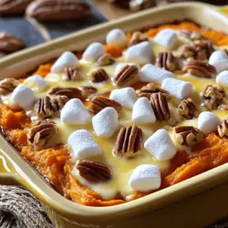 - 4 large sweet potatoes, peeled and cubed - 1/4 cup brown sugar - 1/4 cup melted butter - 1/2 teaspoon cinnamon - 1/4 teaspoon nutmeg - 1/2 teaspoon vanilla extract - 1/4 cup milk (or non-dairy alternative) - 1 cup mini marshmallows - 1/2 cup chopped pecans (optional) I love using sweet potatoes in this dish. They offer a creamy texture that's hard to beat. You want to pick large, firm sweet potatoes for the best flavor. The brown sugar adds a nice sweetness that balances the natural earthiness of the potatoes. Mixing in melted butter gives it a rich taste that makes every bite special. Cinnamon and nutmeg provide warm, cozy flavors. They remind me of family dinners and holiday gatherings. A splash of vanilla extract enhances the sweet notes, making it even more delightful. The milk smooths everything out, so it’s easy to mash. Finally, the mini marshmallows create a fun topping. They melt to a gooey layer that kids and adults love. If you enjoy a nutty crunch, pecans add great texture. They are optional, but I recommend trying them! - Large pot - Mixing bowl - Potato masher or electric mixer - 9x13 inch baking dish - Measuring cups and spoons - Oven You will need a large pot to cook the sweet potatoes. It helps them cook evenly and quickly. A mixing bowl is key for combining all the ingredients smoothly. A potato masher or electric mixer works well to achieve the right texture. You’ll also need a baking dish to hold your sweet potato mixture. A 9x13 inch dish is perfect for this recipe. Finally, don’t forget measuring cups and spoons to get the amounts just right. An oven is essential for baking your casserole until it’s golden and bubbly. For the full recipe, check out the Cozy Sweet Potato Marshmallow Bake section! - Preheat the oven to 375°F (190°C). - Boil the cubed sweet potatoes until tender, about 15-20 minutes. First, I boil the sweet potatoes. This step makes them soft, which helps when mixing. I cut the sweet potatoes into even cubes. Then, I place them in a large pot of boiling water. After 15-20 minutes, they are tender and ready to use. - Combine sweet potatoes with brown sugar, melted butter, cinnamon, nutmeg, vanilla extract, and milk. - Mash until smooth and adjust consistency. Next, I mix the sweet potatoes with brown sugar, melted butter, and spices. I add cinnamon and nutmeg for warmth. A splash of vanilla extract gives it a nice touch. I pour in some milk to make it creamy. Then, I mash everything together until smooth. If it feels too thick, I add a bit more milk. - Fold half of the mini marshmallows and pecans into the mixture. - Spread into baking dish and bake for 25 minutes. - Top with remaining marshmallows and bake until golden brown, about 10-15 minutes. Now, I fold in half of the mini marshmallows and pecans. This adds crunch and sweetness. I spread the mixture into a greased baking dish. After baking for 25 minutes, I take it out and top it with the rest of the marshmallows. I return it to the oven for another 10-15 minutes. The marshmallows turn golden brown and toasty, adding that perfect finish. For the complete recipe, check out the Full Recipe. To make your sweet potato casserole shine, start with freshly cooked sweet potatoes. They give a smooth texture and rich flavor. You can boil or roast them, but boiling is quicker. When mixing, taste as you go. Adjust the sugar and spices to fit your taste. If you like it sweeter, add more brown sugar. A pinch of salt can also enhance the flavors. When it’s time to serve, drizzle some melted butter or maple syrup on top. This adds a lovely shine and flavor. For some extra crunch, sprinkle more pecans on top. The contrast of textures makes each bite exciting. You can also serve it warm, right from the oven, or in individual bowls. One mistake to watch out for is overmixing the sweet potato mixture. This can make it gummy. Mix just until combined for the best texture. Also, don’t forget to preheat your oven. If it’s not hot enough, the casserole won’t bake evenly. Follow the steps in the Full Recipe for a perfect dish every time. {{image_2}} You can switch pecans for walnuts or almonds. Walnuts bring a soft crunch, while almonds add a nice bite. If you want extra creaminess, try adding nut butter. This twist gives richness and depth. To brighten the dish, mix in orange zest or juice. The citrus flavor lifts the sweetness of the sweet potatoes. You can also add a splash of bourbon or whiskey. This choice adds a warm, rich note that pairs well with the dish. If you want to make it sugar-free, use sugar substitutes like stevia or monk fruit. These options keep the sweetness without extra calories. For vegan options, swap regular milk for coconut milk and use dairy-free butter. This way, everyone can enjoy this sweet treat. For the full recipe, check out [Full Recipe]. To store leftovers, let the casserole cool first. Place it in an airtight container. This helps keep it fresh. You can also cover the dish with plastic wrap or foil. Use shallow containers to help it cool faster. You can freeze the casserole before or after baking. For unbaked casserole, wrap it tightly in plastic wrap, then in foil. For baked casserole, let it cool completely. Then, cover it as before. To thaw, place it in the fridge overnight. Reheat it in the oven at 350°F (175°C) for about 30 minutes. Sweet potato casserole lasts up to 5 days in the fridge. In the freezer, it can keep for up to 3 months. For the best taste, eat it sooner rather than later. Enjoy your cozy sweet potato marshmallow bake! You can find the full recipe to recreate this dish in your kitchen. Yes, you can prepare this dish ahead of time. To do this, follow these steps: - Cook and mash the sweet potatoes, mixing in all the ingredients. - Cover the mixture tightly with plastic wrap or foil. - Store in the fridge for up to 24 hours before baking. - When ready to bake, spread it in the baking dish and top with marshmallows. - Bake as directed, adding a few extra minutes if cold. To reheat and keep the texture, follow these steps: - Preheat your oven to 350°F (175°C). - Place the casserole in an oven-safe dish. - Cover with foil to prevent drying out. - Heat for about 20-25 minutes or until warm. - You can also microwave individual servings for 1-2 minutes. If you're looking for alternatives to marshmallows, try these: - Use chopped nuts like walnuts or almonds for crunch. - Top with coconut flakes for a tropical twist. - Drizzle with caramel sauce for added sweetness. - Try using a meringue topping for a light, fluffy finish. Yes, sweet potato casserole is gluten-free. The main ingredients are sweet potatoes, sugar, and butter. Always check labels for any pre-made ingredients. If you want to be extra safe, use gluten-free alternatives for any packaged items. This blog post guides you through making a delicious sweet potato casserole. We covered the main ingredients and tools you need to get started. You learned step-by-step instructions for preparing, mixing, and baking. I shared tips to avoid common mistakes and suggested variations for your taste. In the end, cooking is about fun and flavor. With these methods, you'll create a dish your family will love. Enjoy your cooking journey!