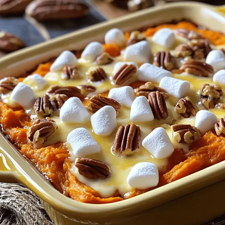 - 4 large sweet potatoes, peeled and cubed - 1/4 cup brown sugar - 1/4 cup melted butter - 1/2 teaspoon cinnamon - 1/4 teaspoon nutmeg - 1/2 teaspoon vanilla extract - 1/4 cup milk (or non-dairy alternative) - 1 cup mini marshmallows - 1/2 cup chopped pecans (optional) I love using sweet potatoes in this dish. They offer a creamy texture that's hard to beat. You want to pick large, firm sweet potatoes for the best flavor. The brown sugar adds a nice sweetness that balances the natural earthiness of the potatoes. Mixing in melted butter gives it a rich taste that makes every bite special. Cinnamon and nutmeg provide warm, cozy flavors. They remind me of family dinners and holiday gatherings. A splash of vanilla extract enhances the sweet notes, making it even more delightful. The milk smooths everything out, so it’s easy to mash. Finally, the mini marshmallows create a fun topping. They melt to a gooey layer that kids and adults love. If you enjoy a nutty crunch, pecans add great texture. They are optional, but I recommend trying them! - Large pot - Mixing bowl - Potato masher or electric mixer - 9x13 inch baking dish - Measuring cups and spoons - Oven You will need a large pot to cook the sweet potatoes. It helps them cook evenly and quickly. A mixing bowl is key for combining all the ingredients smoothly. A potato masher or electric mixer works well to achieve the right texture. You’ll also need a baking dish to hold your sweet potato mixture. A 9x13 inch dish is perfect for this recipe. Finally, don’t forget measuring cups and spoons to get the amounts just right. An oven is essential for baking your casserole until it’s golden and bubbly. For the full recipe, check out the Cozy Sweet Potato Marshmallow Bake section! - Preheat the oven to 375°F (190°C). - Boil the cubed sweet potatoes until tender, about 15-20 minutes. First, I boil the sweet potatoes. This step makes them soft, which helps when mixing. I cut the sweet potatoes into even cubes. Then, I place them in a large pot of boiling water. After 15-20 minutes, they are tender and ready to use. - Combine sweet potatoes with brown sugar, melted butter, cinnamon, nutmeg, vanilla extract, and milk. - Mash until smooth and adjust consistency. Next, I mix the sweet potatoes with brown sugar, melted butter, and spices. I add cinnamon and nutmeg for warmth. A splash of vanilla extract gives it a nice touch. I pour in some milk to make it creamy. Then, I mash everything together until smooth. If it feels too thick, I add a bit more milk. - Fold half of the mini marshmallows and pecans into the mixture. - Spread into baking dish and bake for 25 minutes. - Top with remaining marshmallows and bake until golden brown, about 10-15 minutes. Now, I fold in half of the mini marshmallows and pecans. This adds crunch and sweetness. I spread the mixture into a greased baking dish. After baking for 25 minutes, I take it out and top it with the rest of the marshmallows. I return it to the oven for another 10-15 minutes. The marshmallows turn golden brown and toasty, adding that perfect finish. For the complete recipe, check out the Full Recipe. To make your sweet potato casserole shine, start with freshly cooked sweet potatoes. They give a smooth texture and rich flavor. You can boil or roast them, but boiling is quicker. When mixing, taste as you go. Adjust the sugar and spices to fit your taste. If you like it sweeter, add more brown sugar. A pinch of salt can also enhance the flavors. When it’s time to serve, drizzle some melted butter or maple syrup on top. This adds a lovely shine and flavor. For some extra crunch, sprinkle more pecans on top. The contrast of textures makes each bite exciting. You can also serve it warm, right from the oven, or in individual bowls. One mistake to watch out for is overmixing the sweet potato mixture. This can make it gummy. Mix just until combined for the best texture. Also, don’t forget to preheat your oven. If it’s not hot enough, the casserole won’t bake evenly. Follow the steps in the Full Recipe for a perfect dish every time. {{image_2}} You can switch pecans for walnuts or almonds. Walnuts bring a soft crunch, while almonds add a nice bite. If you want extra creaminess, try adding nut butter. This twist gives richness and depth. To brighten the dish, mix in orange zest or juice. The citrus flavor lifts the sweetness of the sweet potatoes. You can also add a splash of bourbon or whiskey. This choice adds a warm, rich note that pairs well with the dish. If you want to make it sugar-free, use sugar substitutes like stevia or monk fruit. These options keep the sweetness without extra calories. For vegan options, swap regular milk for coconut milk and use dairy-free butter. This way, everyone can enjoy this sweet treat. For the full recipe, check out [Full Recipe]. To store leftovers, let the casserole cool first. Place it in an airtight container. This helps keep it fresh. You can also cover the dish with plastic wrap or foil. Use shallow containers to help it cool faster. You can freeze the casserole before or after baking. For unbaked casserole, wrap it tightly in plastic wrap, then in foil. For baked casserole, let it cool completely. Then, cover it as before. To thaw, place it in the fridge overnight. Reheat it in the oven at 350°F (175°C) for about 30 minutes. Sweet potato casserole lasts up to 5 days in the fridge. In the freezer, it can keep for up to 3 months. For the best taste, eat it sooner rather than later. Enjoy your cozy sweet potato marshmallow bake! You can find the full recipe to recreate this dish in your kitchen. Yes, you can prepare this dish ahead of time. To do this, follow these steps: - Cook and mash the sweet potatoes, mixing in all the ingredients. - Cover the mixture tightly with plastic wrap or foil. - Store in the fridge for up to 24 hours before baking. - When ready to bake, spread it in the baking dish and top with marshmallows. - Bake as directed, adding a few extra minutes if cold. To reheat and keep the texture, follow these steps: - Preheat your oven to 350°F (175°C). - Place the casserole in an oven-safe dish. - Cover with foil to prevent drying out. - Heat for about 20-25 minutes or until warm. - You can also microwave individual servings for 1-2 minutes. If you're looking for alternatives to marshmallows, try these: - Use chopped nuts like walnuts or almonds for crunch. - Top with coconut flakes for a tropical twist. - Drizzle with caramel sauce for added sweetness. - Try using a meringue topping for a light, fluffy finish. Yes, sweet potato casserole is gluten-free. The main ingredients are sweet potatoes, sugar, and butter. Always check labels for any pre-made ingredients. If you want to be extra safe, use gluten-free alternatives for any packaged items. This blog post guides you through making a delicious sweet potato casserole. We covered the main ingredients and tools you need to get started. You learned step-by-step instructions for preparing, mixing, and baking. I shared tips to avoid common mistakes and suggested variations for your taste. In the end, cooking is about fun and flavor. With these methods, you'll create a dish your family will love. Enjoy your cooking journey!