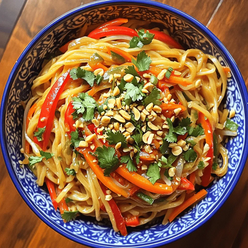 To make Spicy Thai Peanut Noodles, gather these fresh ingredients: - 8 oz rice noodles - 1 cup peanut butter (smooth or chunky) - 3 tablespoons soy sauce - 2 tablespoons lime juice - 1 tablespoon sriracha (adjust to taste) - 1 tablespoon sesame oil - 2 cloves garlic, minced - 1 inch ginger, grated - 1 red bell pepper, thinly sliced - 1 cup carrots, julienned - 1 green onion, chopped (for garnish) - 1/4 cup chopped cilantro (for garnish) - Crushed peanuts (for garnish) When picking produce, look for bright colors and firmness. Choose bell peppers that feel heavy for their size. They should have shiny skin, with no soft spots. Carrots should be crisp and bright orange. Fresh produce adds flavor and crunch to the dish. For a twist, consider adding: - Cooked chicken, shrimp, or tofu for protein - Snow peas or bean sprouts for extra crunch - A sprinkle of lime zest for more tang These add-ins can enhance the dish and make it your own. First, bring a large pot of water to a boil. Add 8 oz of rice noodles. Cook them according to the package instructions, which is usually 6-8 minutes. You want them to be al dente. Once cooked, drain the noodles and rinse them under cold water. This stops the cooking and keeps them from getting mushy. In a bowl, combine 1 cup of peanut butter, 3 tablespoons of soy sauce, 2 tablespoons of lime juice, and 1 tablespoon of sriracha. Add 1 tablespoon of sesame oil, 2 cloves of minced garlic, and 1 inch of grated ginger. Whisk everything together until it’s smooth and creamy. If the sauce is too thick, add a little water until it reaches a nice consistency. Heat a splash of sesame oil in a large skillet over medium heat. Add 1 thinly sliced red bell pepper and 1 cup of julienned carrots. Sauté the veggies for about 3-4 minutes. You want them to be tender but still crisp. Now, add the drained noodles to the skillet with the sautéed vegetables. Pour the peanut sauce over the noodles. Toss everything together until well combined. Make sure the noodles are coated in the sauce. Cook for an additional 2-3 minutes while stirring constantly. Taste the noodles and see if you need to adjust the flavor. You can add more sriracha for heat or more lime juice for tanginess. Once it's to your liking, plate the noodles. Serve them hot, and don’t forget to garnish with chopped green onions, cilantro, and crushed peanuts. Enjoy your meal! To capture true Thai flavors, focus on balance. Thai cuisine blends sweet, salty, spicy, and sour. You can achieve this by using fresh lime juice and just the right amount of sriracha. The peanut butter adds creaminess and richness, enhancing the dish. Using fresh herbs like cilantro adds a bright touch. Fresh ginger and garlic also deliver a punch of flavor. Always taste your sauce as you mix. Adjust it to your liking for the best results. One common mistake is overcooking the noodles. Follow the time on the package carefully. Noodles should be al dente, as they will cook more when mixed with the hot sauce. Another mistake is not rinsing the noodles after cooking. Rinsing stops the cooking process and keeps them from sticking together. Also, do not skip the garnishes. They add color and flavor, making your dish pop visually and taste-wise. Lastly, avoid skimping on the sauce. It’s key to the dish’s richness. Leftover Spicy Thai Peanut Noodles can be a great base for new meals. You can add cooked chicken, shrimp, or tofu for protein. Toss in extra veggies like broccoli or snap peas for crunch. Consider making a salad by mixing cold noodles with fresh greens and a bit of lime juice. You can also make a stir-fry by quickly sautéing leftovers in a pan with sesame oil. This way, you can enjoy different meals without much extra work. {{image_2}} For a gluten-free option, swap the rice noodles with gluten-free noodles. You can find these at most stores. Look for noodles made from rice, quinoa, or even chickpeas. They hold up well in the dish and keep the flavors intact. Always check the labels to ensure no gluten sneaks in. To make this dish vegetarian or vegan, simply use vegetable broth instead of chicken broth. You can also replace the honey with maple syrup for sweetness. This keeps the rich taste while staying plant-based. Adding more veggies, like broccoli or snap peas, boosts both flavor and nutrition. If you want to add protein, chicken, shrimp, or tofu works great. For chicken, slice it thin, season, and sauté until cooked through. For shrimp, toss them in the pan just until they turn pink. If you prefer tofu, use firm tofu, press it to remove moisture, then cube and sauté until golden. Each option makes the dish heartier and keeps it exciting. For the Full Recipe, check the main article. To store leftover noodles, let them cool first. Place them in an airtight container. This will keep them fresh for up to three days in the fridge. You can add a dash of sesame oil to prevent sticking. When ready to eat, reheat your noodles gently. You can use a microwave or a skillet. If using a microwave, cover the container and heat for one to two minutes. Stir halfway through to warm evenly. In a skillet, add a splash of water or oil. Heat over low heat, stirring often, until hot. Freezing is great for long-term storage. Divide the noodles into portions. Place them in freezer-safe bags or containers. Squeeze out any air before sealing. They can last up to three months in the freezer. To use, thaw them in the fridge overnight before reheating. This keeps the texture nice! If you need a substitute, try almond butter or sunflower seed butter. Both have similar textures. You can also use tahini, made from sesame seeds. These options will change the taste a bit, but they work well. Yes! To make it milder, cut back on the sriracha. You can also add more lime juice for a fresh taste. Use less garlic and ginger if you want a softer flavor. Adding more veggies will keep the dish tasty and colorful. You can cook the noodles and sauce in advance. Store the noodles and sauce separately in the fridge. When you're ready to eat, just warm them up together in a pan. Add fresh veggies before serving to keep everything crisp. You can find the Full Recipe for Spicy Thai Peanut Noodles right here in this article. It gives you all the steps and tips to make this delicious dish! This guide covered all you need to make delicious Spicy Thai Peanut Noodles. We discussed key ingredients, step-by-step cooking methods, and tips for great flavors. You learned how to avoid common mistakes and use creative leftovers. Remember to adjust for your taste with gluten-free or vegan options. Storing and reheating is simple, ensuring every bite stays fresh. Dive into your own kitchen adventure and enjoy this tasty dish!