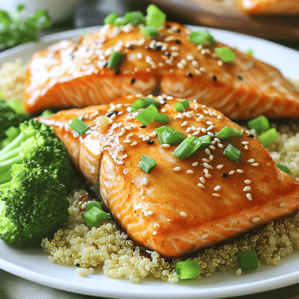 To make Honey Garlic Salmon, you need a few key items. These are: - 4 salmon fillets (6 oz each) - 1/4 cup honey - 4 cloves garlic, minced - 2 tablespoons soy sauce (or tamari for gluten-free) - 1 tablespoon olive oil - 1 tablespoon apple cider vinegar - 1 teaspoon grated fresh ginger - Salt and pepper to taste - 1 tablespoon sesame seeds (for garnish) - 2 green onions, sliced (for garnish) With these fresh ingredients, you can create a dish that bursts with sweet and savory flavors. The salmon fillets are the star, while the honey garlic marinade adds a delightful twist. This recipe is simple yet elegant, making it perfect for any occasion. If you want to know how to make it, check the Full Recipe for detailed steps and tips. To start, you need to prepare the marinade. In a small bowl, whisk together: - 1/4 cup honey - 4 cloves garlic, minced - 2 tablespoons soy sauce (or tamari for gluten-free) - 1 tablespoon olive oil - 1 tablespoon apple cider vinegar - 1 teaspoon grated fresh ginger - Salt and pepper to taste Mix these ingredients until they blend well. This sweet and savory mix brings out the best in salmon. Next, place your salmon fillets in a shallow dish. Pour the marinade over them. Make sure each fillet is well-coated. Cover the dish and let it marinate in the fridge. I recommend at least 30 minutes. If you have time, marinate for up to 2 hours to deepen the flavor. Now comes the fun part: cooking! Preheat your oven to 400°F (200°C). While it heats, line a baking sheet with parchment paper or grease it lightly. This step helps with easy cleanup. Once the oven is ready, take the salmon out of the marinade. Let any extra marinade drip off. Place the fillets skin-side down on the baking sheet. Bake for about 12-15 minutes. You want the salmon to be cooked through and flaky when you test it with a fork. For extra flavor, baste the salmon with the remaining marinade halfway through cooking. This adds a nice glaze that makes the dish even better. If you want, you can heat the leftover marinade in a pan while the salmon bakes. Boil it and then lower the heat until it thickens slightly. This will be your delicious sauce for serving. After baking, drizzle the thickened sauce over your salmon. It adds a beautiful shine and flavor. For the best taste, I suggest marinating the salmon for at least 30 minutes. If you have time, let it soak for up to 2 hours. This gives the flavors a chance to soak in deep. When cooking, preheat your oven to 400°F (200°C). This high heat helps the salmon cook evenly. To get that flaky texture, watch the cooking time closely. Bake for just 12 to 15 minutes. You want it to flake easily with a fork. Basting the salmon with leftover marinade halfway through adds extra flavor. When it comes to plating, I love serving the salmon on a bed of steamed rice or quinoa. This adds a nice base and makes the dish pop. Drizzle some of the thickened sauce over the salmon for a glossy finish. For sides, steamed broccoli or roasted vegetables work great. They add color and balance to the meal. You can even toss in some sliced green onions and sesame seeds on top for a fresh look. This makes your dish both tasty and beautiful. {{image_2}} You can switch up the salmon if you want. Try using trout or tilapia instead. Both fish have a mild taste and cook well. They absorb the honey garlic flavors nicely. You can also change the marinade. If you want a spicy kick, add some chili flakes or sriracha. For a citrus twist, use orange juice instead of apple cider vinegar. This gives a fresh zing to the dish. Grilling is a great option for honey garlic salmon. It adds a smoky flavor and gives beautiful grill marks. Just preheat your grill and cook the salmon for about 5-7 minutes on each side. Make sure to oil the grill grates so the fish doesn’t stick. Another method is pan-searing. This gives a nice crispy skin. Heat some olive oil in a skillet over medium-high heat. Cook the salmon fillets skin-side down for 4-5 minutes, then flip and cook for another 3-4 minutes. This method keeps the salmon juicy and full of flavor. For the full recipe, check out the instructions above. After enjoying your honey garlic salmon, store any leftovers right away. Place the salmon in an airtight container. This helps keep it fresh. Refrigerate it for up to three days. If you want to keep it longer, freezing is a great option. Wrap each fillet in plastic wrap, then place them in a freezer-safe bag. You can freeze the salmon for up to three months. Make sure to label the bag with the date for easy tracking. When it's time to enjoy your leftovers, reheating properly is key. I recommend using an oven or a stovetop for the best results. For the oven, preheat it to 350°F (175°C). Place the salmon on a baking sheet and cover it with foil. Heat for about 10-15 minutes, or until warmed through. This keeps the salmon moist and tasty. If you prefer the stovetop, use a non-stick pan over medium-low heat. Add a splash of water to the pan and cover it. Heat for about 5-7 minutes. This method also helps retain the flavor and texture. Enjoy your delicious honey garlic salmon again! To make Honey Garlic Salmon low-carb, swap honey for a low-carb sweetener like erythritol or stevia. Instead of soy sauce, use coconut aminos, which have fewer carbs. You can also use cauliflower rice instead of regular rice for a lower carb side dish. To reduce sugar content, limit the amount of honey or sweetener you use. You can also increase the garlic and ginger for flavor without adding carbs. Yes, you can prepare Honey Garlic Salmon in advance. Marinate the salmon up to two hours before cooking. This saves time when you’re ready to eat. Store the marinated salmon in the fridge, covered. If you want to freeze it, wrap the salmon tightly in plastic wrap and store it in an airtight bag. When you’re ready to cook, thaw in the fridge overnight before baking. Reheat the salmon in the oven at 350°F (175°C) for about 10 minutes, or until warmed through. Honey Garlic Salmon pairs well with many side dishes. Steamed broccoli, roasted asparagus, or a fresh salad make great choices. For grains, try quinoa or cauliflower rice to keep it healthy. Beverage pairings include a crisp white wine like Sauvignon Blanc or a refreshing iced tea. These drinks balance the dish's sweetness and enhance the meal. For the full recipe, check out the details above. We explored making Honey Garlic Salmon, starting with key ingredients, like salmon fillets and a tasty marinade. I shared easy steps on marinating and cooking the fish for juicy flavor. You learned some helpful tips for perfecting taste and how to serve your dish. We even discussed fun variations and storage options. I hope this guide inspires you to try this dish. Enjoy the cooking process and share it with friends!