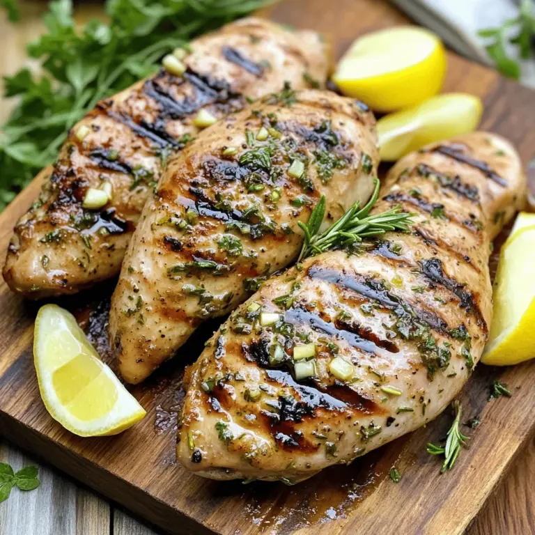 - 4 boneless, skinless chicken breasts - 4 cloves garlic, minced - 2 tablespoons fresh rosemary, chopped - 2 tablespoons fresh thyme, chopped - 1 tablespoon fresh parsley, chopped - 1/4 cup olive oil - 1 tablespoon balsamic vinegar - Salt and pepper to taste - 1 teaspoon lemon zest for added flavor - Additional spices to enhance marinade - Grill or grill pan - Medium mixing bowl - Resealable plastic bag or shallow dish Gathering the right ingredients is key to make garlic herb grilled chicken. You need four boneless, skinless chicken breasts for a juicy texture. Use four cloves of minced garlic to pack in flavor. Fresh herbs like rosemary, thyme, and parsley give this dish its signature taste. Olive oil and balsamic vinegar help in marinating the chicken, adding richness. Don't forget salt and pepper to enhance all the flavors. If you want to elevate the taste, lemon zest adds a refreshing twist. You can also play with spices to make the marinade your own. For cooking, you will need a grill or grill pan to get those perfect grill marks. A medium mixing bowl will help you combine the marinade. Use a resealable plastic bag or shallow dish to marinate the chicken properly. For the full recipe, refer to the details provided earlier. - First, take a medium bowl. - Mix together 4 cloves of minced garlic, 2 tablespoons of chopped rosemary, 2 tablespoons of chopped thyme, and 1 tablespoon of chopped parsley. - Add 1 teaspoon of lemon zest, 1/4 cup of olive oil, and 1 tablespoon of balsamic vinegar. - Season this mix with salt and pepper to taste. This marinade brings a bright flavor. The garlic and herbs work together, making the chicken tasty. The olive oil keeps it moist while grilling. Balsamic vinegar gives a sweet tang. - Grab 4 boneless, skinless chicken breasts. - Place them in a large resealable plastic bag or a shallow dish. - Pour the marinade over the chicken. Make sure it’s well coated. - Seal the bag or cover the dish. Let it marinate in the fridge for at least 1 hour. For more flavor, aim for 3-4 hours. Marinating the chicken is key. It allows the flavors to soak in deep. If you have time, the longer, the better! This step makes your chicken extra juicy and flavorful. - Preheat your grill to medium-high heat. - Remove the chicken from the marinade. Let any extra drip off. Discard the leftover marinade. - Place the chicken on the grill. Cook for about 6-7 minutes on each side. - Check the internal temperature. It should reach 165°F (75°C), and there should be no pink in the center. Timing is vital for juicy chicken. If you cook it too long, it can dry out. Once done, take the chicken off the grill. Let it rest for 5 minutes before serving. This helps keep the juices locked in. For the complete details, check the [Full Recipe]. Enjoy your delicious garlic herb grilled chicken! To get those perfect grill marks, set your grill to medium-high heat. This temperature helps create a nice sear while keeping the inside juicy. Place the chicken on the grill at a 45-degree angle. This angle gives you those beautiful crisscross marks. Turn the chicken after three to four minutes for even cooking. Flip it only once for the best grill marks. Marinate your chicken for at least one hour. For more flavor, aim for three to four hours. This longer time allows the herbs and garlic to soak into the meat. After grilling, let the chicken rest for five minutes. This step keeps the juices locked inside. Pair your garlic herb grilled chicken with grilled vegetables. A fresh salad also works well. For a nice touch, serve the chicken on a wooden board. Top it with fresh herbs and lemon wedges for color. This presentation makes your meal look as good as it tastes. You can find the Full Recipe for more tips! {{image_2}} To change the flavor of garlic herb grilled chicken, you can add spices. Paprika gives a mild sweetness and a nice color. Chili powder adds heat and depth. Try mixing different herbs too. For a unique taste, use basil or oregano instead of rosemary or thyme. Each herb brings its own charm to the dish. Experimenting with flavors can help you find your favorite mix. If you do not have a grill, you can still make this dish. You can cook chicken in the oven. Preheat your oven to 400°F (200°C). Place the marinated chicken on a baking sheet and cook for about 25-30 minutes. The chicken will be just as juicy. You can also use a stovetop grill pan for great results. For a quicker option, try an air fryer. Set it to 375°F (190°C) and cook for about 12-15 minutes. This method gives a nice crisp outside while keeping the inside moist. You can easily make this dish fit your diet. For a low-carb option, skip the balsamic vinegar or use a low-carb substitute. To make it gluten-free, ensure all ingredients are certified gluten-free. If you want to switch proteins, try using turkey breasts or even tofu. These options can also absorb the marinade well, giving you tasty results. Each choice offers a different taste and texture, keeping your meals exciting. To keep your leftover garlic herb grilled chicken fresh, store it in the fridge. Place the chicken in an airtight container. This helps keep the moisture in and the flavors intact. Try to eat the leftovers within three to four days for the best taste. If you want to save the chicken longer, freezing is a great choice. Wrap each piece tightly in plastic wrap, then place it in a freezer-safe bag. Label the bag with the date. You can freeze grilled chicken for up to six months. For the best taste, eat it sooner rather than later. When it’s time to enjoy your chicken again, reheating is key. The best way to reheat is in the oven at a low temperature. This keeps the chicken juicy and prevents it from drying out. You can also use a microwave, but be sure to cover it for moisture. If you have extra chicken, think about using it in new dishes. You can chop it up for salads, tacos, or pasta. This way, you enjoy different meals without much effort. For the full recipe, check back to create this juicy and flavorful dish again! Marinate the chicken for at least 1 hour. For the best flavor, aim for 3-4 hours. This time allows the herbs and garlic to seep in. If you can, marinate overnight for even more depth. Yes, you can use bone-in chicken thighs. Just adjust the cooking time. Bone-in pieces take longer to cook than boneless. Aim for about 10-12 minutes per side on the grill. Always check that the internal temperature reaches 165°F. Many sides work great with this dish. Try grilled vegetables for a tasty complement. A fresh salad with lemon vinaigrette also pairs well. Rice or quinoa can add a hearty touch. Feel free to get creative with your sides! Absolutely! This recipe is perfect for meal prep. Cook a batch and store it in the fridge. It keeps well for 3-4 days. You can easily reheat it for quick meals. Just make sure to pack it with your favorite sides. Use a meat thermometer to check the chicken’s doneness. Insert it into the thickest part of the meat. It should read 165°F for safe eating. This step ensures your chicken is juicy and safe. Don't rely only on color; the thermometer is key! In this blog post, we covered how to make delicious garlic herb grilled chicken. You learned about the key ingredients, marinade steps, and cooking tips to enhance flavor. We also explored variations and storage options to keep your meals fresh. Grilling chicken can be fun and rewarding. Following these steps ensures you get juicy, flavorful results every time. With a few simple techniques, you can impress anyone at the table. Enjoy creating this dish!