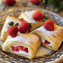 To make your Strawberry Danish, gather these simple ingredients: - 1 sheet of puff pastry, thawed - 2 cups fresh strawberries, hulled and sliced - 1/4 cup granulated sugar - 1 tablespoon cornstarch - 1 teaspoon vanilla extract - 1 cream cheese block (8 oz), softened - 1/4 cup powdered sugar - 1 tablespoon lemon juice - 1 egg, beaten (for egg wash) - 1 tablespoon milk (for egg wash) - Optional: powdered sugar for dusting You can mix it up with these options: - Use blueberries or raspberries instead of strawberries. - Add a pinch of cinnamon to the cream cheese mix. - Try almond extract for a nutty flavor. Each serving of this delightful dish has: - Calories: approx. 350 - Total Fat: 20g - Saturated Fat: 10g - Cholesterol: 70mg - Sodium: 180mg - Total Carbohydrates: 35g - Dietary Fiber: 2g - Sugars: 10g - Protein: 5g This recipe brings joy with every bite! The balance of sweet fruit and creamy filling makes it perfect for breakfast or dessert. If you want the full recipe, just look for it in our cooking guide. To make your Strawberry Danish, you will need some basic kitchen tools. Gather a mixing bowl, a rolling pin, and a baking sheet. Start with the fresh strawberries to make a tasty filling. This is the key to a great Danish. 1. Preheat Oven: Set your oven to 400°F (200°C). Place parchment paper on a baking sheet. 2. Strawberry Filling: In a medium bowl, mix sliced strawberries, granulated sugar, cornstarch, and vanilla extract. Let this sit for about 10 minutes. This helps the strawberries release their sweet juice. 3. Prepare Puff Pastry: Roll out the puff pastry on a floured surface. Aim for a size of about 12x16 inches. Cut it into four equal squares. 4. Cream Cheese Mixture: In another bowl, beat the softened cream cheese, powdered sugar, and lemon juice until smooth. This will add richness to your Danish. 5. Assemble the Danish: Place a tablespoon of the cream cheese mix in the center of each pastry square. Add a spoonful of the strawberry mixture on top but do not overfill. 6. Shape the Danish: Fold the corners of each square toward the center. Pinch them to make a pocket. Brush the edges with the egg wash for a golden look. 7. Bake: Place the Danish on the baking sheet. Bake for 20-25 minutes until golden brown. You’ll love that smell! 8. Cool and Serve: Let the Danish cool for a bit. You can dust them with powdered sugar for extra sweetness. To make your Danish look great, serve them warm on a nice plate. Add whole strawberries for color. A light dusting of powdered sugar makes it feel special. Follow the Full Recipe for more details! To make your pastry flaky, keep it cold. Cold butter and dough create steam. This steam puffs up the layers. When you roll the pastry, do it gently. Avoid pressing too hard. Rolling too much can make it dense. Also, don’t skip chilling the dough before baking. A quick chill helps keep layers separate. One common mistake is overfilling the Danish. Too much filling can cause spills. Another mistake is not letting the strawberries sit. Letting them sit helps the flavors blend. Also, make sure to preheat your oven fully. A hot oven gives you that perfect golden finish. Lastly, watch the baking time closely. Every oven is different, so check for browning. Serve your Danish warm for the best taste. You can add a scoop of vanilla ice cream for a treat. Fresh whipped cream also works well. For a fancy touch, drizzle some chocolate sauce on top. Pair your Danish with a cup of coffee or tea for a great snack. For more ideas, check the Full Recipe for inspiration! {{image_2}} You can use other fruits in this recipe. Blueberries, raspberries, or peaches work well. Each fruit gives a unique taste. You can mix different fruits together too. Just keep the sugar and cornstarch amounts the same. This way, you keep the filling thick and sweet. If you want a different flavor, try mascarpone or ricotta cheese. These cheeses add a rich taste. You can also use Greek yogurt for a lighter option. Make sure the cheese is soft and smooth for easy mixing. You want a creamy texture to balance the fruit. To make this dish vegan, swap the cream cheese for vegan cream cheese. Use a plant-based milk like almond or oat for the egg wash. You can also replace the egg in the dough with aquafaba. This chickpea water helps bind the dough. Use coconut oil instead of butter for a flaky pastry. These changes keep the taste delicious and friendly for all diets. For the full recipe, check out the details above. To store leftover Strawberry Danish, let them cool completely. Place them in an airtight container. Keep them in the fridge for up to three days. If you want to keep them longer, consider freezing. To reheat your danishes, preheat the oven to 350°F (175°C). Place the danishes on a baking sheet. Heat them for about 10 minutes. This keeps the pastry crispy and warm. You can also use a microwave, but the pastry may get soft. To freeze your danishes, wrap each one tightly in plastic wrap. Then, place them in a freezer-safe bag. They can stay frozen for up to three months. When you're ready to enjoy, thaw them in the fridge overnight and reheat. For the best flavor, use the Full Recipe for fresh ones! A Strawberry Danish is a sweet pastry filled with strawberries and cream cheese. It has a flaky, buttery crust made from puff pastry. This treat is often served warm and can be enjoyed for breakfast or dessert. The mix of sweet strawberries and creamy filling makes it delightful. Yes, you can use frozen strawberries. Just thaw them and drain any extra juice. This keeps the filling from getting too watery. Frozen berries are a great option when fresh strawberries are not available. They still offer good flavor and texture. To make dough from scratch, combine flour, salt, and cold butter in a bowl. Cut the butter until it looks like small peas. Then, add cold water gradually until the dough forms. Roll it out and fold it several times to create layers. Chill before using. You can find Strawberry Danishes at bakeries, cafes, and some grocery stores. Many places offer fresh, handmade options. If you prefer, you can also order them online from specialty bakeries. They are popular, so you may find them in the pastry section. This blog post covered ingredients for a tasty Strawberry Danish, including optional variations. I provided easy step-by-step instructions to bake and assemble your treat. You learned tips to achieve flaky pastry and common mistakes to avoid. We explored fruit and cream cheese alternatives to suit your taste, and I shared storage and reheating advice. With these tips, you can confidently create a delicious treat. Enjoy every bite of your Strawberry Danish!