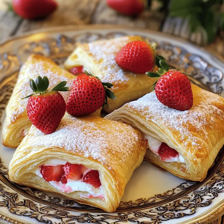 To make your Strawberry Danish, gather these simple ingredients: - 1 sheet of puff pastry, thawed - 2 cups fresh strawberries, hulled and sliced - 1/4 cup granulated sugar - 1 tablespoon cornstarch - 1 teaspoon vanilla extract - 1 cream cheese block (8 oz), softened - 1/4 cup powdered sugar - 1 tablespoon lemon juice - 1 egg, beaten (for egg wash) - 1 tablespoon milk (for egg wash) - Optional: powdered sugar for dusting You can mix it up with these options: - Use blueberries or raspberries instead of strawberries. - Add a pinch of cinnamon to the cream cheese mix. - Try almond extract for a nutty flavor. Each serving of this delightful dish has: - Calories: approx. 350 - Total Fat: 20g - Saturated Fat: 10g - Cholesterol: 70mg - Sodium: 180mg - Total Carbohydrates: 35g - Dietary Fiber: 2g - Sugars: 10g - Protein: 5g This recipe brings joy with every bite! The balance of sweet fruit and creamy filling makes it perfect for breakfast or dessert. If you want the full recipe, just look for it in our cooking guide. To make your Strawberry Danish, you will need some basic kitchen tools. Gather a mixing bowl, a rolling pin, and a baking sheet. Start with the fresh strawberries to make a tasty filling. This is the key to a great Danish. 1. Preheat Oven: Set your oven to 400°F (200°C). Place parchment paper on a baking sheet. 2. Strawberry Filling: In a medium bowl, mix sliced strawberries, granulated sugar, cornstarch, and vanilla extract. Let this sit for about 10 minutes. This helps the strawberries release their sweet juice. 3. Prepare Puff Pastry: Roll out the puff pastry on a floured surface. Aim for a size of about 12x16 inches. Cut it into four equal squares. 4. Cream Cheese Mixture: In another bowl, beat the softened cream cheese, powdered sugar, and lemon juice until smooth. This will add richness to your Danish. 5. Assemble the Danish: Place a tablespoon of the cream cheese mix in the center of each pastry square. Add a spoonful of the strawberry mixture on top but do not overfill. 6. Shape the Danish: Fold the corners of each square toward the center. Pinch them to make a pocket. Brush the edges with the egg wash for a golden look. 7. Bake: Place the Danish on the baking sheet. Bake for 20-25 minutes until golden brown. You’ll love that smell! 8. Cool and Serve: Let the Danish cool for a bit. You can dust them with powdered sugar for extra sweetness. To make your Danish look great, serve them warm on a nice plate. Add whole strawberries for color. A light dusting of powdered sugar makes it feel special. Follow the Full Recipe for more details! To make your pastry flaky, keep it cold. Cold butter and dough create steam. This steam puffs up the layers. When you roll the pastry, do it gently. Avoid pressing too hard. Rolling too much can make it dense. Also, don’t skip chilling the dough before baking. A quick chill helps keep layers separate. One common mistake is overfilling the Danish. Too much filling can cause spills. Another mistake is not letting the strawberries sit. Letting them sit helps the flavors blend. Also, make sure to preheat your oven fully. A hot oven gives you that perfect golden finish. Lastly, watch the baking time closely. Every oven is different, so check for browning. Serve your Danish warm for the best taste. You can add a scoop of vanilla ice cream for a treat. Fresh whipped cream also works well. For a fancy touch, drizzle some chocolate sauce on top. Pair your Danish with a cup of coffee or tea for a great snack. For more ideas, check the Full Recipe for inspiration! {{image_2}} You can use other fruits in this recipe. Blueberries, raspberries, or peaches work well. Each fruit gives a unique taste. You can mix different fruits together too. Just keep the sugar and cornstarch amounts the same. This way, you keep the filling thick and sweet. If you want a different flavor, try mascarpone or ricotta cheese. These cheeses add a rich taste. You can also use Greek yogurt for a lighter option. Make sure the cheese is soft and smooth for easy mixing. You want a creamy texture to balance the fruit. To make this dish vegan, swap the cream cheese for vegan cream cheese. Use a plant-based milk like almond or oat for the egg wash. You can also replace the egg in the dough with aquafaba. This chickpea water helps bind the dough. Use coconut oil instead of butter for a flaky pastry. These changes keep the taste delicious and friendly for all diets. For the full recipe, check out the details above. To store leftover Strawberry Danish, let them cool completely. Place them in an airtight container. Keep them in the fridge for up to three days. If you want to keep them longer, consider freezing. To reheat your danishes, preheat the oven to 350°F (175°C). Place the danishes on a baking sheet. Heat them for about 10 minutes. This keeps the pastry crispy and warm. You can also use a microwave, but the pastry may get soft. To freeze your danishes, wrap each one tightly in plastic wrap. Then, place them in a freezer-safe bag. They can stay frozen for up to three months. When you're ready to enjoy, thaw them in the fridge overnight and reheat. For the best flavor, use the Full Recipe for fresh ones! A Strawberry Danish is a sweet pastry filled with strawberries and cream cheese. It has a flaky, buttery crust made from puff pastry. This treat is often served warm and can be enjoyed for breakfast or dessert. The mix of sweet strawberries and creamy filling makes it delightful. Yes, you can use frozen strawberries. Just thaw them and drain any extra juice. This keeps the filling from getting too watery. Frozen berries are a great option when fresh strawberries are not available. They still offer good flavor and texture. To make dough from scratch, combine flour, salt, and cold butter in a bowl. Cut the butter until it looks like small peas. Then, add cold water gradually until the dough forms. Roll it out and fold it several times to create layers. Chill before using. You can find Strawberry Danishes at bakeries, cafes, and some grocery stores. Many places offer fresh, handmade options. If you prefer, you can also order them online from specialty bakeries. They are popular, so you may find them in the pastry section. This blog post covered ingredients for a tasty Strawberry Danish, including optional variations. I provided easy step-by-step instructions to bake and assemble your treat. You learned tips to achieve flaky pastry and common mistakes to avoid. We explored fruit and cream cheese alternatives to suit your taste, and I shared storage and reheating advice. With these tips, you can confidently create a delicious treat. Enjoy every bite of your Strawberry Danish!