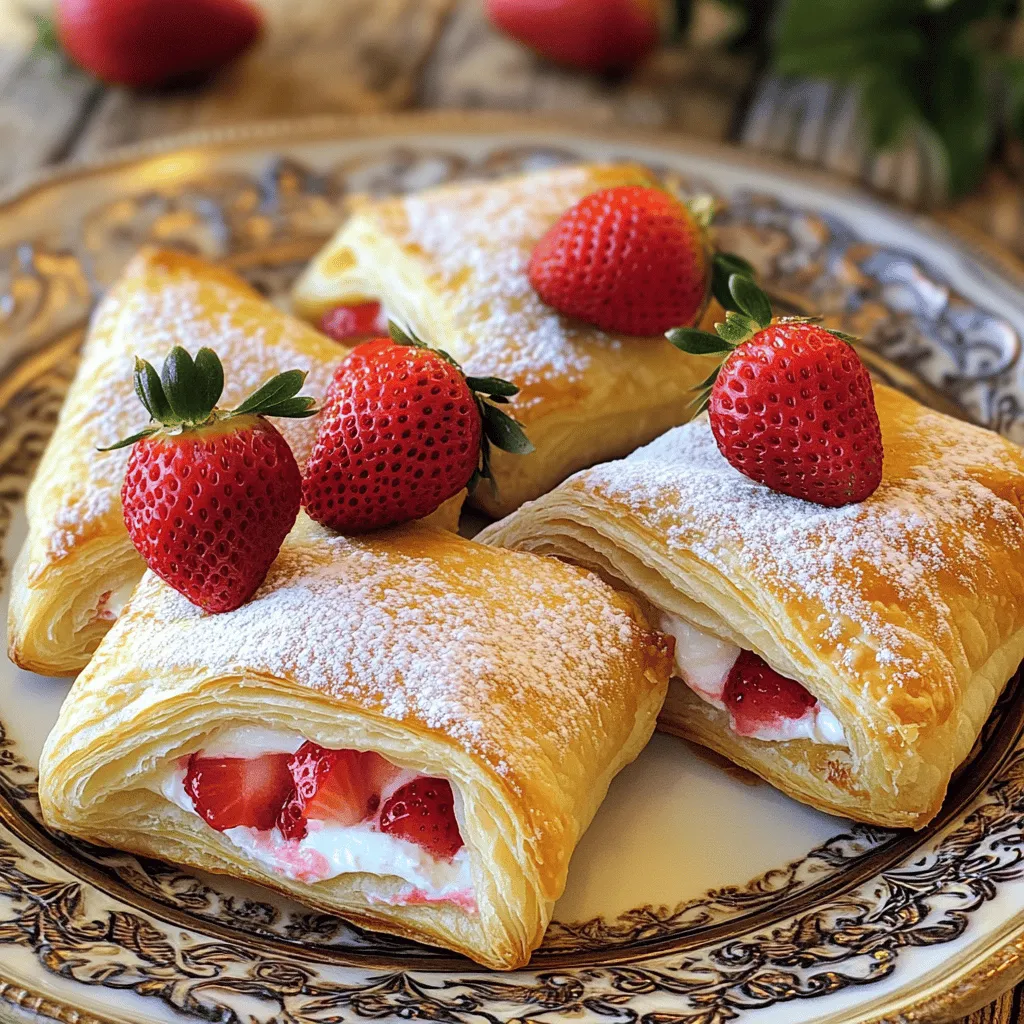To make your Strawberry Danish, gather these simple ingredients: - 1 sheet of puff pastry, thawed - 2 cups fresh strawberries, hulled and sliced - 1/4 cup granulated sugar - 1 tablespoon cornstarch - 1 teaspoon vanilla extract - 1 cream cheese block (8 oz), softened - 1/4 cup powdered sugar - 1 tablespoon lemon juice - 1 egg, beaten (for egg wash) - 1 tablespoon milk (for egg wash) - Optional: powdered sugar for dusting You can mix it up with these options: - Use blueberries or raspberries instead of strawberries. - Add a pinch of cinnamon to the cream cheese mix. - Try almond extract for a nutty flavor. Each serving of this delightful dish has: - Calories: approx. 350 - Total Fat: 20g - Saturated Fat: 10g - Cholesterol: 70mg - Sodium: 180mg - Total Carbohydrates: 35g - Dietary Fiber: 2g - Sugars: 10g - Protein: 5g This recipe brings joy with every bite! The balance of sweet fruit and creamy filling makes it perfect for breakfast or dessert. If you want the full recipe, just look for it in our cooking guide. To make your Strawberry Danish, you will need some basic kitchen tools. Gather a mixing bowl, a rolling pin, and a baking sheet. Start with the fresh strawberries to make a tasty filling. This is the key to a great Danish. 1. Preheat Oven: Set your oven to 400°F (200°C). Place parchment paper on a baking sheet. 2. Strawberry Filling: In a medium bowl, mix sliced strawberries, granulated sugar, cornstarch, and vanilla extract. Let this sit for about 10 minutes. This helps the strawberries release their sweet juice. 3. Prepare Puff Pastry: Roll out the puff pastry on a floured surface. Aim for a size of about 12x16 inches. Cut it into four equal squares. 4. Cream Cheese Mixture: In another bowl, beat the softened cream cheese, powdered sugar, and lemon juice until smooth. This will add richness to your Danish. 5. Assemble the Danish: Place a tablespoon of the cream cheese mix in the center of each pastry square. Add a spoonful of the strawberry mixture on top but do not overfill. 6. Shape the Danish: Fold the corners of each square toward the center. Pinch them to make a pocket. Brush the edges with the egg wash for a golden look. 7. Bake: Place the Danish on the baking sheet. Bake for 20-25 minutes until golden brown. You’ll love that smell! 8. Cool and Serve: Let the Danish cool for a bit. You can dust them with powdered sugar for extra sweetness. To make your Danish look great, serve them warm on a nice plate. Add whole strawberries for color. A light dusting of powdered sugar makes it feel special. Follow the Full Recipe for more details! To make your pastry flaky, keep it cold. Cold butter and dough create steam. This steam puffs up the layers. When you roll the pastry, do it gently. Avoid pressing too hard. Rolling too much can make it dense. Also, don’t skip chilling the dough before baking. A quick chill helps keep layers separate. One common mistake is overfilling the Danish. Too much filling can cause spills. Another mistake is not letting the strawberries sit. Letting them sit helps the flavors blend. Also, make sure to preheat your oven fully. A hot oven gives you that perfect golden finish. Lastly, watch the baking time closely. Every oven is different, so check for browning. Serve your Danish warm for the best taste. You can add a scoop of vanilla ice cream for a treat. Fresh whipped cream also works well. For a fancy touch, drizzle some chocolate sauce on top. Pair your Danish with a cup of coffee or tea for a great snack. For more ideas, check the Full Recipe for inspiration! {{image_2}} You can use other fruits in this recipe. Blueberries, raspberries, or peaches work well. Each fruit gives a unique taste. You can mix different fruits together too. Just keep the sugar and cornstarch amounts the same. This way, you keep the filling thick and sweet. If you want a different flavor, try mascarpone or ricotta cheese. These cheeses add a rich taste. You can also use Greek yogurt for a lighter option. Make sure the cheese is soft and smooth for easy mixing. You want a creamy texture to balance the fruit. To make this dish vegan, swap the cream cheese for vegan cream cheese. Use a plant-based milk like almond or oat for the egg wash. You can also replace the egg in the dough with aquafaba. This chickpea water helps bind the dough. Use coconut oil instead of butter for a flaky pastry. These changes keep the taste delicious and friendly for all diets. For the full recipe, check out the details above. To store leftover Strawberry Danish, let them cool completely. Place them in an airtight container. Keep them in the fridge for up to three days. If you want to keep them longer, consider freezing. To reheat your danishes, preheat the oven to 350°F (175°C). Place the danishes on a baking sheet. Heat them for about 10 minutes. This keeps the pastry crispy and warm. You can also use a microwave, but the pastry may get soft. To freeze your danishes, wrap each one tightly in plastic wrap. Then, place them in a freezer-safe bag. They can stay frozen for up to three months. When you're ready to enjoy, thaw them in the fridge overnight and reheat. For the best flavor, use the Full Recipe for fresh ones! A Strawberry Danish is a sweet pastry filled with strawberries and cream cheese. It has a flaky, buttery crust made from puff pastry. This treat is often served warm and can be enjoyed for breakfast or dessert. The mix of sweet strawberries and creamy filling makes it delightful. Yes, you can use frozen strawberries. Just thaw them and drain any extra juice. This keeps the filling from getting too watery. Frozen berries are a great option when fresh strawberries are not available. They still offer good flavor and texture. To make dough from scratch, combine flour, salt, and cold butter in a bowl. Cut the butter until it looks like small peas. Then, add cold water gradually until the dough forms. Roll it out and fold it several times to create layers. Chill before using. You can find Strawberry Danishes at bakeries, cafes, and some grocery stores. Many places offer fresh, handmade options. If you prefer, you can also order them online from specialty bakeries. They are popular, so you may find them in the pastry section. This blog post covered ingredients for a tasty Strawberry Danish, including optional variations. I provided easy step-by-step instructions to bake and assemble your treat. You learned tips to achieve flaky pastry and common mistakes to avoid. We explored fruit and cream cheese alternatives to suit your taste, and I shared storage and reheating advice. With these tips, you can confidently create a delicious treat. Enjoy every bite of your Strawberry Danish!