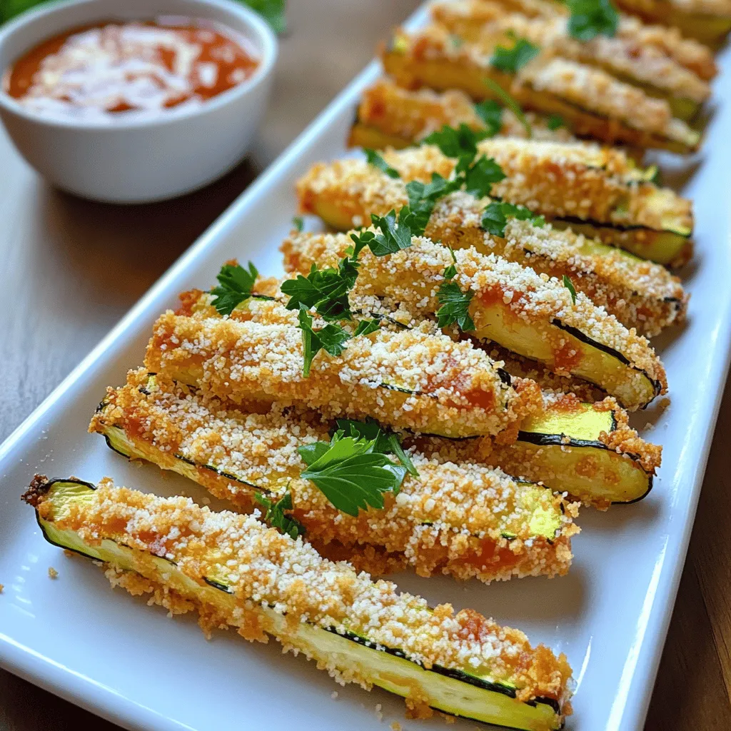 You will need 2 medium zucchinis for this recipe. Choose firm zucchinis that feel heavy for their size. Cut them into fries about 1/4 inch thick. This size helps them cook evenly and get crispy. Grab 1 cup of breadcrumbs. I prefer using panko breadcrumbs. They add extra crunch and texture. Use 1/2 cup of grated Parmesan cheese. This cheese gives a rich flavor and a golden color when baked. For flavor, you need some spices. Use 1 teaspoon of garlic powder and 1 teaspoon of onion powder. They add great depth to the taste. Also, include 1/2 teaspoon of paprika for a mild kick. Don’t forget to add salt and black pepper to taste. These will enhance all the other flavors. You will need 2 large eggs. Beat them well in a bowl. The eggs help the breadcrumbs stick to the zucchini. Lastly, have some cooking spray or olive oil ready. This will help the fries become crispy while baking. For the full recipe and detailed instructions, refer to the section above. Start by washing your zucchini. Cut each zucchini into fries, about 1/4 inch thick. This size helps them cook evenly. In one bowl, beat two large eggs. In another bowl, mix the grated Parmesan cheese and breadcrumbs. Add garlic powder, onion powder, paprika, salt, and pepper. Dip each zucchini fry into the egg, then into the breadcrumb mix. Press down gently so the coating sticks well. Preheat your oven to 425°F (220°C). Line a baking sheet with parchment paper and lightly grease it. Place the coated fries in a single layer on the sheet. Lightly drizzle with olive oil or spray with cooking spray. Bake for 20-25 minutes. Flip the fries halfway through to ensure even cooking. They should turn golden brown and crispy. Serve your zucchini fries hot. They taste great with marinara sauce or ranch dressing for dipping. Arrange them on a long platter, and add fresh parsley for color. For more details, check the Full Recipe. To make your zucchini fries crispy, choose panko breadcrumbs. They are lighter and crunchier than regular ones. You can also spray them with olive oil before baking. This step helps create that golden crust. Flip the fries halfway through baking. This ensures even cooking and crispiness on all sides. I prefer baking over frying for zucchini fries. Baking gives you a healthier option. Preheat your oven to 425°F (220°C) for the best results. Use a parchment-lined baking sheet for easy cleanup. Arrange the fries in a single layer. If they are too close, they will steam instead of crisp. Avoid cutting zucchini too thick. If the fries are too thick, they won't cook well. Make sure to coat each fry evenly with egg and breadcrumbs. If you skip this step, they won’t get crispy. Lastly, don’t overcrowd the baking sheet. This mistake leads to soggy fries. Follow these tips for perfect Baked Parmesan Zucchini Fries. For the full recipe, check out the earlier section. {{image_2}} You can change the flavor of your zucchini fries easily. Try adding different spices to the breadcrumb mix. For a kick, use some cayenne pepper or chili powder. If you prefer something milder, try adding Italian herbs like oregano or basil. Mixing in some cumin can give a warm, earthy taste. Experiment and find your favorite blend! While Parmesan cheese is a classic choice, you can switch it up. Try using grated mozzarella for a gooey texture. A mix of cheddar and Parmesan can give a rich flavor. For a stronger taste, use aged gouda or pecorino. Each cheese brings its own character, so feel free to explore! If you need a gluten-free option, it's simple! Use gluten-free breadcrumbs instead of regular ones. You can also crush gluten-free crackers for a crunchy coating. Another fun choice is to use ground almonds or chickpea flour. These options keep your zucchini fries crispy and tasty, without the gluten! For the full recipe, check out the section above. After you make your baked Parmesan zucchini fries, let them cool down first. Place them in an airtight container. They can stay in the fridge for up to three days. Make sure you layer them with parchment paper if you stack them. This keeps them from sticking together. To freeze zucchini fries, first cool them completely. Then, place them in a single layer on a baking sheet. Freeze them for about two hours until firm. Once they are frozen, transfer them to a freezer bag. They can last in the freezer for up to three months. When you're ready to eat them, you can bake them straight from frozen. To reheat your zucchini fries, preheat your oven to 400°F (200°C). Place the fries on a baking sheet. Bake for about 10-12 minutes until they are crispy again. You can also use an air fryer for a faster result. Just cook them for about 5-7 minutes. This keeps them crisp and tasty. For more details, check the Full Recipe. To make your fries extra crispy, use panko breadcrumbs. They give a great crunch. Also, make sure to coat your zucchini well in the egg and breadcrumb mix. Another tip is to space out the fries on the baking sheet. This allows hot air to circulate. Lastly, a light drizzle of olive oil helps them crisp up nicely. Yes, you can! Other veggies like carrots, sweet potatoes, and eggplants work great. Just cut them into similar fry shapes. Adjust the baking time as needed. Each vegetable has a different texture and moisture level. Leftovers last about 3 to 4 days in the fridge. Store them in an airtight container. If you want to keep them longer, freezing is a good option. They can last up to 2 months in the freezer. Serve these fries with marinara sauce or ranch dressing for dipping. They also pair well with a fresh salad or grilled chicken. You can even use them as a side dish for burgers or sandwiches. For a fun twist, try them with a spicy aioli! You can check out the Full Recipe for more ideas. In this post, we explored all you need for tasty baked zucchini fries. We covered fresh zucchini, the right breadcrumbs, spices, and seasoning. I shared how to prepare, coat, and bake them for the best results. You learned tips for perfect texture and common mistakes to avoid. Plus, we discussed fun variations and how to store leftovers. Keep trying new flavors and surprises in your kitchen. Enjoy your cooking adventure with zucchini fries!