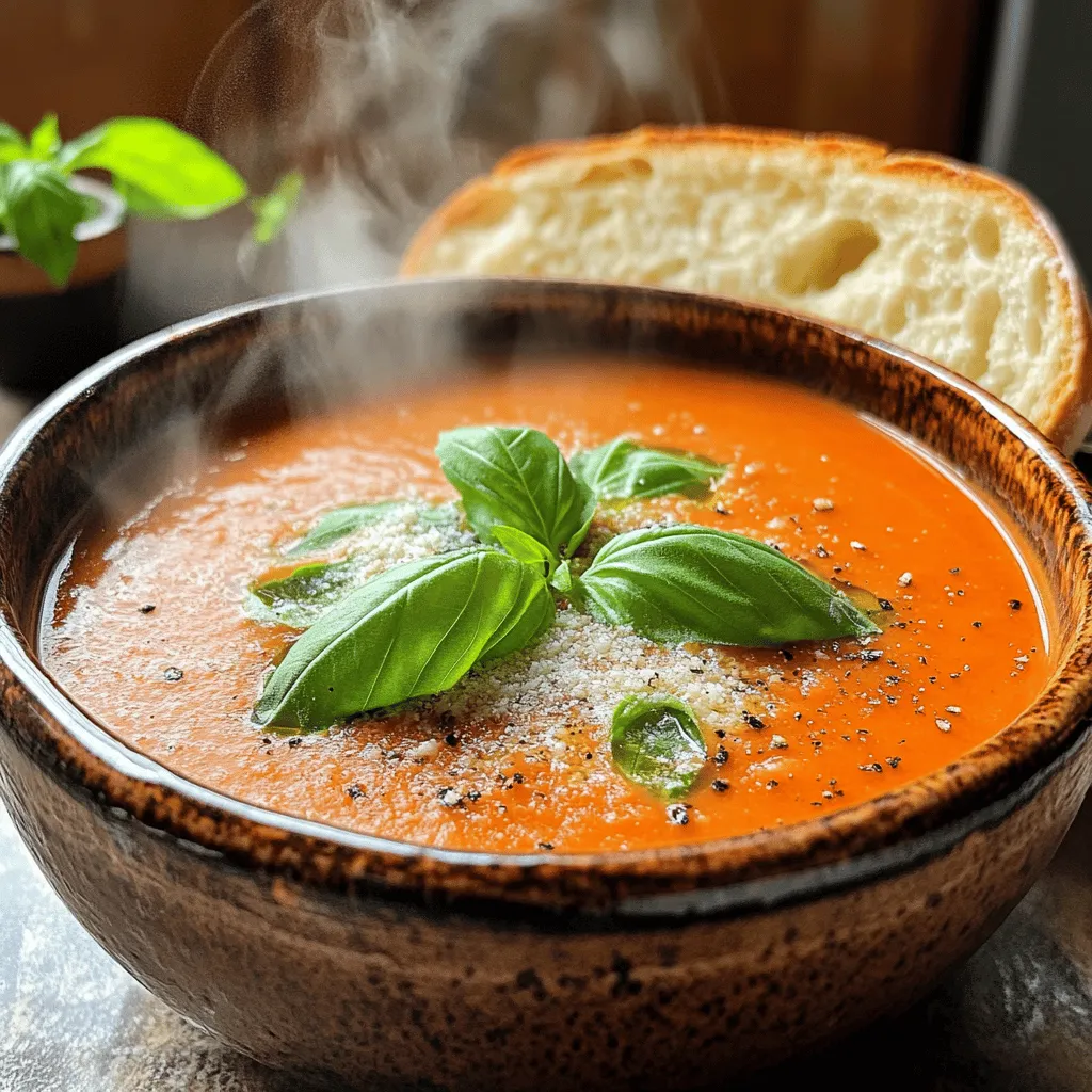 For a perfect creamy tomato basil soup, you need the following ingredients: - 2 tablespoons olive oil - 1 medium onion, chopped - 2 cloves garlic, minced - 1 can (28 ounces) crushed tomatoes - 2 cups vegetable broth - 1 teaspoon sugar - Salt and pepper to taste - 1 cup heavy cream (or coconut cream for a vegan option) - 1/2 cup fresh basil leaves, chopped - 1 teaspoon dried oregano - Optional: Grated Parmesan cheese for garnish These ingredients create a rich and tasty soup. The olive oil adds a nice depth. The onion and garlic provide a solid flavor base. Crushed tomatoes are the star, giving the soup its body. Vegetable broth makes it hearty and flavorful. A bit of sugar balances the acidity of the tomatoes. Cream gives it that creamy texture we love. Fresh basil adds a burst of flavor at the end. Dried oregano rounds out the taste. If you want to elevate your dish, sprinkle some Parmesan on top before serving. You can find the full recipe to guide you through each step of this comforting dish. Enjoy making this classic soup! 1. Heat 2 tablespoons of olive oil in a large pot over medium heat. 2. Add 1 medium onion, chopped, and sauté it for about 5-6 minutes. You want it soft and translucent. 3. Stir in 2 cloves of minced garlic and cook for 1 more minute. The smell will be amazing! 4. Now, add 1 can of crushed tomatoes, 2 cups of vegetable broth, 1 teaspoon of sugar, salt, and pepper to taste. 5. Toss in 1 teaspoon of dried oregano and mix everything well. 6. Bring the soup to a simmer. Let it cook uncovered for about 20 minutes. This time helps the flavors meld beautifully. 1. After simmering, it’s time to blend. Use an immersion blender right in the pot for ease. 2. If using a traditional blender, be careful. Hot liquids can splash. Blend in batches and leave space at the top. 3. Blend until the soup is smooth and creamy, just the way you like it! 1. Return the blended soup to low heat. Stir in 1 cup of heavy cream or coconut cream for a vegan option. 2. Cook it for another 5 minutes, tasting as you go. Adjust the seasoning if needed. 3. Finally, add 1/2 cup of chopped fresh basil. Stir to mix and let that fresh flavor shine. This creamy tomato basil soup is a delightful meal. For the full experience, don’t forget to check the Full Recipe! To make the best creamy tomato basil soup, choose ripe tomatoes. Look for tomatoes that are deep red, firm, and fragrant. Varieties like San Marzano or vine-ripened enhance the soup's flavor. If you can't find fresh ones, high-quality canned tomatoes work well too. Adjusting the creaminess is easy. Use heavy cream for a rich soup or coconut cream for a vegan option. You can also reduce the cream to make it lighter. Start with half a cup, then taste and add more if needed. Pair your soup with crusty bread or a grilled cheese sandwich. Both add a comforting touch. For a gourmet look, ladle the soup into deep bowls. Garnish with extra basil leaves and a sprinkle of grated Parmesan cheese. This elevates the dish and makes it more inviting. Tomatoes are rich in vitamins C and K. They also contain antioxidants that help fight inflammation. Basil is full of vitamins A and K and has anti-bacterial properties. Together, they make a healthy meal that tastes great. If you want a lighter version, swap heavy cream for coconut cream or use a nut milk. These options maintain creaminess while reducing calories. This way, you enjoy a delicious meal that’s also good for you. For the full recipe, check out the Creamy Tomato Basil Soup. {{image_2}} You can make creamy tomato basil soup vegan by using coconut cream. This rich cream adds a lovely flavor without dairy. You can also add more vegetables. Try carrots, zucchini, or spinach for a nutrient boost. Each veggie adds color and taste, making your soup even better. Want some heat? Add red pepper flakes when you cook the onions and garlic. This gives the soup a warm kick. You can also garnish with sliced jalapeños or a splash of hot sauce. These additions make each bite exciting and full of flavor. You can switch up the herbs too. Fresh thyme or parsley can replace or join basil. Each herb brings its own unique taste. You may also try adding spices like cumin or smoked paprika. These spices add depth and warmth to the flavor. Experimenting with herbs and spices can create a new soup experience. For more details on how to create this comforting dish, check the Full Recipe. To store leftover soup properly, let it cool first. Place it in an airtight container. This keeps it fresh. Glass or plastic containers work well. I like glass jars because they do not stain. You can also use freezer bags. Make sure to press out air before sealing. To freeze the soup, let it cool completely. Pour it into freezer-safe containers. Leave some space at the top because it will expand. Label the containers with the date. When you want to eat it, take it out of the freezer. Thaw it in the fridge overnight. Reheat in a pot over low heat. Stir often to keep it smooth. Creamy tomato basil soup lasts about 3 to 4 days in the fridge. If you freeze it, it can last up to 3 months. Look for signs that the soup has gone bad. If it smells sour or has a change in color, do not eat it. Always trust your senses. Yes, you can make creamy tomato basil soup ahead of time. It tastes even better after a day in the fridge. Just store it in an airtight container. When you are ready to eat, reheat it on the stove over low heat. Stir it well before serving. If you want a lighter option, use coconut cream. It adds a nice flavor. You can also use cashew cream for a nutty taste. Both options make the soup creamy without dairy. Making this soup is quick! It takes about 10 minutes to prep. Cooking time is around 25 minutes. So, you can enjoy a tasty meal in about 35 minutes. Yes, creamy tomato basil soup is gluten-free! All the ingredients, like tomatoes and broth, do not have gluten. Just check the broth label to be sure it’s gluten-free. Enjoy this soup worry-free! In this blog post, we explored how to make creamy tomato basil soup. We covered the essential ingredients, from olive oil to fresh basil. Then, I shared step-by-step instructions for preparing and blending the soup. Tips for achieving the perfect flavor and variations like vegan options were also included. Remember, this soup is not just tasty; it's healthy too. With proper storage, you can enjoy your soup later. Try different herbs and spices to make it your own. Enjoy your cooking adventure!