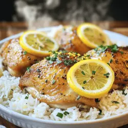 For the zesty lemon herb chicken and rice, gather the following ingredients: - 4 boneless, skinless chicken thighs - 1 cup basmati rice - 2 cups low-sodium chicken broth - 2 tablespoons olive oil - 2 cloves garlic, minced - Zest of 1 lemon - 2 tablespoons fresh lemon juice - 1 teaspoon dried thyme - 1 teaspoon dried oregano - 1 teaspoon paprika - Salt and pepper to taste - Fresh parsley, chopped (for garnish) - Lemon slices (for garnish) When it comes to picking quality ingredients, I recommend these brands: - Chicken: Look for organic or free-range chicken thighs for best flavor. - Rice: Choose Basmati rice from brands like Royal or Tilda. - Broth: Use low-sodium broth from Swanson or Kitchen Basics for depth without the salt. - Olive Oil: Extra virgin olive oil from California Olive Ranch is a great choice. - Spices: Try Simply Organic or McCormick for dried herbs and spices. If you can't find some ingredients, here are easy swaps: - Chicken Thighs: Boneless, skinless chicken breasts work fine too. - Basmati Rice: Jasmine rice or long-grain white rice can replace basmati. - Olive Oil: Use avocado oil or canola oil in its place. - Fresh Herbs: If you lack fresh herbs, use 1/3 of the amount of dried herbs. - Chicken Broth: Vegetable broth works well for a lighter option. This recipe combines simple ingredients for a tasty dish. You can find the full recipe and enjoy each step of making this delightful meal. To start, gather your ingredients. You need olive oil, garlic, lemon zest, lemon juice, dried thyme, oregano, paprika, salt, and pepper. In a bowl, mix these items well. This is your marinade. Next, add the chicken thighs. Coat them fully in the marinade. Let the chicken sit for at least 30 minutes. This helps the flavors soak in deeply. Heat a large skillet over medium heat. Add the marinated chicken thighs to the skillet. Cook each side for about 5-6 minutes. You want them to be golden brown and cooked through. Once done, remove the chicken from the skillet and set it aside. In the same skillet, add the basmati rice. Toast it for about 2 minutes. Stir it often until it looks slightly clear. Now, pour in the chicken broth. Bring this mixture to a boil. After it boils, lower the heat to low. Cover it and let it simmer for 15 minutes. When time's up, remove it from heat and keep it covered for 5 more minutes. Finally, fluff the rice with a fork. Place the chicken back on top of the rice. Cover and let it warm for another 2-3 minutes. Serve hot, and don’t forget the fresh parsley and lemon slices! For the full recipe, check out the earlier sections. To marinate chicken well, use a good mix of flavors. I like to combine olive oil, garlic, lemon juice, and herbs. This mix adds taste and helps keep the chicken juicy. Coat the chicken thighs fully in the marinade. Let them soak for at least 30 minutes. For best results, marinate overnight in the fridge. This makes the chicken even more flavorful. Fluffy rice is key to this dish. Start by toasting the basmati rice in the skillet for about two minutes. This step adds a nice nutty flavor. When you add chicken broth, bring it to a boil. Then, reduce the heat and cover it. Let it cook on low for about 15 minutes. After that, let it sit for five minutes. Fluff the rice with a fork to separate the grains. This keeps your rice light and airy. When serving lemon herb chicken and rice, make it visually appealing. Place the chicken on top of the rice. Add fresh parsley and lemon slices for color. This not only looks good but also enhances the flavor. You can also serve it with a side salad or steamed veggies. These add freshness and balance to the meal. For more ideas, check out the Full Recipe for inspiration. {{image_2}} You can add colorful veggies to your lemon herb chicken and rice. Try carrots, bell peppers, or peas. These vegetables add nutrients and flavor. Just toss them in when you cook the rice. They will steam perfectly while the rice cooks. This method keeps the dish healthy and tasty. For a kick, add some heat to your dish. Mix in red pepper flakes or cayenne pepper. Start with a small amount, then taste and adjust. You can also use a spicy marinade for the chicken. This variation gives you a zesty, bold flavor. It’s perfect for those who love spicy foods. To simplify your cooking, try the one-pot version. Cook the chicken and rice in the same skillet. Start by searing the chicken, then add the rice and broth. Everything cooks together, saving time and dishes. The chicken stays juicy, and the rice absorbs all the flavors. It’s easy and delicious! For the complete method, check the Full Recipe. To store leftovers, let the lemon herb chicken and rice cool first. Place them in an airtight container. Make sure to separate the chicken from the rice if you prefer. This keeps both fresh longer. Store the container in the fridge. Leftovers can last for about 3 to 4 days. When ready to eat, reheat the chicken and rice. You can use a microwave or a skillet. For the microwave, place the food in a bowl, cover it with a lid, and heat for 1 to 2 minutes. Stir halfway through. For the skillet, add a splash of broth or water. Heat over low until warm. This keeps the dish moist and tasty. If you want to freeze the dish, it’s best to do so right after cooking. Put the cooled chicken and rice in a freezer-safe container. Make sure to label it with the date. You can freeze it for up to 3 months. When you are ready to enjoy it, thaw it in the fridge overnight. Then, reheat as mentioned above. This method helps preserve the flavors. For the best taste, try to eat it within a month. For more details on how to make this dish, check the Full Recipe. Yes, you can use brown rice instead of basmati. Brown rice has a nutty flavor and a chewy texture. However, it takes longer to cook. You will need to adjust the cooking time to about 40-45 minutes. Also, use a bit more broth since brown rice absorbs more liquid. You can store lemon herb chicken and rice for up to four days in the fridge. Make sure to keep it in an airtight container. If you want to keep it longer, freeze it. It can last up to three months in the freezer. Several side dishes go well with lemon herb chicken and rice. Here are a few ideas: - Steamed broccoli - Roasted asparagus - Mixed green salad - Garlic bread - Grilled vegetables These sides add color and flavor to your meal. You can mix and match them based on your taste. For the full recipe, check the details above! This blog post shared how to make lemon herb chicken and rice. We covered key ingredients, cooking steps, and useful tips for perfect meals. I explained variations to keep it exciting and how to store leftovers. As you try this dish, remember to play with flavors and ingredients. Cooking can be fun! Enjoy making a meal that your family will love.