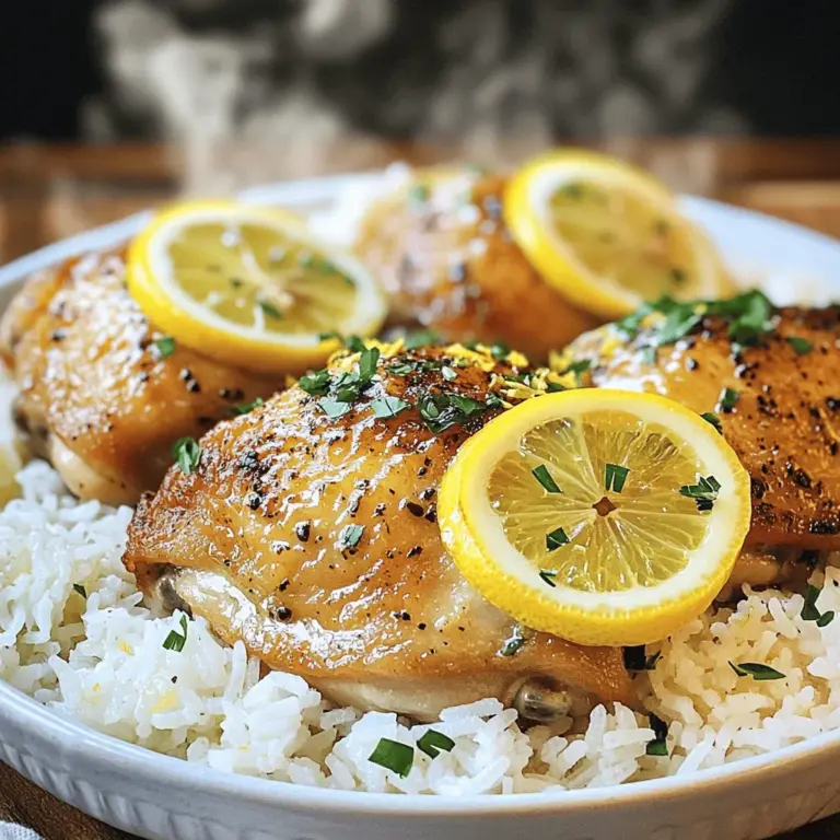 For the zesty lemon herb chicken and rice, gather the following ingredients: - 4 boneless, skinless chicken thighs - 1 cup basmati rice - 2 cups low-sodium chicken broth - 2 tablespoons olive oil - 2 cloves garlic, minced - Zest of 1 lemon - 2 tablespoons fresh lemon juice - 1 teaspoon dried thyme - 1 teaspoon dried oregano - 1 teaspoon paprika - Salt and pepper to taste - Fresh parsley, chopped (for garnish) - Lemon slices (for garnish) When it comes to picking quality ingredients, I recommend these brands: - Chicken: Look for organic or free-range chicken thighs for best flavor. - Rice: Choose Basmati rice from brands like Royal or Tilda. - Broth: Use low-sodium broth from Swanson or Kitchen Basics for depth without the salt. - Olive Oil: Extra virgin olive oil from California Olive Ranch is a great choice. - Spices: Try Simply Organic or McCormick for dried herbs and spices. If you can't find some ingredients, here are easy swaps: - Chicken Thighs: Boneless, skinless chicken breasts work fine too. - Basmati Rice: Jasmine rice or long-grain white rice can replace basmati. - Olive Oil: Use avocado oil or canola oil in its place. - Fresh Herbs: If you lack fresh herbs, use 1/3 of the amount of dried herbs. - Chicken Broth: Vegetable broth works well for a lighter option. This recipe combines simple ingredients for a tasty dish. You can find the full recipe and enjoy each step of making this delightful meal. To start, gather your ingredients. You need olive oil, garlic, lemon zest, lemon juice, dried thyme, oregano, paprika, salt, and pepper. In a bowl, mix these items well. This is your marinade. Next, add the chicken thighs. Coat them fully in the marinade. Let the chicken sit for at least 30 minutes. This helps the flavors soak in deeply. Heat a large skillet over medium heat. Add the marinated chicken thighs to the skillet. Cook each side for about 5-6 minutes. You want them to be golden brown and cooked through. Once done, remove the chicken from the skillet and set it aside. In the same skillet, add the basmati rice. Toast it for about 2 minutes. Stir it often until it looks slightly clear. Now, pour in the chicken broth. Bring this mixture to a boil. After it boils, lower the heat to low. Cover it and let it simmer for 15 minutes. When time's up, remove it from heat and keep it covered for 5 more minutes. Finally, fluff the rice with a fork. Place the chicken back on top of the rice. Cover and let it warm for another 2-3 minutes. Serve hot, and don’t forget the fresh parsley and lemon slices! For the full recipe, check out the earlier sections. To marinate chicken well, use a good mix of flavors. I like to combine olive oil, garlic, lemon juice, and herbs. This mix adds taste and helps keep the chicken juicy. Coat the chicken thighs fully in the marinade. Let them soak for at least 30 minutes. For best results, marinate overnight in the fridge. This makes the chicken even more flavorful. Fluffy rice is key to this dish. Start by toasting the basmati rice in the skillet for about two minutes. This step adds a nice nutty flavor. When you add chicken broth, bring it to a boil. Then, reduce the heat and cover it. Let it cook on low for about 15 minutes. After that, let it sit for five minutes. Fluff the rice with a fork to separate the grains. This keeps your rice light and airy. When serving lemon herb chicken and rice, make it visually appealing. Place the chicken on top of the rice. Add fresh parsley and lemon slices for color. This not only looks good but also enhances the flavor. You can also serve it with a side salad or steamed veggies. These add freshness and balance to the meal. For more ideas, check out the Full Recipe for inspiration. {{image_2}} You can add colorful veggies to your lemon herb chicken and rice. Try carrots, bell peppers, or peas. These vegetables add nutrients and flavor. Just toss them in when you cook the rice. They will steam perfectly while the rice cooks. This method keeps the dish healthy and tasty. For a kick, add some heat to your dish. Mix in red pepper flakes or cayenne pepper. Start with a small amount, then taste and adjust. You can also use a spicy marinade for the chicken. This variation gives you a zesty, bold flavor. It’s perfect for those who love spicy foods. To simplify your cooking, try the one-pot version. Cook the chicken and rice in the same skillet. Start by searing the chicken, then add the rice and broth. Everything cooks together, saving time and dishes. The chicken stays juicy, and the rice absorbs all the flavors. It’s easy and delicious! For the complete method, check the Full Recipe. To store leftovers, let the lemon herb chicken and rice cool first. Place them in an airtight container. Make sure to separate the chicken from the rice if you prefer. This keeps both fresh longer. Store the container in the fridge. Leftovers can last for about 3 to 4 days. When ready to eat, reheat the chicken and rice. You can use a microwave or a skillet. For the microwave, place the food in a bowl, cover it with a lid, and heat for 1 to 2 minutes. Stir halfway through. For the skillet, add a splash of broth or water. Heat over low until warm. This keeps the dish moist and tasty. If you want to freeze the dish, it’s best to do so right after cooking. Put the cooled chicken and rice in a freezer-safe container. Make sure to label it with the date. You can freeze it for up to 3 months. When you are ready to enjoy it, thaw it in the fridge overnight. Then, reheat as mentioned above. This method helps preserve the flavors. For the best taste, try to eat it within a month. For more details on how to make this dish, check the Full Recipe. Yes, you can use brown rice instead of basmati. Brown rice has a nutty flavor and a chewy texture. However, it takes longer to cook. You will need to adjust the cooking time to about 40-45 minutes. Also, use a bit more broth since brown rice absorbs more liquid. You can store lemon herb chicken and rice for up to four days in the fridge. Make sure to keep it in an airtight container. If you want to keep it longer, freeze it. It can last up to three months in the freezer. Several side dishes go well with lemon herb chicken and rice. Here are a few ideas: - Steamed broccoli - Roasted asparagus - Mixed green salad - Garlic bread - Grilled vegetables These sides add color and flavor to your meal. You can mix and match them based on your taste. For the full recipe, check the details above! This blog post shared how to make lemon herb chicken and rice. We covered key ingredients, cooking steps, and useful tips for perfect meals. I explained variations to keep it exciting and how to store leftovers. As you try this dish, remember to play with flavors and ingredients. Cooking can be fun! Enjoy making a meal that your family will love.