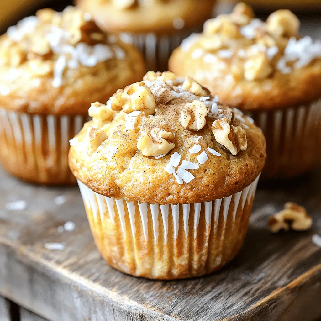 To make savory banana nut muffins, gather these simple ingredients: - 3 ripe bananas, mashed - 1/3 cup melted coconut oil (or unsalted butter) - 1/2 cup brown sugar - 1 large egg, beaten - 1 teaspoon vanilla extract - 1 teaspoon baking soda - Pinch of salt - 1 cup all-purpose flour - 1/2 cup chopped walnuts - 1/4 cup shredded coconut (unsweetened) - 1/2 teaspoon cinnamon If you need to swap ingredients, here are some ideas: - Use applesauce instead of oil for a lower-fat option. - Replace brown sugar with coconut sugar for a different flavor. - Try flaxseed meal mixed with water instead of the egg for a vegan muffin. - Swap walnuts for pecans or almonds if you prefer a different nut. - Use gluten-free flour to make these muffins gluten-free. These muffins are not just tasty; they also provide good nutrition. Here is a basic breakdown per muffin: - Calories: 180 - Protein: 3g - Carbohydrates: 24g - Fat: 8g - Fiber: 1g - Sugar: 6g These values may vary based on your ingredient choices. Always check your labels for the best accuracy. For the full recipe, you can refer to the details mentioned earlier. 1. Preheat your oven to 350°F (175°C). This step makes sure the muffins bake evenly. 2. Line a muffin tin with paper liners or grease it with cooking spray. This keeps the muffins from sticking. 3. In a large bowl, mash the ripe bananas until smooth. You want them creamy for the best texture. 4. Pour in the melted coconut oil or unsalted butter. Mix them well together. 5. Add the brown sugar, beaten egg, and vanilla extract to the bowl. Stir until everything is smooth. 6. Sprinkle the baking soda and a pinch of salt over the mixture. Stir again to combine. 7. Gently fold in the all-purpose flour. Mix until just combined; don't overmix. This keeps the muffins tender. 8. Now, add in the chopped walnuts, shredded coconut, and cinnamon. Fold these into the batter evenly. 1. Divide the batter evenly among the muffin cups. Fill each cup about two-thirds full. This allows for rising without spilling over. 2. Place the muffin tin in the preheated oven. Bake for about 18-20 minutes. Check for doneness with a toothpick; it should come out clean. 3. Keep an eye on your muffins to avoid overbaking. They should be golden brown on top. 1. Once baked, allow the muffins to cool in the tin for about 5 minutes. This helps them set. 2. Carefully transfer the muffins to a wire rack to cool completely. This keeps them from getting soggy. 3. For serving, I love to add a sprinkle of extra chopped walnuts on top. A dollop of honey or maple syrup adds a sweet touch. Enjoy your warm muffins! For the complete recipe, check out the full recipe provided. To make your banana nut muffins moist, choose ripe bananas with dark spots. They add natural sweetness and flavor. Use melted coconut oil or unsalted butter for richness. Avoid overmixing the batter; mix until just combined. This helps keep the muffins light. Also, try adding a pinch of cinnamon for warmth. One common mistake is using cold ingredients. Always use room temperature eggs and melted oil. This helps the batter blend well. Don’t skip the baking soda; it gives the muffins lift. Another mistake is overbaking. Keep an eye on them and test with a toothpick. If it comes out clean, they are done! To make these muffins, you need a few key tools: - Mixing bowls - Measuring cups and spoons - Muffin tin - Paper liners or cooking spray - Whisk or fork for mixing - Toothpick for testing doneness All these tools will help you create perfect muffins every time. For the full recipe, check the earlier section. Enjoy your baking! {{image_2}} You can make banana nut muffins gluten-free. Just swap the all-purpose flour for a gluten-free blend. Look for blends that include xanthan gum for better texture. The muffins will still taste great and stay moist. You may not notice a difference! To make vegan banana nut muffins, replace the egg with a flax egg. Mix one tablespoon of ground flaxseed with three tablespoons of water. Let it sit for five minutes until it thickens. You can also use plant-based milk instead of coconut oil or butter. The muffins will remain soft and tasty. Want to spice things up? Add flavor with extras! You can mix in chocolate chips, which give a sweet touch. Or try different nuts like pecans or hazelnuts for a unique crunch. Dried fruits, like raisins or cranberries, also add a nice twist. These add-ins will make your muffins even more delicious. Check out the Full Recipe to explore all the options! Store your banana nut muffins in an airtight container. This keeps them fresh and moist. You can keep them at room temperature for up to three days. If you want them to last longer, refrigerate them for up to a week. To freeze your muffins, let them cool completely first. Then, wrap each muffin tightly in plastic wrap. Place the wrapped muffins in a freezer bag. They can last for up to three months in the freezer. When you’re ready to eat them, just thaw them overnight in the fridge. For a warm muffin, you can reheat it in the microwave. Heat for about 15 to 20 seconds. If you prefer the oven, preheat it to 350°F (175°C). Place the muffin on a baking sheet and heat for about 5 to 10 minutes. Enjoy your warm, tasty banana nut muffin! For the full recipe, check the earlier section. Yes, you can use ripe frozen bananas in this recipe. Just thaw them first. Once thawed, mash them well. The texture will still be great in your muffins. Frozen bananas often have a stronger flavor. This can make your muffins taste even better. If you want to swap walnuts, try pecans or almonds. Both nuts add a nice crunch. You can also use sunflower seeds for a nut-free option. Chocolate chips are another fun choice. They add sweetness and richness to your muffins. To make these muffins dairy-free, use coconut oil instead of butter. This makes the muffins moist. You can also choose dairy-free milk like almond or oat milk. This keeps the flavor rich without adding dairy. Just ensure your egg is fresh and not from an animal product if you want to go fully plant-based. For the full recipe, check out the details above. You now have a complete guide to making banana nut muffins. We covered ingredients, cooking steps, and tips to perfect your muffins. You learned about variations like gluten-free and vegan options. Storage and reheating tips help keep your muffins fresh. Keep these ideas in mind as you bake. With practice, your muffins will impress everyone. Enjoy the process and have fun while baking!