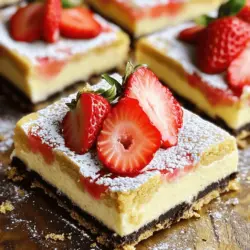 To make Golden Oreo Strawberry Cheesecake Bars, you need some key items: - 20 Golden Oreo cookies, crushed - 4 tablespoons unsalted butter, melted - 16 ounces cream cheese, softened - ½ cup granulated sugar - 1 teaspoon vanilla extract - 2 large eggs - 1 cup fresh strawberries, hulled and sliced - ½ cup sour cream - ¼ cup powdered sugar These ingredients work together to create a rich and creamy dessert. The Golden Oreos give a sweet, buttery crust that pairs perfectly with the smooth cheesecake filling. To make your bars even more special, consider adding: - Extra sliced strawberries for garnish Adding these strawberries on top looks great and adds a fresh touch. You can also sprinkle some powdered sugar for a beautiful finish. If you need to make changes, here are some swaps: - Use any brand of vanilla sandwich cookies instead of Golden Oreos. - If you’re out of cream cheese, try mascarpone for a different flavor. - Greek yogurt can replace sour cream for a lighter option. These substitutions can help when you're missing an ingredient or want a twist on the recipe. Each choice still keeps the bars delicious and fun! Start by preheating your oven to 350°F (175°C). Line an 8x8 inch baking pan with parchment paper. Let the paper hang over the edges for easy removal later. This makes serving your bars a breeze. In a medium bowl, combine 20 crushed Golden Oreo cookies with 4 tablespoons melted butter. Mix until the crumbs soak up the butter. Press this mixture into the bottom of your lined pan. This creates a tasty base for your cheesecake. Bake the crust for 10 minutes and then let it cool slightly. In a large mixing bowl, beat 16 ounces of softened cream cheese with an electric mixer. Mix until it is creamy. Add ½ cup granulated sugar and 1 teaspoon vanilla extract. Blend until smooth. Then, add 2 large eggs one at a time. Make sure to mix well after each egg goes in. Scrape the bowl to keep everything even. Now, gently fold in ½ cup sour cream and 1 cup of sliced strawberries. Be careful not to crush the strawberries. Pour this creamy filling over your cooled Oreo crust. Spread it out evenly. Bake in the oven for 30 to 35 minutes. The edges should be set, but the center can still jiggle a little. Once baked, take the cheesecake bars out of the oven. Let them cool at room temperature for 30 minutes. After that, chill them in the fridge for at least 2 hours. This helps them set before you cut them. When ready, lift the bars from the pan using the parchment paper. Cut them into squares and sprinkle with powdered sugar. Add extra sliced strawberries on top for a pretty look. Enjoy your tasty Golden Oreo Strawberry Cheesecake Bars! For the complete recipe, check out the Full Recipe. To make the best crust, use fresh Golden Oreo cookies. Crush them finely for a smooth base. Mix the crumbs with melted butter until they look wet. Press this mix firmly into the pan. Bake it for 10 minutes to set it. Wait for it to cool before adding the filling. For a smooth filling, start with softened cream cheese. Beat it well until it’s fluffy. Add sugar and vanilla, then mix again. When adding eggs, do it one by one. This helps the mixture blend well. Gently fold in sour cream and strawberries last. This keeps the strawberries whole and adds texture. Once your cheesecake bars are chilled, cut them into squares. Dust them with powdered sugar for a sweet touch. Add extra sliced strawberries on top for color and taste. You can serve them with whipped cream or even drizzle chocolate sauce over them. These bars are great for parties or family gatherings. Check the Full Recipe for more details! {{image_2}} You can change the flavor by adding other fruits. Try blueberries, raspberries, or peaches. Just slice them small and fold them into the cream cheese mix. Each fruit gives a new taste. Blueberries add a sweet burst. Raspberries offer a nice tartness. Peaches bring a juicy touch. For a twist, add a chocolate swirl. Melt some chocolate and mix it with cream. Then, drop spoonfuls on top of the cheesecake mix. Use a knife to swirl it around. This adds rich chocolate flavor to every bite. Chocolate pairs great with strawberries, too. If you need a gluten-free version, use gluten-free Golden Oreos. They taste just as good! This way, everyone can enjoy these tasty bars. Just follow the same steps in the Full Recipe. You still get that crunchy crust and creamy filling. Enjoy a delicious dessert without worry! To keep your Golden Oreo Strawberry Cheesecake Bars fresh, store them in the fridge. Place them in an airtight container. This keeps them moist and safe from other odors. They will last up to one week, but trust me, they might not last that long! If you want to save some for later, freezing is a great option. Cut the cheesecake bars into squares. Wrap each piece tightly in plastic wrap. After wrapping, place them in a freezer bag or an airtight container. They can stay in the freezer for up to three months. Just thaw them in the fridge overnight before enjoying. You don’t need to reheat cheesecake bars. They taste best chilled. If you want them a bit softer, let them sit out for 15-20 minutes before serving. This makes the flavors pop more! These bars stay fresh for about five days in the fridge. Store them in an airtight container to keep them moist. You can also freeze them for up to three months. Just wrap each bar tightly in plastic wrap and then place them in a freezer bag. When you’re ready to enjoy, let them thaw in the fridge overnight. Yes, you can! Any similar cookie will work for the crust. Try vanilla wafers or even chocolate cookies for a twist. Just crush them into fine crumbs and mix with melted butter. The key is to get a good texture to hold everything together. To cut cheesecake bars neatly, use a sharp knife. Dip the knife in hot water and wipe it dry before each cut. This helps create clean lines. You can also score the bars lightly before cutting to guide your knife. For best results, cut after the bars have chilled completely in the fridge. In this post, we covered how to make delicious Golden Oreo Strawberry Cheesecake Bars. We explored essential and optional ingredients, and even substitutions. You learned step-by-step instructions for baking and cooling your cheesecake. I shared tips for the perfect crust and a creamy filling, along with fun variations. Finally, I provided best practices for storing and reheating. Now, you can create this treat with confidence. Enjoy experimenting and sharing these bars with friends and family!
