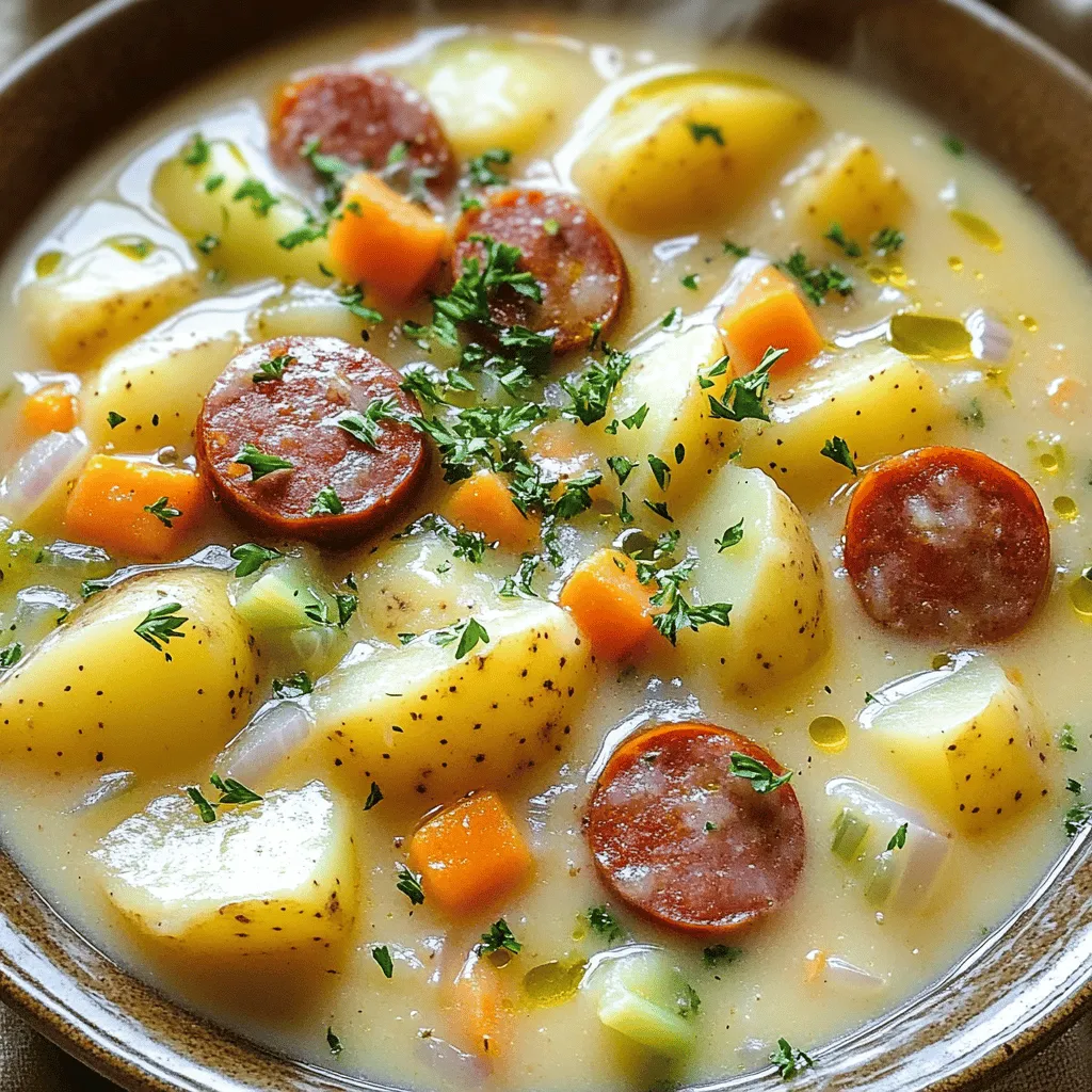 To make a rich and hearty Kielbasa Potato Soup, you will need the following ingredients: - 8 ounces kielbasa, sliced into half-moons - 4 large Yukon Gold potatoes, diced - 1 medium onion, chopped - 2 carrots, diced - 3 stalks celery, diced - 4 garlic cloves, minced - 6 cups low-sodium chicken broth - 1 cup heavy cream - 2 teaspoons dried thyme - 1 teaspoon smoked paprika - Salt and black pepper to taste - Fresh parsley, chopped (for garnish) - Olive oil These ingredients form the base of the soup, giving it a savory flavor. The kielbasa adds a nice, smoky taste, while the potatoes lend creaminess. The mix of onion, carrots, and celery adds a wonderful depth. For a detailed guide, check the Full Recipe. Each item plays a role in creating a comforting bowl of soup that warms you up on chilly days. Start by heating 2 tablespoons of olive oil in a large pot over medium heat. Add the sliced kielbasa to the pot. Cook it for about 5 to 7 minutes. You want it to get nice and browned. Browning adds flavor. Once browned, remove the kielbasa and set it aside. Keep some drippings in the pot for extra taste. Next, add the chopped onion, diced carrots, and diced celery into the same pot. Cook these for about 5 minutes. You want the vegetables to soften up. Stir them often to avoid burning. After 5 minutes, add the minced garlic. Cook for another minute. You’ll love the smell as it gets fragrant. Now it’s time to add the diced potatoes. Pour in the low-sodium chicken broth. Stir in the dried thyme, smoked paprika, salt, and black pepper. Mix everything well. Bring the soup to a boil. Once boiling, reduce the heat. Let it simmer for 15 to 20 minutes. The potatoes should be fork-tender by then. For a nice texture, use a potato masher and lightly mash some of the potatoes right in the soup. This makes it thicker while keeping some chunks. Now, stir in the cooked kielbasa and heavy cream. Let the soup simmer for another 5 to 7 minutes. This warms it through. Adjust any seasoning if needed. For a great finish, serve the soup in bowls. Garnish with fresh parsley and a drizzle of olive oil. Enjoy your hearty and flavorful Kielbasa Potato Soup! For the detailed cooking instructions, check out the Full Recipe. To get the perfect texture for your kielbasa potato soup, consider a few methods. First, you can thicken the soup by mashing some potatoes in the pot. This adds creaminess while keeping some chunks for bite. If you want a thicker soup, try adding a bit of cornstarch mixed with cold water. This helps without changing the flavor. Balancing flavors is key. The spices you use, like thyme and smoked paprika, bring warmth. Adjust the salt and pepper to make it pop. Always taste as you go. This lets you control the flavor. Garnishing can elevate your soup. Fresh herbs like parsley add color and flavor. Just chop it finely and sprinkle on top before serving. A drizzle of olive oil also adds richness. For a fun twist, try adding a dollop of sour cream or Greek yogurt. Presentation matters, too. Serve the soup in vibrant bowls. A sprinkle of herbs and a swirl of oil make it look gourmet. You can even add a slice of crusty bread on the side for a complete meal. Using the right tools makes a big difference. A heavy-bottomed pot is best for even cooking. It prevents the soup from burning while it simmers. Look for pots made from cast iron or stainless steel. For utensils, a good wooden spoon helps stir the soup without scratching your pot. A potato masher is also handy for achieving the right texture. These simple tools make your cooking experience smoother and more enjoyable. {{image_2}} You can switch out kielbasa for other meats. Try smoked sausage or turkey sausage for a lighter taste. You can also use chicken or beef for a different flavor profile. For those who prefer no meat, consider using mushrooms or tempeh. Both add rich taste and texture to the soup. If you like heat, add hot sauce or diced peppers. Jalapeños can spice it up nicely. Consider adding herbs like rosemary or dill for extra flavor. These herbs pair well with the potatoes and enhance the soup's richness. To make a low-calorie version, use less cream or replace it with a low-fat option. You can also skip the kielbasa and add more veggies. For a gluten-free soup, ensure you use gluten-free broth and check the sausage label. These twists keep the soup tasty and healthy. For the full recipe, check out the Kielbasa Comfort Potato Soup. To store your kielbasa potato soup, let it cool first. Then, pour it into an airtight container. This keeps the soup fresh and tasty. Place the container in the fridge. The soup stays good for about three to four days. If you want to keep it longer, consider freezing it. For freezing, use freezer-safe bags or containers. Make sure to leave some space at the top. The soup will expand as it freezes. It can last up to three months in the freezer. When you’re ready to eat, just thaw it overnight in the fridge. You can reheat your soup in two ways: microwave or stovetop. For the microwave, place the soup in a bowl. Heat it in short bursts, stirring often. This helps keep the texture nice. For stovetop reheating, pour the soup into a pot. Heat it over medium-low heat. Stir it regularly to avoid burning. Both methods work well, but stovetop heating may keep the texture better. In the fridge, your kielbasa potato soup lasts three to four days. If you freeze it, it can stay good for three months. Always check for signs of spoilage. If the soup has an off smell or strange color, it’s best to throw it out. Trust your senses; they help you keep meals safe. Yes, you can use other potatoes. The best types for soup are Yukon Gold, Russet, or red potatoes. Yukon Gold gives a creamy texture. Russets are starchy and break down well. Red potatoes hold their shape nicely and add color. To make this soup vegan, swap the kielbasa for a plant-based sausage. Use vegetable broth instead of chicken broth. Replace heavy cream with coconut cream or a plant-based milk. This keeps the soup rich and creamy. This soup pairs well with crusty bread or a fresh salad. A side of roasted vegetables also works nicely. For bread, consider a sourdough loaf or garlic bread. These add great texture and flavor. For detailed instructions, check out the [Kielbasa Comfort Potato Soup recipe](#). This blog post covered the basics of making Kielbasa Potato Soup. You learned about the key ingredients, step-by-step cooking instructions, and essential tips for perfecting your soup. We discussed variations to suit different diets and how to store your leftovers properly. In conclusion, cooking this hearty soup is easy and rewarding. Try different proteins and spices to make it your own. Enjoy discovering new flavors while creating a dish that warms the soul.