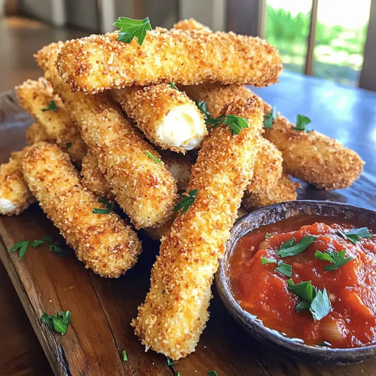 To make your mozzarella sticks, gather these ingredients: - 1 pound mozzarella cheese, cut into 1/2-inch thick sticks - 1 cup all-purpose flour - 2 large eggs - 1 cup breadcrumbs (preferably panko for extra crunch) - 1 teaspoon garlic powder - 1 teaspoon dried oregano - 1 teaspoon paprika - Salt and pepper to taste - Vegetable oil, for frying - Marinara sauce, for serving While mozzarella is the classic choice, you can try other cheeses too. Provolone or cheddar can add a fun twist. Both melt well and give great taste. If you want a stronger flavor, consider using smoked mozzarella. The options are endless, and it's all about your taste. Dipping sauces can make your mozzarella sticks even better. Marinara sauce is a favorite, but don't stop there. Try ranch dressing for a creamy touch. You can also use a spicy aioli for a kick. For something sweet, honey mustard works great too. Choose what you love and enjoy! Start by cutting the mozzarella cheese into 1/2-inch thick sticks. This size helps them fry well. Place the cheese sticks in the freezer for about 30 minutes. This step is key, as it firms them up. A firmer cheese stick will hold its shape better when you fry it. Next, set up your breading station. You will need three shallow bowls. In the first bowl, add 1 cup of flour with a pinch of salt and pepper. In the second bowl, whisk two large eggs until smooth. The last bowl needs 1 cup of breadcrumbs, garlic powder, oregano, paprika, and more salt and pepper. This mix gives the sticks great flavor. Take a cheese stick from the freezer. Roll it in the flour first, making sure to coat it well. Next, dip it into the egg wash. Let any extra egg drip off before moving to the last bowl. Roll it in the breadcrumb mixture, pressing gently. This helps the coating stick. Repeat this for all the cheese sticks. Once done, put them back in the freezer for 15 minutes. This helps the breading set. Heat about 2 inches of vegetable oil in a deep frying pan over medium-high heat. The oil should reach about 350°F (180°C). To test the oil, drop a small piece of breadcrumb in. If it sizzles, the oil is ready. Carefully place a few mozzarella sticks in the hot oil. Don’t overcrowd the pan; it can lower the temperature. Fry for 2-3 minutes on each side until they turn golden brown. Use a slotted spoon to remove them and drain on paper towels. Be careful with the hot oil to avoid burns. Enjoy these tasty mozzarella sticks with marinara sauce from the Full Recipe. To get that crunch you crave, follow these steps. First, use panko breadcrumbs. They create a light, crisp layer. Next, make sure the oil is hot enough before frying. A good test is to drop in a breadcrumb. If it sizzles, you're ready. Lastly, don't crowd the pan. Fry only a few sticks at a time. This helps them cook evenly. For that gooey stretch, chill the mozzarella sticks well. Freezing them for 30 minutes helps keep the cheese inside. When frying, watch the time. Fry them just until golden brown. If you cook them too long, the cheese will melt out. Serve them hot right after frying for the best pull. There are a few common slip-ups to keep in mind. Don’t skip chilling the cheese. This step is vital for the perfect melt. Also, avoid using too much oil. If the oil is too deep, the sticks may not cook right. Lastly, don’t rush the breading process. Make sure each stick is well-coated for the best results. For a full recipe, check out the detailed steps above. {{image_2}} You can jazz up your mozzarella sticks by adding flavors to the breadcrumbs. Try mixing in herbs like basil or thyme. You can also add spices like chili powder for a kick. For a cheesy twist, mix in grated Parmesan or nutritional yeast. This small change can make your cheese sticks extra special. While frying gives a crispy texture, baking is a healthier option. To bake, preheat your oven to 400°F (200°C). Place the breaded mozzarella sticks on a baking sheet lined with parchment paper. Spray them lightly with cooking oil. Bake for about 10-12 minutes, flipping halfway through. You'll still get a nice crunch without all the oil. Marinara is a classic dip, but why stop there? Try ranch dressing for a creamy touch. You could also mix Greek yogurt with herbs for a fresh dip. For something sweet, a honey mustard blend works great too. Experiment with your favorite sauces to make your mozzarella sticks even more fun. For a complete guide, check the Full Recipe. After enjoying your mozzarella sticks, let them cool down. Place them in an airtight container. Keep them in the fridge. They will stay fresh for up to three days. Remember, the longer they sit, the less crispy they become. To reheat your mozzarella sticks, use the oven. Preheat it to 375°F (190°C). Arrange the sticks on a baking sheet. Bake for about 10 minutes. This method helps retain their crunch. Avoid using the microwave as it makes them soggy. If you want to keep mozzarella sticks longer, freezing is a great option. First, freeze them on a baking sheet for about an hour. Once frozen, transfer them to a freezer bag. They can last up to three months. When ready to eat, fry them straight from the freezer. No need to thaw! This keeps them crispy and delicious. For the full recipe, check the section above. To keep cheese inside the stick, freeze it first. Place the mozzarella sticks in the freezer for about 30 minutes. This helps them firm up. A firmer cheese will resist melting during frying. After breading, freeze them again for 15 minutes. This extra chill helps keep the cheese from leaking. Yes, you can try other cheeses! Cheddar, pepper jack, or gouda work well. Each cheese gives a new flavor. Just remember that softer cheeses may ooze more. Stick with firmer varieties for the best results. Cheese blends can also be fun for a unique taste. To bake mozzarella sticks, start by preheating your oven to 400°F (200°C). Prepare your sticks as usual, then place them on a baking sheet. Spray them lightly with cooking oil. Bake for 10-12 minutes or until golden. Flip halfway through for even cooking. This method is healthier but still tasty. Homemade mozzarella sticks can last in the fridge for about 3-4 days. Store them in an airtight container. For best taste, enjoy them fresh. If you want to keep them longer, consider freezing. They can be frozen for up to 3 months. Just reheat them in the oven when ready to eat. To make great mozzarella sticks, you need the right ingredients and methods. We covered how to prepare, bread, and fry them safely. Plus, we shared tips for that perfect crispy outside and gooey inside. Don't forget about fun variations and smart storage options. With these tricks, you can nail this tasty snack. Enjoy your mozzarella sticks with your favorite dip and keep experimenting with new flavors. Happy cooking!