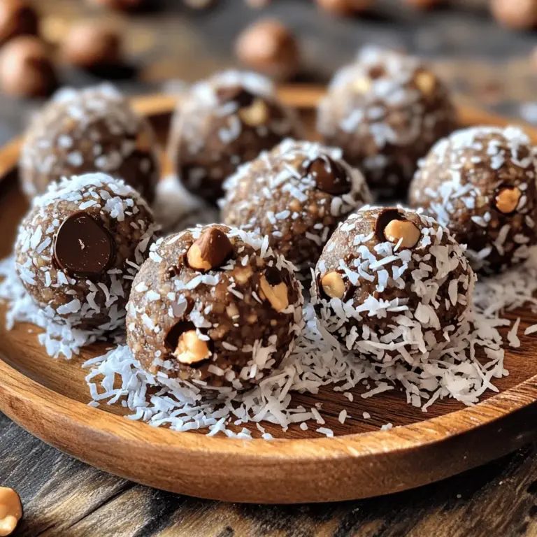To make these tasty Chocolate Hazelnut Energy Balls, you need simple, wholesome ingredients. Here’s the complete list: - 1 cup hazelnuts, toasted - 1 cup pitted dates, chopped - 2 tablespoons cocoa powder - 2 tablespoons nut butter (hazelnut or almond) - 1 tablespoon maple syrup (optional for extra sweetness) - 1 teaspoon vanilla extract - 1/4 teaspoon sea salt - 1/4 cup dark chocolate chips (dairy-free if desired) - 1/2 cup unsweetened shredded coconut (for rolling) Each ingredient plays a role. Hazelnuts bring a rich, nutty flavor and healthy fats. Dates add natural sweetness and bind the mix. Cocoa powder gives a deep chocolate taste. Nut butter adds creaminess and taste. Maple syrup can boost sweetness. Vanilla extract enhances flavor. Sea salt balances everything. Dark chocolate chips add a delightful surprise. Finally, shredded coconut gives a nice finish. Using this Full Recipe, you can create a snack that fuels your day. 1. Start with the hazelnuts. Toast them lightly in a pan over medium heat. Stir them for about 5 minutes until fragrant. This step brings out their nutty flavor. 2. Next, place the toasted hazelnuts in a food processor. Pulse them until they become a coarse meal. Watch closely to avoid making nut butter. 3. Now, add the chopped dates, cocoa powder, nut butter, maple syrup, vanilla extract, and sea salt to the food processor. 4. Blend until the mix is sticky and holds together. If it feels too dry, add water, one teaspoon at a time. Blend again until the right texture forms. 5. Stir in the dark chocolate chips by hand. This will help keep them whole and evenly mixed. 6. Scoop about 1 tablespoon of the mixture and roll it into a ball. Keep your hands slightly damp to help shape them easily. 7. Repeat until you shape all the mixture into balls. 8. Roll each ball in unsweetened shredded coconut to coat them evenly. This adds a nice texture and flavor. 9. Place the energy balls on a baking sheet lined with parchment paper. Refrigerating is key. It helps the energy balls firm up, making them easier to eat. Leave them in the fridge for at least 30 minutes. This time helps them hold their shape well. Enjoy your delicious, healthy snack! You can easily adjust sweetness in these energy balls. If you want them sweeter, add more maple syrup. You can also try honey or agave syrup. For flavors, add a pinch of cinnamon or a dash of sea salt to enhance taste. If you want to change the nut butter, almond or cashew butter works great too. Each nut butter brings a unique flavor and texture. When using a food processor, it’s key to process hazelnuts just right. Pulse them until they are a coarse meal. If you blend too long, you’ll turn them into nut butter. This can make your energy balls too oily. If your mixture feels dry, don’t worry. Just add one teaspoon of water at a time. Mix well after each addition until it binds together. Aim for a sticky, moldable texture. For tips on avoiding a dry mixture, check the blending time. If it feels too crumbly, you may need more dates or nut butter. Adjust as needed until you find the perfect blend for your energy balls. This will help achieve a delicious snack that holds together well. For the full recipe, check out the earlier section! {{image_2}} You can easily switch up the flavors in your energy balls. Adding a dash of cinnamon can give a warm and cozy taste. A sprinkle of sea salt can enhance the chocolate flavor. You might also try mixing in seeds like chia or flaxseed for a crunchy texture. Dried fruits, such as cranberries or apricots, can add sweetness and chewiness. Feel free to be creative with these swaps. If you want a vegan-friendly version, just use maple syrup instead of honey. You can also switch the nut butter to a seed butter, like sunflower seed butter. This change makes the recipe nut-free, which is great for those with allergies. The energy balls will still taste amazing, and you can enjoy them safely! To keep your chocolate hazelnut energy balls fresh, use an airtight container. This helps prevent air from getting in and keeps them tasty. You can store them in the fridge or freezer. - Refrigeration: They can last up to one week in the fridge. Just make sure the container seals well. - Freezing: For longer storage, freeze them for up to three months. Place them in a single layer on a baking sheet first. Once they are solid, transfer them to your container. These energy balls stay best when stored properly. Expect them to taste great for about a week in the fridge. In the freezer, they can last for three months. Watch for signs of spoilage. If they smell off or have a strange texture, it's time to toss them. Also, if you see any mold, do not eat them. Freshness matters, so check your energy balls before enjoying! You can boost nutrition by adding protein powder or superfoods. Try adding a scoop of vanilla or chocolate protein powder. This helps give you energy for your busy day. You can also mix in superfoods like chia seeds or ground flaxseed. Both add healthy fats and fiber. Another option is to include spirulina powder for a green boost. Just remember, start with small amounts to avoid changing the taste too much. Yes, you can use other nuts if you want. Almonds, walnuts, or pecans work well too. Each nut has a unique taste. Almonds give a sweet flavor, while walnuts add a rich taste. You can even mix different nuts for added texture. Just make sure to toast them lightly for the best flavor before using. Serving your energy balls can be fun and creative! You can arrange them on a pretty plate or in a small jar tied with twine. This makes a great gift or snack for guests. For added flair, sprinkle some toasted hazelnuts around the energy balls. You could even serve them with fresh fruit or yogurt. Enjoy your tasty treat with a nice cup of tea or coffee. For the full recipe, check out the earlier section. These chocolate hazelnut energy balls are simple to make and taste great. You learned about the key ingredients and how to prepare them. I shared tips for customizing your recipe and keeping them fresh. Remember, you can easily adjust flavors or try different nuts. Use an airtight container for storage and know how long they last. Keep these points in mind as you make your energy balls. Enjoy your tasty, healthy treats!