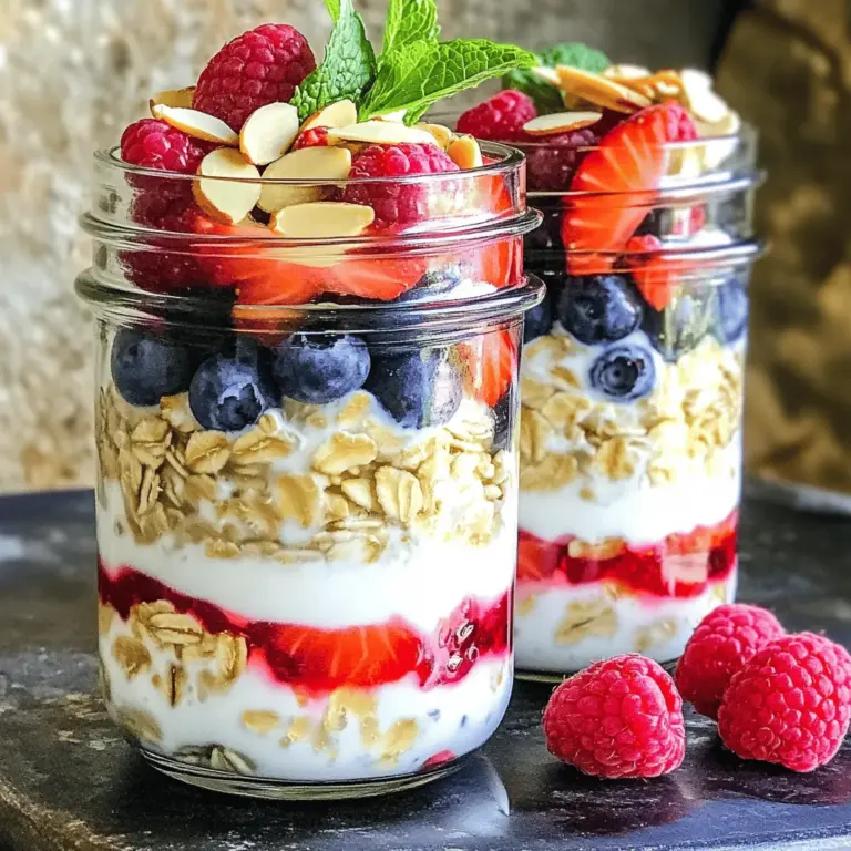 - Oats: The base for overnight oats - I use rolled oats for their chewy texture. They soak up the liquid well, making them creamy. Instant oats can turn mushy, so I recommend sticking with rolled oats. - Dairy and Milk Alternatives: Choosing the right type - Almond milk is my go-to for a nutty taste. You can also use regular milk or oat milk. Each adds a different flavor and creaminess to your oats. - Sweetness and Flavor Enhancers: Maple syrup and vanilla extract - Maple syrup gives a natural sweetness. One tablespoon is perfect. Vanilla extract adds a lovely aroma and depth to the oats. Just a teaspoon will do. - Berries: Fresh vs. frozen - Fresh berries are vibrant and juicy. I love using strawberries, blueberries, and raspberries. Frozen berries work too and are easy to keep on hand. They can be mixed in right from the freezer. - Additional Toppings: Crunch and nutrition add-ons - I like adding sliced almonds for crunch. They add healthy fats and protein. You can also try walnuts or sunflower seeds. Fresh mint leaves make a nice touch on top for color and flavor. For the full recipe, check out the Berry Burst Overnight Oats. To start, gather your ingredients. In a large mixing bowl, combine: - 1 cup rolled oats - 1 ½ cups almond milk (or milk of choice) - ½ cup Greek yogurt (or plant-based yogurt) - 1 tablespoon chia seeds - 2 tablespoons maple syrup (or honey) - 1 teaspoon vanilla extract Mix these ingredients thoroughly. This ensures that every bite is creamy and flavored. You want to see a smooth blend with no dry oats. The soaking time is crucial. Let the mixture sit in the fridge for at least 4 hours or overnight. This helps the oats absorb the liquid and soften. The longer they soak, the better the texture. When layering your ingredients, start with the oat mixture at the bottom. This keeps everything neat. Follow with berries and any toppings. It creates a beautiful layered look in your jar. Now, let’s add those delicious berries. Gently fold in ½ cup of mixed berries, such as strawberries, blueberries, and raspberries. This step is key for flavor. It allows the sweet juice to spread throughout the oats. Make sure the berries are evenly distributed. This way, each spoonful bursts with fruity goodness. Choosing the right containers is important. Use mason jars or containers with tight lids. This keeps your overnight oats fresh and prevents spills. For refrigeration, place your jars in the fridge. They need to chill overnight. This time helps the flavors blend well. Enjoy your Berry Burst Overnight Oats in the morning, ready to eat straight from the jar. To get your overnight oats just right, focus on liquid amounts. If you want creamier oats, add a bit more almond milk. Start with the recipe's 1 ½ cups. You can always adjust it later based on your taste. Chia seeds play a big role in texture. They soak up liquid and help thicken the oats. Use at least 1 tablespoon, but feel free to add more if you like a thicker mix. Sweeteners can change the taste of your oats. Maple syrup adds a nice touch, but honey works great too. Experiment with both to see which one you like best. Adding spices can bring your oats to life. A dash of cinnamon or nutmeg can make a big difference. Just a little bit goes a long way, so start small and taste as you go. Serving your oats in clear jars is a fun way to show off the layers. You’ll see the berries, and it looks great! For garnishing, sprinkle sliced almonds on top for crunch. Add a few whole berries and a mint sprig for color. This not only looks nice but also adds extra flavor. For the complete steps, refer to the Full Recipe. {{image_2}} You can mix and match berries to suit your taste. In fall and winter, use berries like cranberries and blackberries. These fruits add a nice tartness. You can also try frozen berries. They work well and save prep time. For a tropical twist, add pineapple or mango. These fruits make your oats bright and refreshing. They also pair well with the creamy yogurt. Want to boost the nutrition? Add nut butters like almond or peanut butter. They give a rich taste and healthy fats. You can also sprinkle seeds like sunflower or pumpkin seeds. These add crunch and protein. If you want a non-dairy option, swap Greek yogurt for coconut yogurt. It gives a creamy texture with a light coconut flavor. Try serving your overnight oats as a parfait. Layer them in a clear glass with more berries and nuts. This makes a fun and pretty breakfast. Another idea is to blend the oats into a smoothie. Just add some almond milk and ice. Blend until smooth. This makes a quick and easy meal for busy mornings. For the full recipe, check out the Berry Burst Overnight Oats. To keep your berry burst overnight oats fresh, store them in the refrigerator. Use airtight containers or mason jars. This helps prevent spoilage and keeps your oats tasty. Make sure to seal the jars well. They will stay fresh for up to five days in the fridge. If you want to store them longer, you can freeze them. Place the oats in freezer-safe containers. Just remember to leave some space for expansion. Frozen oats can last for about three months. If you prefer warm oats, microwaving is a quick option. Remove the lid from your container before heating. Heat on medium power in short bursts, stirring in between. This ensures even warming. Be careful not to overheat, as this can change the texture. If you heat too long, the oats may become dry or rubbery. For the best taste, eat your overnight oats within five days. Check for any changes in smell or appearance. If you see signs of spoilage, like mold, throw them away. Freshness is key for flavor and safety. Enjoy your berry burst overnight oats while they are still at their best! You can store leftover overnight oats for up to five days in the fridge. This keeps them fresh and tasty. For the best taste, enjoy them within three days. Always check for any off smells or changes in texture before eating. If they look or smell strange, it’s best to toss them. Proper storage in airtight containers helps maintain their flavor and safety. Yes, you can use instant oats! However, the texture will be different. Instant oats cook faster and can become mushy. Rolled oats are thicker, which gives a nice chewiness. If you use instant oats, cut the soaking time to just a few hours. This way, they won’t get too soft. Remember, the choice of oats affects the final dish. You can use many fruits! Some great options include bananas, apples, and peaches. Each fruit adds a unique flavor. Try using seasonal fruits for the best taste. You can also mix in dried fruits like raisins or cranberries. This adds sweetness and texture. Get creative and use what you love! In summary, you’ve learned how to make delicious overnight oats. We covered ingredients, step-by-step preparation, tips for perfect texture, and fun variations. Remember to enjoy fresh fruits and experiment with flavors. Store your oats properly for the best taste and safety. The best part? You can customize them just the way you like. Now it’s time to create your own tasty overnight oats and enjoy a healthy breakfast every day!