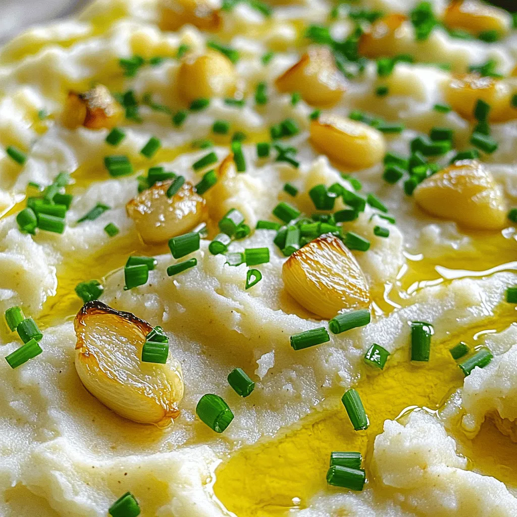 To make Roasted Garlic Mashed Cauliflower, you will need: - 1 large head of cauliflower, cut into florets - 1 head of garlic - 2 tablespoons olive oil - 1/4 cup unsweetened almond milk (or any milk of your choice) - 2 tablespoons unsalted butter (or vegan butter for a dairy-free option) - Salt and pepper to taste - Fresh chives or parsley, chopped (for garnish) Cauliflower is not just tasty; it’s also very good for you. It is low in calories and high in nutrients. This veggie is rich in vitamins C and K. It also has fiber, which is great for your digestion. Eating cauliflower can help with weight loss while keeping you full. Plus, it is a great source of antioxidants, which help protect your cells. You can make your mashed cauliflower even better with some add-ins. Consider adding: - Grated cheese for a cheesy flavor - Fresh herbs like thyme or rosemary for extra taste - Nutritional yeast for a nutty flavor, especially if you want it vegan - A splash of lemon juice for brightness These add-ins can transform your dish. They can add layers of flavor, making your meal unique and exciting. First, get your large head of cauliflower. Cut it into small florets. This helps it cook evenly. Next, take the head of garlic. Slice off the top to expose the cloves. Drizzle one tablespoon of olive oil on the garlic. Wrap it in foil to keep it from burning. Now, toss your cauliflower florets with the remaining olive oil, salt, and pepper. Make sure they are well coated. This will add great flavor to your dish. Preheat your oven to 400°F (200°C). Spread the cauliflower on a baking sheet. Place the wrapped garlic alongside the cauliflower. Roast them in the oven for 30 to 35 minutes. The cauliflower should be tender, and the garlic will become soft and sweet. Keep an eye on them to avoid burning. Once they are done, take them out and let them cool for a few minutes. After cooling, squeeze the roasted garlic cloves into a bowl. Use a fork to mash them up. Then, put the roasted cauliflower into a food processor. Add the mashed garlic, almond milk, and butter. Blend everything until it becomes smooth and creamy. Taste and add more salt and pepper if needed. Blend again to mix well. Your roasted garlic mashed cauliflower is now ready to serve. Garnish it with fresh chives or parsley for a lovely touch. For the full recipe, check the details above. To get that creamy texture, use a food processor. It blends the cauliflower and garlic well. If you want it smoother, add more almond milk. The key is to blend until it’s silky. Add herbs like thyme or rosemary for extra flavor. You can also mix in cheese if you like. Parmesan gives a nice salty kick. For a twist, try adding a squeeze of lemon juice. It brightens the dish. Serve this dish warm as a side. It pairs well with chicken or fish. Top it with fresh chives or parsley for color and taste. You can also use it as a base for a hearty stew. This recipe is a great way to impress at dinner parties. For the full recipe, check out the earlier section. {{image_2}} If you love cheese, try adding some to your mashed cauliflower. Grate about half a cup of sharp cheddar or Parmesan cheese. Mix it in right after blending the cauliflower. This adds a rich flavor that really makes the dish shine. You will love the creamy texture and cheesy taste. Want to add a fresh twist? Use herbs! Chop fresh herbs like rosemary, thyme, or basil. Stir them into the mashed cauliflower after blending. The herbs bring a bright flavor that enhances the dish. You can also use dried herbs if you prefer. You can switch up the milk for different flavors. Try coconut milk for a hint of sweetness. Or use oat milk for a creamy texture. Each milk gives a unique taste to the dish. This way, you can adjust the recipe to fit your diet or taste. For the full recipe, check the section above. Enjoy creating your own version of roasted garlic mashed cauliflower! After making roasted garlic mashed cauliflower, let it cool. Transfer any leftovers to an airtight container. Store it in the fridge for up to three days. Make sure to label the container with the date. This way, you can enjoy this creamy delight later on. To reheat the mashed cauliflower, use the microwave or stovetop. If using a microwave, place it in a bowl and cover it. Heat in short bursts, stirring in between, until warm. For the stovetop, add a splash of milk and heat over low heat. Stir often to keep it creamy and avoid burning. You can freeze roasted garlic mashed cauliflower for later use. Place it in a freezer-safe container. Leave some space at the top for expansion. It can last up to three months in the freezer. When you’re ready to eat, thaw it in the fridge overnight, then reheat. This method keeps the flavor fresh for your next meal. For the full recipe, check the original instructions. Roasted garlic mashed cauliflower is a creamy, flavorful side dish. You use roasted garlic and cauliflower to create a rich texture. This dish is a great alternative to mashed potatoes. It offers a lower-carb option with a delicious taste. The roasting process brings out the natural sweetness of the garlic. This makes it a superb addition to any meal. Yes, you can easily make this recipe vegan. Just swap the butter for vegan butter. Use unsweetened almond milk or any plant-based milk you like. This way, you keep the creamy texture while making it dairy-free. Your guests will love this tasty vegan dish. Roasted garlic mashed cauliflower is lighter and lower in carbs than mashed potatoes. It has a unique flavor thanks to the roasted garlic. You can enjoy it without feeling heavy afterward. Both dishes can be creamy, but this one is often healthier. It fits well in many diets, including gluten-free and low-carb. Enjoy this creamy delight! For the full recipe, check out the recipe section above. This blog post covered how to make roasted garlic mashed cauliflower. We explored the ingredients, including cauliflower and garlic, and shared nutritional benefits. You learned about prepping, roasting, and blending techniques to get the right texture. We also provided tips for flavor boosts and serving ideas. Variations like cheesy and herb-infused options cater to different tastes. Storing leftovers is easy, and we answered common questions. Enjoy this healthier alternative to mashed potatoes!