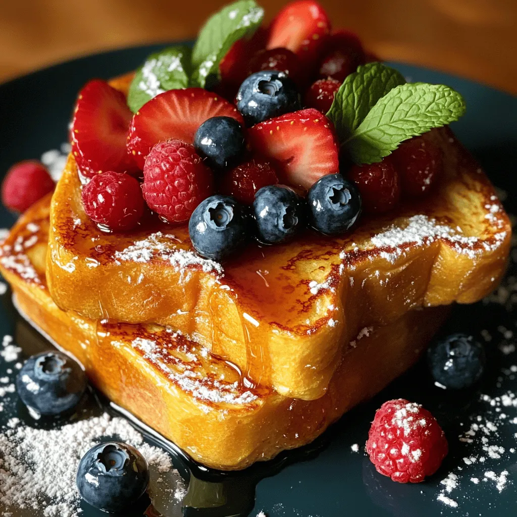 - 4 slices of thick bread (brioche or challah) - 2 large eggs - 1/2 cup whole milk - 1 teaspoon vanilla extract - 1 teaspoon ground cinnamon - 1 tablespoon granulated sugar - 1/2 cup mixed berries (blueberries, strawberries, raspberries) - 2 tablespoons butter - Maple syrup for serving - Fresh mint leaves for garnish (optional) This dish provides a mix of calories, fat, carbohydrates, and protein. Each serving has about 350 calories. It contains roughly 15 grams of fat, 45 grams of carbs, and 10 grams of protein. This makes it a satisfying treat, especially when paired with fresh berries. - Non-stick skillet - Mixing bowl - Whisk The right tools help make cooking easy and fun. A non-stick skillet is key for crispy, golden toast. A mixing bowl and whisk allow you to combine the eggs and milk well. With these tools, you can create a delicious breakfast that brings joy to your table. For a full recipe, check out the complete guide. To start, whisk the egg mixture. In a large bowl, add two eggs, half a cup of milk, one teaspoon of vanilla extract, one teaspoon of ground cinnamon, and one tablespoon of sugar. Mix well until everything blends together smoothly. This step is key for a tasty French toast base. Next, preheat your skillet. Set it over medium heat and add two tablespoons of butter. Let the butter melt until it coats the skillet. This will help the toast cook evenly and get that perfect golden color. Now it’s time to coat the bread slices. Take four slices of thick bread, like brioche or challah. Dip each slice into the egg mixture. Make sure to coat both sides but don’t soak them. Let the extra mixture drip off. This will prevent soggy toast! Once your skillet is ready, place the coated bread slices on it. Cook for about three to four minutes on each side. Look for a golden brown color and a crispy edge. Flip carefully using a spatula to keep it intact. While the French toast cooks, warm the mixed berries. In a small pan over low heat, add half a cup of mixed berries. This can include blueberries, strawberries, and raspberries. Warm them gently for about two to three minutes until they soften. Now, it’s time to serve the French toast! Stack the slices on a plate and top generously with the warm mixed berries. Drizzle some maple syrup over the top. For a lovely touch, add fresh mint leaves as a garnish if you like. This will make your dish look and taste amazing! To make great French toast, start with the right bread. I love using thick slices of brioche or challah. These types soak up the mixture well and get soft inside while staying crispy outside. Next, focus on the egg mixture. You want it smooth but not too runny. Whisk together the eggs, milk, vanilla, cinnamon, and sugar. Aim for a creamy blend. This will give your toast a rich flavor without being too eggy. For serving, stack the French toast high on a plate. This looks nice and holds the toppings well. Add a side of extra mixed berries for color. You can also drizzle warm maple syrup over the top. To make it pretty, garnish with fresh mint leaves. The green color pops against the toast and berries. It adds a fresh touch that makes your dish feel special. One big mistake is over-soaking the bread. If you let it sit too long, it can become mushy. Just dip each slice quickly to coat it, then let the extra drip off. Also, watch the cooking temperature. If your skillet is too hot, the outside will burn before the inside cooks. Use medium heat and flip only once for even cooking. This will help you get that perfect golden-brown crust. For the complete recipe, check out the Full Recipe section. {{image_2}} For a delightful twist on classic French toast, consider your berry choices. The best types of berries to use are blueberries, strawberries, and raspberries. Each berry brings its own unique flavor and sweetness. - Blueberries add a burst of juicy sweetness. - Strawberries provide a bright, fresh taste. - Raspberries offer a tangy bite that contrasts well with the sweet toast. You can also explore seasonal berry variations. In spring and summer, enjoy fresh strawberries and blueberries. In fall, consider using blackberries, which are often sweeter and richer. Winter gives us frozen options that still taste great when warmed. To elevate your French toast, think about adding flavors. Spices can make a big difference. Try adding a pinch of nutmeg or cardamom to the egg mixture. These spices add warmth and depth to every bite. You can also experiment with alternative sweeteners. Instead of regular sugar, try honey or agave syrup. Both options provide a unique sweetness that enhances the dish. Honey adds a floral note, while agave offers a milder, smooth sweetness. If you have dietary needs, you can still enjoy this treat. For gluten-free options, use gluten-free bread. Many brands offer delicious choices that work well in this recipe. For dairy-free substitutes, almond or oat milk works great in the egg mixture. These alternatives keep the dish creamy without the dairy. You can also use coconut oil instead of butter for cooking. This keeps your French toast tasty and suitable for a dairy-free diet. For the full recipe, check the [Full Recipe]. To store leftover French toast, first let it cool to room temperature. Then, place it in an airtight container. You can refrigerate it for up to 3 days. If you want to keep it longer, freeze it. Wrap each slice in plastic wrap and place them in a freezer bag. This helps keep the French toast fresh. When it’s time to enjoy your French toast again, there are great ways to reheat it. The best method is to use a toaster or an oven. For the toaster, pop in each slice until they are warm and crisp. If you use an oven, preheat it to 350°F (175°C). Place the slices on a baking sheet and heat for about 10 minutes. In the fridge, your French toast will last about 3 days. If you freeze it, it will stay good for about 2 months. Just remember, the sooner you eat it, the better it will taste! Yes, you can use stale bread for French toast. Stale bread absorbs the egg mixture better. It helps create a soft inside while staying crispy on the outside. This adds texture to your dish. Plus, using stale bread reduces waste, making it a smart choice. You can use any bread you have. Just cut it into slices and enjoy! You can make French toast without eggs by using a few vegan options. Try using mashed bananas or applesauce. They help bind the mixture. You can also use silken tofu blended with a splash of plant-based milk. This creates a creamy texture. Another option is to use a mixture of ground flaxseed and water. Mix one tablespoon of flaxseed with three tablespoons of water. Let it sit for a few minutes before adding it to your mix. These options still give you that yummy French toast flavor. Pair your French toast with a light salad for freshness. You can also serve it with crispy bacon or sausage for a savory touch. A side of yogurt adds creaminess. For drinks, coffee or tea works well. Fresh juice or smoothies can brighten up your meal, too. Try different combinations to find your favorite! Yes, you can prepare the egg mixture in advance. Just whisk the eggs, milk, vanilla, cinnamon, and sugar together. Store it in the fridge until you are ready to cook. This can save time in the morning. Just remember to stir it before dipping your bread. You can also soak the bread slices in the mixture overnight for extra flavor. In this post, we explored how to make delicious French toast with mixed berries. We covered the key ingredients, step-by-step cooking methods, and essential tips to avoid common mistakes. I shared ways to personalize the dish with different flavors and dietary options. Remember, with a few simple tweaks and the right ingredients, you can create a tasty breakfast. Try these techniques, and enjoy your tasty creation!