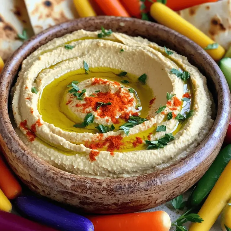 - 1 can (15 oz) chickpeas, drained and rinsed - 1/4 cup tahini - 2 tablespoons olive oil - 2 tablespoons fresh lemon juice - 1 clove garlic, minced - 1/2 teaspoon ground cumin - Salt, to taste - Water, as needed - Paprika and fresh parsley for garnish What can I use instead of tahini? If you don’t have tahini, you can use peanut butter or sunflower seed butter. These options keep the creaminess and flavor. Using fresh versus canned chickpeas? You can use fresh chickpeas if you soak and cook them first. Canned chickpeas save time and still taste great. How to adjust for dietary restrictions? To make hummus nut-free, skip tahini. Use lemon juice and olive oil for richness. If you want a low-sodium version, rinse canned chickpeas well. This helps lower the salt content. Using these ingredients, you can make a tasty and healthy hummus. For the full recipe, check the other section. First, we need to prepare the chickpeas. If you use canned chickpeas, simply drain and rinse them well. This step is important to remove excess salt. If you prefer dried chickpeas, soak them overnight. Then, cook them until they are tender. This will give your hummus a great texture. Next, measure your ingredients carefully: - 1 can (15 oz) chickpeas, drained and rinsed - 1/4 cup tahini - 2 tablespoons olive oil - 2 tablespoons fresh lemon juice - 1 clove garlic, minced - 1/2 teaspoon ground cumin - Salt, to taste - Water, as needed - Paprika and fresh parsley for garnish For equipment, you will need a food processor. This tool makes blending easy. A measuring cup and spoons are also helpful for accuracy. Lastly, have a spatula on hand to scrape the sides of the bowl. Now, it's time to blend. Add all the prepared ingredients into the food processor. Start the machine and blend until the mixture is smooth. If the hummus feels too thick, slowly add water. Do this one tablespoon at a time. Blend again until you reach your desired consistency. During blending, taste the hummus. If you want more flavor, add extra salt or lemon juice. This step is key to making your hummus perfect. Once your hummus is ready, it's time to serve. Transfer it to a serving bowl. Use the back of a spoon to make a small well in the center. This creates a nice look and holds the olive oil. Next, drizzle a bit of olive oil into the well. Sprinkle paprika and chopped fresh parsley on top for a pop of color. For dippers, serve your hummus with pita bread, vegetable sticks, or crackers. Arrange them around the bowl for a beautiful presentation. Enjoy your homemade hummus with friends or family! To make smooth hummus, start with good chickpeas. You can soak and cook them from scratch for better flavor. Soaking makes them softer and easier to blend. If you use canned chickpeas, be sure to rinse them well. This helps remove extra salt and improves taste. For creaminess, blend the hummus until it is very smooth. If it feels thick, add a little water. Do this slowly, one tablespoon at a time. This way, you can control the texture. You want it to be light and fluffy, not heavy. To make your hummus exciting, try adding spices. A pinch of smoked paprika gives a nice kick. You can also add ground coriander or cumin for warmth. If you like heat, toss in some cayenne pepper. Herbs can really change the flavor too. Fresh parsley or cilantro adds a bright touch. You can mix in roasted garlic for a sweeter taste. Experiment to find your favorite blend of spices and herbs. Many people over-process hummus. This can make it too airy and lose its rich flavor. Blend it just enough to get a creamy texture. Another mistake is neglecting seasoning. Always taste your hummus before serving. Add more salt, lemon juice, or spices if needed. This simple step can elevate your dish greatly. Making hummus is fun, and with these tips, you will make a great snack. Try the Full Recipe for delicious results! {{image_2}} You can make hummus exciting with different flavors. Here are three fun ideas: - Roasted red pepper hummus: Blend in roasted red peppers for a sweet, smoky taste. - Spicy hummus with jalapeños: Add fresh or pickled jalapeños for a zesty kick. - Herb-infused hummus variations: Mix in fresh herbs like basil or cilantro for a fresh twist. Hummus is great for many diets. Here are some options: - Vegan and gluten-free options: The basic recipe is vegan and gluten-free. Use chickpeas and tahini; they are safe for all. - Low-fat or low-sodium adjustments: Use less olive oil for low fat. Add lemon juice for flavor without salt. You can serve hummus in creative ways. Try these ideas: - Creative serving ideas for gatherings: Serve hummus in a bowl with colorful veggies and pita chips around it. - Use in recipes beyond dips: Spread hummus on sandwiches or wraps for extra flavor. You can also use it in salads for a creamy dressing. Explore these variations to find your favorite flavor. For the basic recipe, check out the Full Recipe! To keep your hummus fresh, use airtight containers. Glass jars or plastic containers work well. Make sure the lid is tight. This helps keep out air and moisture. Store your hummus in the fridge right after making it. It tastes best when cold. Homemade hummus lasts about five to seven days in the fridge. Always check for signs of spoilage. If you see mold or notice a bad smell, throw it away. You can freeze hummus for up to three months. Divide it into smaller portions. This makes it easy to thaw only what you need. To thaw, place the container in the fridge overnight. After thawing, mix it well to bring back the flavor. If it tastes bland, add a little olive oil or lemon juice to freshen it up. Homemade hummus lasts about 4 to 5 days in the fridge. Store it in an airtight container. Always check for any off smells or changes in texture before eating. Yes, you can make hummus without tahini. Just replace it with extra olive oil or yogurt. You will still get a tasty dip! You can use avocado oil or sesame oil instead of olive oil. They add different flavors but still keep it healthy. If your hummus tastes bitter, add a bit more lemon juice or salt. You can also blend in a little more garlic to balance the flavors. Hummus is a healthy snack option! It is high in protein and fiber. Enjoy it with veggies or whole-grain crackers for a nutritious treat. Making hummus at home is easy and fun. We covered the ingredients, steps, and tips. You now know how to adjust flavors, store, and serve hummus in various ways. Remember, experimenting with ingredients can lead to new favorites. Enjoy the reward of creating something delicious and healthy. With this guide, you’ll impress family and friends with your hummus skills. Get blending and start tasting your creations today!