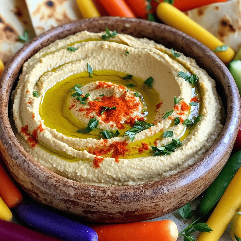 - 1 can (15 oz) chickpeas, drained and rinsed - 1/4 cup tahini - 2 tablespoons olive oil - 2 tablespoons fresh lemon juice - 1 clove garlic, minced - 1/2 teaspoon ground cumin - Salt, to taste - Water, as needed - Paprika and fresh parsley for garnish What can I use instead of tahini? If you don’t have tahini, you can use peanut butter or sunflower seed butter. These options keep the creaminess and flavor. Using fresh versus canned chickpeas? You can use fresh chickpeas if you soak and cook them first. Canned chickpeas save time and still taste great. How to adjust for dietary restrictions? To make hummus nut-free, skip tahini. Use lemon juice and olive oil for richness. If you want a low-sodium version, rinse canned chickpeas well. This helps lower the salt content. Using these ingredients, you can make a tasty and healthy hummus. For the full recipe, check the other section. First, we need to prepare the chickpeas. If you use canned chickpeas, simply drain and rinse them well. This step is important to remove excess salt. If you prefer dried chickpeas, soak them overnight. Then, cook them until they are tender. This will give your hummus a great texture. Next, measure your ingredients carefully: - 1 can (15 oz) chickpeas, drained and rinsed - 1/4 cup tahini - 2 tablespoons olive oil - 2 tablespoons fresh lemon juice - 1 clove garlic, minced - 1/2 teaspoon ground cumin - Salt, to taste - Water, as needed - Paprika and fresh parsley for garnish For equipment, you will need a food processor. This tool makes blending easy. A measuring cup and spoons are also helpful for accuracy. Lastly, have a spatula on hand to scrape the sides of the bowl. Now, it's time to blend. Add all the prepared ingredients into the food processor. Start the machine and blend until the mixture is smooth. If the hummus feels too thick, slowly add water. Do this one tablespoon at a time. Blend again until you reach your desired consistency. During blending, taste the hummus. If you want more flavor, add extra salt or lemon juice. This step is key to making your hummus perfect. Once your hummus is ready, it's time to serve. Transfer it to a serving bowl. Use the back of a spoon to make a small well in the center. This creates a nice look and holds the olive oil. Next, drizzle a bit of olive oil into the well. Sprinkle paprika and chopped fresh parsley on top for a pop of color. For dippers, serve your hummus with pita bread, vegetable sticks, or crackers. Arrange them around the bowl for a beautiful presentation. Enjoy your homemade hummus with friends or family! To make smooth hummus, start with good chickpeas. You can soak and cook them from scratch for better flavor. Soaking makes them softer and easier to blend. If you use canned chickpeas, be sure to rinse them well. This helps remove extra salt and improves taste. For creaminess, blend the hummus until it is very smooth. If it feels thick, add a little water. Do this slowly, one tablespoon at a time. This way, you can control the texture. You want it to be light and fluffy, not heavy. To make your hummus exciting, try adding spices. A pinch of smoked paprika gives a nice kick. You can also add ground coriander or cumin for warmth. If you like heat, toss in some cayenne pepper. Herbs can really change the flavor too. Fresh parsley or cilantro adds a bright touch. You can mix in roasted garlic for a sweeter taste. Experiment to find your favorite blend of spices and herbs. Many people over-process hummus. This can make it too airy and lose its rich flavor. Blend it just enough to get a creamy texture. Another mistake is neglecting seasoning. Always taste your hummus before serving. Add more salt, lemon juice, or spices if needed. This simple step can elevate your dish greatly. Making hummus is fun, and with these tips, you will make a great snack. Try the Full Recipe for delicious results! {{image_2}} You can make hummus exciting with different flavors. Here are three fun ideas: - Roasted red pepper hummus: Blend in roasted red peppers for a sweet, smoky taste. - Spicy hummus with jalapeños: Add fresh or pickled jalapeños for a zesty kick. - Herb-infused hummus variations: Mix in fresh herbs like basil or cilantro for a fresh twist. Hummus is great for many diets. Here are some options: - Vegan and gluten-free options: The basic recipe is vegan and gluten-free. Use chickpeas and tahini; they are safe for all. - Low-fat or low-sodium adjustments: Use less olive oil for low fat. Add lemon juice for flavor without salt. You can serve hummus in creative ways. Try these ideas: - Creative serving ideas for gatherings: Serve hummus in a bowl with colorful veggies and pita chips around it. - Use in recipes beyond dips: Spread hummus on sandwiches or wraps for extra flavor. You can also use it in salads for a creamy dressing. Explore these variations to find your favorite flavor. For the basic recipe, check out the Full Recipe! To keep your hummus fresh, use airtight containers. Glass jars or plastic containers work well. Make sure the lid is tight. This helps keep out air and moisture. Store your hummus in the fridge right after making it. It tastes best when cold. Homemade hummus lasts about five to seven days in the fridge. Always check for signs of spoilage. If you see mold or notice a bad smell, throw it away. You can freeze hummus for up to three months. Divide it into smaller portions. This makes it easy to thaw only what you need. To thaw, place the container in the fridge overnight. After thawing, mix it well to bring back the flavor. If it tastes bland, add a little olive oil or lemon juice to freshen it up. Homemade hummus lasts about 4 to 5 days in the fridge. Store it in an airtight container. Always check for any off smells or changes in texture before eating. Yes, you can make hummus without tahini. Just replace it with extra olive oil or yogurt. You will still get a tasty dip! You can use avocado oil or sesame oil instead of olive oil. They add different flavors but still keep it healthy. If your hummus tastes bitter, add a bit more lemon juice or salt. You can also blend in a little more garlic to balance the flavors. Hummus is a healthy snack option! It is high in protein and fiber. Enjoy it with veggies or whole-grain crackers for a nutritious treat. Making hummus at home is easy and fun. We covered the ingredients, steps, and tips. You now know how to adjust flavors, store, and serve hummus in various ways. Remember, experimenting with ingredients can lead to new favorites. Enjoy the reward of creating something delicious and healthy. With this guide, you’ll impress family and friends with your hummus skills. Get blending and start tasting your creations today!