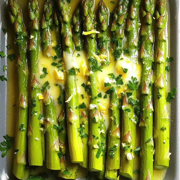 - 1 pound fresh asparagus, trimmed - 3 tablespoons unsalted butter - 2 tablespoons fresh lemon juice - 1 teaspoon lemon zest - 2 cloves garlic, minced - Salt and pepper to taste - 1 tablespoon freshly chopped parsley (for garnish) You can swap butter for olive oil or coconut oil for a different taste. If you want to add a fresh flavor, try using dill or thyme instead of parsley. You can also use garlic powder if you don't have fresh garlic on hand. Fresh asparagus is more tender and flavorful. You can find it in stores during spring. It cooks faster and keeps its bright color. If you use frozen asparagus, it’s best to thaw it first. To thaw, place it in the fridge overnight or run cold water over it for a few minutes. This helps keep the texture nice when cooking. - Rinse and trim asparagus: Start by rinsing 1 pound of fresh asparagus under cold water. Trim the woody ends off to keep the tender parts. This makes it easy to eat. - Gather all ingredients: For this dish, you need unsalted butter, lemon juice, lemon zest, garlic, salt, pepper, and parsley. Having everything ready helps the cooking go smoothly. - Melting butter and sautéing garlic: In a large skillet, melt 3 tablespoons of unsalted butter over medium heat. When it foams, add 2 cloves of minced garlic. Sauté for about 30 seconds to release the flavor but avoid browning the garlic. - Cooking the asparagus in the skillet: Add the trimmed asparagus to the skillet. Stir it well to coat all the pieces in the garlic butter. Cook for about 5 to 7 minutes. Turn the asparagus occasionally until it becomes tender and bright green. - Adding lemon juice and zest: Squeeze 2 tablespoons of fresh lemon juice over the asparagus. Sprinkle in 1 teaspoon of lemon zest, salt, and pepper to taste. Toss everything together to mix the flavors. - Serving suggestions and presentation tips: Cook for another minute to heat through. Remove the skillet from heat and garnish with 1 tablespoon of freshly chopped parsley. This adds color and a fresh touch to the dish. Serve your lemon butter asparagus warm for the best taste. For the full recipe, check the recipe section. To get the perfect tenderness in asparagus, focus on timing. Cook the asparagus for about 5-7 minutes. This method keeps it bright green and crisp. If you want a softer texture, add just one more minute. Always check it with a fork. You want it tender but not mushy. To avoid overcooking asparagus, stay close to the stove. Turn the asparagus occasionally while it cooks. This helps it cook evenly. If you notice it turning dull or limp, it’s overcooked. Remove it from the heat right away. To elevate the dish, consider adding spices like red pepper flakes or paprika. These add a nice kick without overpowering the lemon flavor. A pinch of nutmeg can also work wonders, giving a warm depth to the taste. Balancing acidity and richness is key. The lemon juice adds brightness while the butter adds creaminess. If you want more zing, add extra lemon juice. If it feels too tart, a pinch of sugar can help. Lemon butter asparagus pairs well with grilled chicken or fish. The bright flavors complement the richness of meats. For a vegetarian option, serve it with quinoa or couscous to round out the meal. For ideal side-dish complements, think about roasted potatoes or a fresh salad. These sides add texture and color, making the plate more appealing. You can also drizzle some of the lemon butter sauce over these dishes for a cohesive flavor. For more details on making this dish, check out the full recipe! {{image_2}} You can add seasonal vegetables to your lemon butter asparagus. Try fresh peas or cherry tomatoes. They add color and flavor. You can also use different citrus fruits. Lime or orange juice can brighten the dish in new ways. If you want a vegan or dairy-free version, swap the butter for olive oil. It keeps the dish light and tasty. For gluten-free options, rest assured this recipe is naturally gluten-free. Just check any other ingredients you may add. Want to change up the flavor? Try a Mediterranean twist. Add olives and feta cheese to the dish. This gives it a rich and salty taste. For an Asian-inspired version, use soy sauce and sesame oil. This will create a unique and savory meal. You can find the full recipe for lemon butter asparagus above. Enjoy experimenting! To store leftover lemon butter asparagus, let it cool first. Then, place it in an airtight container. This keeps the flavors fresh and helps maintain texture. I recommend using glass containers. They do a great job of sealing in moisture and flavor. The best method for reheating is in a skillet. Heat it over low heat. Add a small splash of water or lemon juice to keep it moist. Stir occasionally to warm it evenly. This method helps keep the asparagus tender and bright. Avoid using the microwave if you want to keep its crunch. Can you freeze lemon butter asparagus? Yes, you can! Here’s how to freeze it step-by-step: 1. Blanch the asparagus first. Boil it for 2-3 minutes, then shock it in ice water. This keeps the green color and taste. 2. Drain and dry the asparagus well. 3. Place it in a freezer-safe bag. Remove as much air as you can. 4. Label the bag with the date and freeze. Frozen lemon butter asparagus is best used within three months. When you are ready to eat it, thaw in the fridge overnight before reheating. Enjoy that fresh taste even in winter! How long does asparagus take to cook? Asparagus cooks quickly. It usually takes about 5 to 7 minutes in a skillet. The best sign is when it turns bright green and feels tender. For grilling, it may take a bit longer. What can I do with leftover lemon butter sauce? You can use leftover lemon butter sauce in many ways. Drizzle it over cooked fish or chicken. Toss it with pasta or use it in a salad dressing. You can even save it for a bread dip. Can I grill asparagus instead? Yes, grilling asparagus adds a smoky flavor. Just toss it with the lemon butter sauce before placing it on the grill. Cook for about 8 to 10 minutes, turning occasionally. What’s the best way to trim asparagus? To trim asparagus, hold a stalk in both hands. Bend it gently until it snaps. This break point is where the tough part ends. You can then cut the rest of the bunch to the same length. Can I use other kinds of butter? Absolutely! You can use garlic butter or herb butter for extra flavor. If you want a creamier taste, try using ghee or olive oil butter. Is there a way to make this recipe low-calorie? To make this recipe low-calorie, reduce the butter amount. You can also replace it with a light olive oil spray. Use less lemon juice to cut calories while keeping flavor. This blog post covers all you need for a delicious lemon butter asparagus dish. We talked about ingredients, how to cook, and tips for great taste. You learned about fresh and frozen asparagus, cooking techniques, and flavorful variations. Remember to store leftovers properly and try different herbs or spices to change things up. Whether as a side dish or a main event, this recipe will brighten your meals. Enjoy your cooking and feel free to explore new twists on this classic dish!