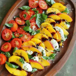 - 4 ripe peaches, sliced - 8 oz fresh mozzarella, sliced - 1 cup cherry tomatoes, halved - 1/4 cup fresh basil leaves - 3 tablespoons balsamic glaze - 2 tablespoons extra virgin olive oil - Salt and freshly ground black pepper to taste Fresh ingredients make this salad shine. Ripe peaches bring sweetness and juiciness. Fresh mozzarella adds creaminess. Cherry tomatoes offer a burst of flavor. Basil leaves give that lovely herbal note. Balsamic glaze and olive oil tie it all together. A sprinkle of salt and pepper enhances every bite. To select ripe peaches, look for smooth skin and a fragrant scent. Gently press the fruit; it should yield slightly. Avoid peaches with wrinkles or blemishes. There are two types of peaches: freestone and clingstone. Freestone peaches have pits that come out easily. Clingstone peaches stick to the pit and are harder to slice. Both types work well, but freestone peaches are easier to handle. You need a few simple tools to make this salad. A sharp knife helps slice the fruits and cheese. A cutting board provides a safe surface for cutting. A large serving platter showcases your beautiful salad. Lastly, a small bowl can hold your oil and glaze for easy drizzling. Keep these tools handy to make your prep quick and easy. For the full recipe, check out [Full Recipe]. First, wash your peaches, cherry tomatoes, and basil leaves. This step is crucial. I like to run them under cold water. Pat them dry with a clean cloth. Next, slice the peaches and mozzarella into even rounds. Aim for about half an inch thick. This keeps the texture consistent. For presentation, use a large serving platter. A colorful plate makes the salad pop. Arrange the peach and mozzarella slices in an alternating pattern. It looks great and makes for easy serving. Start layering your peaches and mozzarella on the plate. Place a peach slice next to a mozzarella slice. Continue this pattern around the platter. This gives a nice visual effect. Now, add the cherry tomatoes. Scatter them around the peaches and mozzarella. Their bright color adds flair. Finally, tear the basil leaves into smaller pieces. Sprinkle these over the salad for a fresh touch. Drizzle balsamic glaze and olive oil over the salad. This adds depth and flavor. Make sure each ingredient gets some love. Next, season with a sprinkle of salt and freshly ground black pepper. This enhances all the flavors. For an extra touch, you can toss the salad gently. This mixes the flavors but leaves it beautiful. Follow these steps, and you will create a Peach Caprese Salad that shines. For more details, check the Full Recipe. To enhance your Peach Caprese Salad, marinate the peaches. Just slice them and mix in a bowl with a bit of balsamic glaze. Let it sit for 15 minutes. This will deepen their flavor. You can also try different dressings. A lemon vinaigrette adds a bright twist. Or, use a yogurt dressing for creaminess. This salad pairs well with grilled meats, like chicken or steak. It also goes great with seafood, such as shrimp or salmon. Serve it at picnics or summer parties. It brightens up any table. You can even serve it as a light main dish on warm nights. You can prep the salad a few hours in advance. Slice the peaches and mozzarella, and store them separately. This keeps them fresh. Combine everything just before serving. For storage, use an airtight container. This keeps the salad crisp and tasty. Avoid dressing it until right before you eat. This keeps the flavors fresh. {{image_2}} You can easily change up the Peach Caprese salad. Adding other fruits like strawberries or figs can enhance the taste. Strawberries bring a sweet, juicy burst. Figs add a rich, earthy flavor. Both fruits mix well with peaches and mozzarella. You can also try different herbs. Instead of basil, use mint for a fresh twist. Dill can offer a unique taste. Mixing herbs can surprise your taste buds and make the salad fun. If you want a vegan-friendly option, use plant-based mozzarella. Many brands offer great dairy-free cheese. You can also swap the balsamic glaze for a simple lemon juice dressing. This keeps the salad light and fresh. For low-carb or gluten-free diets, skip the balsamic glaze. Use a splash of olive oil and a sprinkle of salt instead. This keeps the flavors bright while fitting dietary needs. You can explore Mediterranean-style Peach Caprese variations. Add olives or artichokes for a savory touch. These ingredients will give a unique flavor profile. You might also find influences from other cuisines. For instance, using a spicy chili oil can add heat. This twist can make your salad exciting and bold. Each variation keeps the essence of the Peach Caprese salad while adding new layers of flavor. To keep your Peach Caprese Salad fresh, store leftovers in an airtight container. This helps seal in moisture and flavor. Place the salad in the fridge. It will stay good for about two days. After that, the peaches and mozzarella may lose their texture. Check your salad for signs of spoilage. If the peaches turn brown or mushy, it’s time to toss them. Mozzarella that feels slimy is also bad. If the basil wilts, you can still use it. Just trim the ends and place them in water for a bit. You cannot freeze Peach Caprese Salad as is. Freezing changes the texture of the peaches and mozzarella. Instead, try freezing the basil. Chop the leaves and place them in ice cube trays with olive oil. This way, you can use basil later while cooking! A Peach Caprese Salad is a fresh and vibrant dish. It combines juicy peaches, creamy mozzarella, and sweet cherry tomatoes. Fresh basil adds a lovely aroma. Drizzled with balsamic glaze, this salad bursts with summer flavors. It's perfect for warm days and light meals. You can use canned peaches, but fresh ones shine brighter. Canned peaches often lack the crispness and flavor of fresh ones. They may also be sweeter, which can alter the salad's balance. For the best taste, stick with ripe, fresh peaches. To make this salad more filling, add protein. Grilled chicken or shrimp pairs well with the salad. You can also toss in some chickpeas or beans for a vegetarian option. Serve it with crusty bread or a side of quinoa for a complete meal. This salad is packed with vitamins and minerals. Peaches are high in vitamin C, which boosts your immune system. Mozzarella provides calcium for strong bones. Tomatoes are rich in antioxidants. Overall, this salad is a low-calorie option that supports a healthy diet. You can make homemade balsamic glaze with just two ingredients. Combine balsamic vinegar and honey in a pot. Simmer until it thickens. If you want a spicy kick, add a pinch of red pepper flakes. You can also experiment by adding herbs like rosemary for a unique flavor. In this post, we explored how to make a vibrant Peach Caprese Salad. We covered the right fresh ingredients, tips for choosing peaches, and essential equipment. I provided step-by-step instructions, along with helpful tips and serving suggestions. You can customize the salad for any occasion, making it truly your own. For freshness, proper storage is key. Remember, a well-made Peach Caprese Salad can be a hit at any meal. Enjoy creating your own unique version!