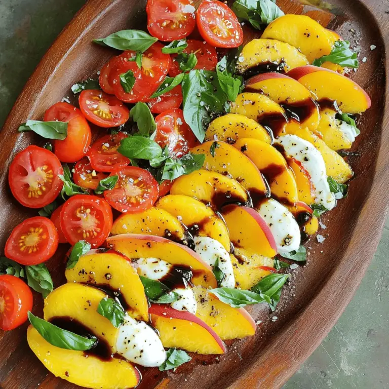 - 4 ripe peaches, sliced - 8 oz fresh mozzarella, sliced - 1 cup cherry tomatoes, halved - 1/4 cup fresh basil leaves - 3 tablespoons balsamic glaze - 2 tablespoons extra virgin olive oil - Salt and freshly ground black pepper to taste Fresh ingredients make this salad shine. Ripe peaches bring sweetness and juiciness. Fresh mozzarella adds creaminess. Cherry tomatoes offer a burst of flavor. Basil leaves give that lovely herbal note. Balsamic glaze and olive oil tie it all together. A sprinkle of salt and pepper enhances every bite. To select ripe peaches, look for smooth skin and a fragrant scent. Gently press the fruit; it should yield slightly. Avoid peaches with wrinkles or blemishes. There are two types of peaches: freestone and clingstone. Freestone peaches have pits that come out easily. Clingstone peaches stick to the pit and are harder to slice. Both types work well, but freestone peaches are easier to handle. You need a few simple tools to make this salad. A sharp knife helps slice the fruits and cheese. A cutting board provides a safe surface for cutting. A large serving platter showcases your beautiful salad. Lastly, a small bowl can hold your oil and glaze for easy drizzling. Keep these tools handy to make your prep quick and easy. For the full recipe, check out [Full Recipe]. First, wash your peaches, cherry tomatoes, and basil leaves. This step is crucial. I like to run them under cold water. Pat them dry with a clean cloth. Next, slice the peaches and mozzarella into even rounds. Aim for about half an inch thick. This keeps the texture consistent. For presentation, use a large serving platter. A colorful plate makes the salad pop. Arrange the peach and mozzarella slices in an alternating pattern. It looks great and makes for easy serving. Start layering your peaches and mozzarella on the plate. Place a peach slice next to a mozzarella slice. Continue this pattern around the platter. This gives a nice visual effect. Now, add the cherry tomatoes. Scatter them around the peaches and mozzarella. Their bright color adds flair. Finally, tear the basil leaves into smaller pieces. Sprinkle these over the salad for a fresh touch. Drizzle balsamic glaze and olive oil over the salad. This adds depth and flavor. Make sure each ingredient gets some love. Next, season with a sprinkle of salt and freshly ground black pepper. This enhances all the flavors. For an extra touch, you can toss the salad gently. This mixes the flavors but leaves it beautiful. Follow these steps, and you will create a Peach Caprese Salad that shines. For more details, check the Full Recipe. To enhance your Peach Caprese Salad, marinate the peaches. Just slice them and mix in a bowl with a bit of balsamic glaze. Let it sit for 15 minutes. This will deepen their flavor. You can also try different dressings. A lemon vinaigrette adds a bright twist. Or, use a yogurt dressing for creaminess. This salad pairs well with grilled meats, like chicken or steak. It also goes great with seafood, such as shrimp or salmon. Serve it at picnics or summer parties. It brightens up any table. You can even serve it as a light main dish on warm nights. You can prep the salad a few hours in advance. Slice the peaches and mozzarella, and store them separately. This keeps them fresh. Combine everything just before serving. For storage, use an airtight container. This keeps the salad crisp and tasty. Avoid dressing it until right before you eat. This keeps the flavors fresh. {{image_2}} You can easily change up the Peach Caprese salad. Adding other fruits like strawberries or figs can enhance the taste. Strawberries bring a sweet, juicy burst. Figs add a rich, earthy flavor. Both fruits mix well with peaches and mozzarella. You can also try different herbs. Instead of basil, use mint for a fresh twist. Dill can offer a unique taste. Mixing herbs can surprise your taste buds and make the salad fun. If you want a vegan-friendly option, use plant-based mozzarella. Many brands offer great dairy-free cheese. You can also swap the balsamic glaze for a simple lemon juice dressing. This keeps the salad light and fresh. For low-carb or gluten-free diets, skip the balsamic glaze. Use a splash of olive oil and a sprinkle of salt instead. This keeps the flavors bright while fitting dietary needs. You can explore Mediterranean-style Peach Caprese variations. Add olives or artichokes for a savory touch. These ingredients will give a unique flavor profile. You might also find influences from other cuisines. For instance, using a spicy chili oil can add heat. This twist can make your salad exciting and bold. Each variation keeps the essence of the Peach Caprese salad while adding new layers of flavor. To keep your Peach Caprese Salad fresh, store leftovers in an airtight container. This helps seal in moisture and flavor. Place the salad in the fridge. It will stay good for about two days. After that, the peaches and mozzarella may lose their texture. Check your salad for signs of spoilage. If the peaches turn brown or mushy, it’s time to toss them. Mozzarella that feels slimy is also bad. If the basil wilts, you can still use it. Just trim the ends and place them in water for a bit. You cannot freeze Peach Caprese Salad as is. Freezing changes the texture of the peaches and mozzarella. Instead, try freezing the basil. Chop the leaves and place them in ice cube trays with olive oil. This way, you can use basil later while cooking! A Peach Caprese Salad is a fresh and vibrant dish. It combines juicy peaches, creamy mozzarella, and sweet cherry tomatoes. Fresh basil adds a lovely aroma. Drizzled with balsamic glaze, this salad bursts with summer flavors. It's perfect for warm days and light meals. You can use canned peaches, but fresh ones shine brighter. Canned peaches often lack the crispness and flavor of fresh ones. They may also be sweeter, which can alter the salad's balance. For the best taste, stick with ripe, fresh peaches. To make this salad more filling, add protein. Grilled chicken or shrimp pairs well with the salad. You can also toss in some chickpeas or beans for a vegetarian option. Serve it with crusty bread or a side of quinoa for a complete meal. This salad is packed with vitamins and minerals. Peaches are high in vitamin C, which boosts your immune system. Mozzarella provides calcium for strong bones. Tomatoes are rich in antioxidants. Overall, this salad is a low-calorie option that supports a healthy diet. You can make homemade balsamic glaze with just two ingredients. Combine balsamic vinegar and honey in a pot. Simmer until it thickens. If you want a spicy kick, add a pinch of red pepper flakes. You can also experiment by adding herbs like rosemary for a unique flavor. In this post, we explored how to make a vibrant Peach Caprese Salad. We covered the right fresh ingredients, tips for choosing peaches, and essential equipment. I provided step-by-step instructions, along with helpful tips and serving suggestions. You can customize the salad for any occasion, making it truly your own. For freshness, proper storage is key. Remember, a well-made Peach Caprese Salad can be a hit at any meal. Enjoy creating your own unique version!